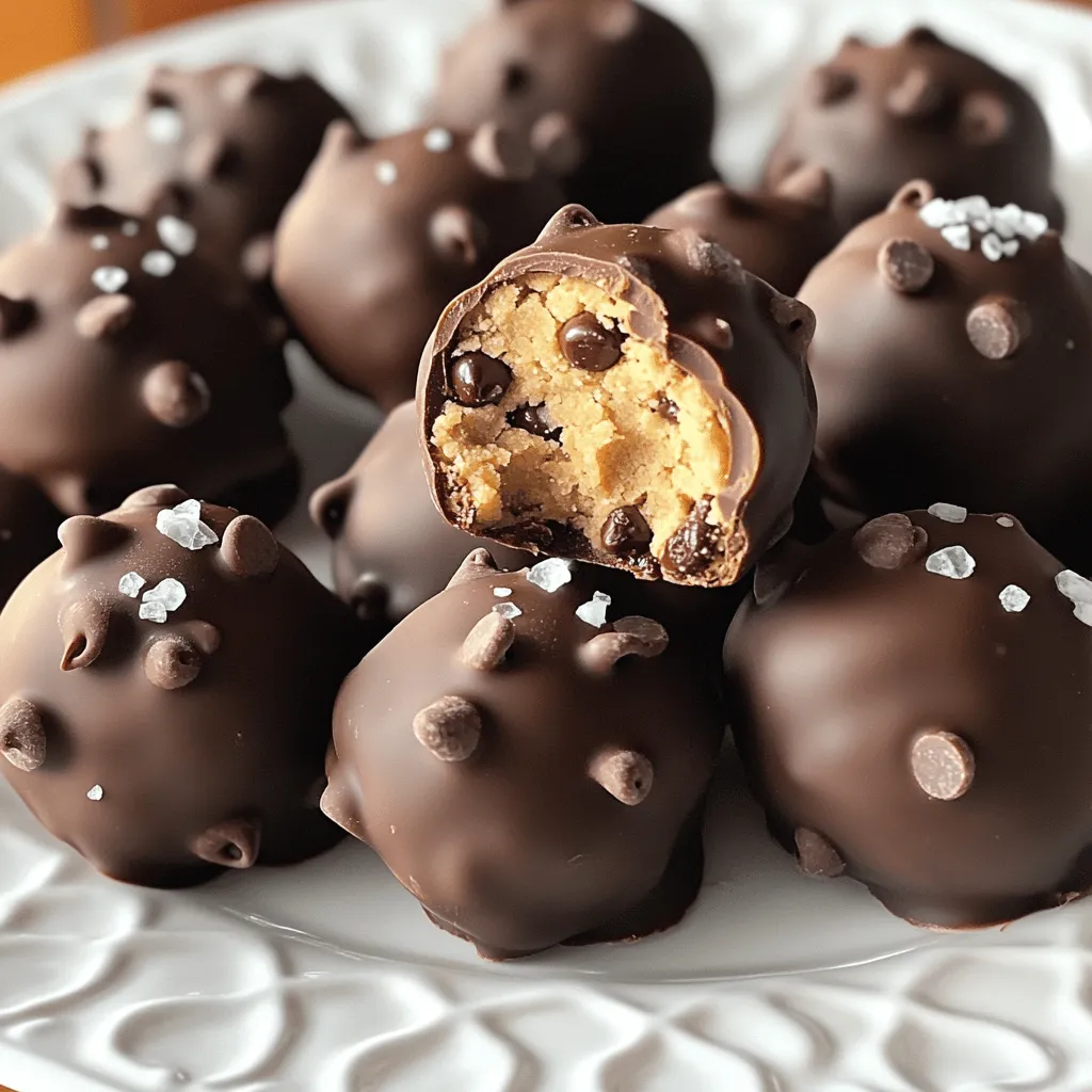 - 1 cup all-purpose flour - ½ cup unsalted butter, softened - ½ cup brown sugar, packed - ¼ cup granulated sugar - 1 teaspoon vanilla extract - 1 teaspoon salt - ½ cup mini chocolate chips - 1 cup semi-sweet chocolate chips (for coating) - 1 tablespoon coconut oil (optional, for smoother coating) The ingredients for Chocolate Chip Cookie Dough Truffles are simple but key. First, we have all-purpose flour. This gives the truffles their classic cookie dough texture. It’s important to heat the flour first to kill any bacteria. Next is unsalted butter. It should be soft to blend well with the sugars. The brown sugar adds a rich, caramel-like flavor, while the granulated sugar brings that sweet crunch. Vanilla extract adds a warm flavor. Salt is crucial too, as it balances the sweetness. The mini chocolate chips add fun bursts of chocolate in each bite. Finally, we coat the truffles with semi-sweet chocolate chips. Adding coconut oil makes the coating smooth and shiny, but it’s optional. - Alternatives for butter: You can use coconut oil or vegan butter for a dairy-free option. - Gluten-free flour options: Almond flour or gluten-free all-purpose flour work well as substitutes. - Vegan ingredient swaps: Use maple syrup instead of sugar and coconut cream instead of butter for a vegan treat. These substitutions allow for different diets while keeping the taste delicious. Adjust as needed to fit your preferences. 1. Heating flour for safety: Start by heating 1 cup of all-purpose flour in the microwave for about 1 minute. This step makes the flour safe to eat. It kills any germs. Let it cool a bit after heating. 2. Creaming butter and sugars: In a large bowl, add ½ cup of softened unsalted butter, ½ cup of brown sugar, and ¼ cup of granulated sugar. Mix these together until they are light and fluffy. This step adds air to your dough. 3. Mixing in other ingredients: Next, add 1 teaspoon of vanilla extract and 1 teaspoon of salt to the butter mixture. Stir until everything is well combined. Gradually mix in the cooled flour. Keep mixing until a dough forms. Finally, fold in ½ cup of mini chocolate chips. Make sure they are evenly spread throughout the dough. 1. Techniques for evenly sized balls: Use a small scoop or spoon to take out portions of dough. Roll each portion into a ball about 1 inch in diameter. Place the balls on a parchment-lined baking sheet. This helps keep the truffles from sticking. 2. Freezing tips for firmness: Once you have rolled all the dough into balls, freeze them for about 30 minutes. This step helps the truffles firm up. A firm truffle is easier to coat with chocolate. 1. Melting chocolate methods: In a microwave-safe bowl, combine 1 cup of semi-sweet chocolate chips and 1 tablespoon of coconut oil if you want a smoother finish. Microwave this mixture in 30-second intervals. Stir between each interval until the chocolate is fully melted and smooth. 2. Dipping tips for a smooth finish: Take each frozen cookie dough ball and dip it into the melted chocolate. Make sure to cover it completely. Use a fork to lift it out. Let any extra chocolate drip off before placing it back on the parchment-lined sheet. This helps create a nice finish. After coating all truffles, put them back in the fridge for at least 15 minutes to let the chocolate set. To make great truffles, pay close attention to your ingredients. Start with softened butter, as it helps create a creamy dough. The flour should be heated to kill any bacteria. This step is key to safe eating. Let it cool before mixing it in. For the dough's consistency, aim for a soft but not sticky texture. If it feels too dry, add a tiny bit of milk. If it's too wet, mix in a bit more flour. Getting this balance right ensures your truffles hold their shape. Serving your truffles can be fun! Place them on a fancy plate. Arrange them in a circle or stack them for height. For a special touch, sprinkle a few extra mini chocolate chips or some sea salt on top. This adds color and makes them look gourmet. You can also use cupcake liners for individual servings. This makes it easy to grab and enjoy. Add a small tag with the flavor or a fun note for guests. One common mistake is overmixing the dough. This can make your truffles tough. Mix just until everything is combined for a soft texture. When dipping in chocolate, ensure it’s fully melted. If it’s too thick, add a bit of coconut oil. This gives a smoother finish. Also, let excess chocolate drip off before placing them back on the sheet. This prevents clumping. Following these tips will help you create perfect Chocolate Chip Cookie Dough Truffles every time! {{image_2}} You can make your truffles even better by adding nuts or different types of chocolate. Chopped walnuts or pecans add crunch and flavor. Try using dark chocolate chips or white chocolate chips for a twist. You can also use flavored extracts like almond or mint. These flavors make your truffles stand out. Adding sprinkles, candies, or crushed cookies can bring fun to your truffles. You can mix in mini M&Ms or crushed Oreos for a new taste. Seasonal variations are also great! In December, add peppermint for a festive touch. During Easter, use pastel sprinkles. These little changes can make a big difference. You don’t have to stick to semi-sweet chocolate for coating. White or dark chocolate works well too. Each type gives a unique taste. You can also use crushed nuts as a coating. This adds extra texture and flavor. It’s fun to try different coatings to find your favorite. Store your chocolate chip cookie dough truffles in an airtight container. This helps keep them fresh and tasty. You can choose to refrigerate them or freeze them, depending on when you plan to eat them. - Refrigeration: If you keep them in the fridge, they stay good for about a week. - Freezing: If you want them to last longer, freeze them. They can stay fresh for up to three months. For both methods, make sure the container seals tightly. This helps avoid any unwanted smells from the fridge or freezer. How long can truffles be stored? When stored properly, your truffles can last a week in the fridge. In the freezer, they can last for three months. Look for signs of spoilage. If you see any mold or odd smells, it's best to toss them. Also, if the chocolate coating looks dull or has white spots, it's best to eat them soon. If your truffles lose their texture after storage, don't worry! You can restore their soft feel. Simply let them sit at room temperature for about 10-15 minutes before serving. For the best taste, serve them chilled. The cold chocolate coating adds a nice crunch. You can also pop them in the microwave for a few seconds to warm them slightly. Just be careful not to melt the chocolate. Enjoy your truffles fresh! To make these truffles gluten-free, simply swap the all-purpose flour for a gluten-free flour blend. Look for blends that measure cup-for-cup, which makes it easy. You can also use almond or coconut flour. Remember, always heat your flour in the microwave for safety. Yes, you can use various types of chocolate for coating. Dark chocolate adds a rich taste, while white chocolate offers a sweet flavor. You can also try milk chocolate for a classic sweet treat. Just ensure the chocolate melts smoothly for the best coating. You know the truffles are set when the chocolate coating is firm to the touch. After refrigerating them for at least 15 minutes, check if the chocolate is not sticky. If it feels solid and has a nice sheen, they are ready to enjoy. If you have leftover cookie dough, you can make mini cookie dough bites. Roll them into smaller balls and freeze them for later. You can also bake a few cookies if you want that classic treat. Just remember, raw dough is best enjoyed in small amounts! You learned how to make tasty truffles by following clear steps. We covered ingredients and helpful tips for the best texture. Remember, you can swap ingredients for different diets, like gluten-free or vegan. Storage is key for keeping them fresh. Avoid mistakes like overmixing to ensure a perfect treat. I hope you feel confident to try these recipes and make your own variations. Enjoy sharing them with others, and have fun creating!