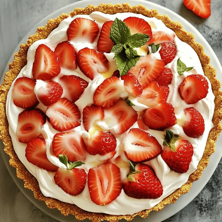 When making a No-Bake Strawberry Icebox Pie, gather a few simple ingredients. Each element plays a key role in the final taste and texture. - Graham cracker crust components - 1 ½ cups graham cracker crumbs - ½ cup unsalted butter, melted - 2 tablespoons granulated sugar - Cream cheese filling components - 8 oz cream cheese, softened - 1 cup powdered sugar - 1 teaspoon vanilla extract - 1 cup heavy whipping cream - Strawberry additions - 2 cups fresh strawberries, hulled and sliced - Fresh mint leaves for garnish Each ingredient adds flavor. The crust gives a sweet crunch. The cream cheese filling brings creaminess. Fresh strawberries add brightness. Mint leaves make it pretty. With these ingredients, you can create a refreshing treat everyone will love! First, grab a medium mixing bowl. Add the graham cracker crumbs, melted butter, and granulated sugar. Mix them until they look like wet sand. This step is key for a tasty crust. Next, take a 9-inch pie dish. Press the crumb mixture evenly into the bottom and up the sides. Use the back of a measuring cup to pack it tightly. This helps it hold together. Refrigerate the crust for about 30 minutes. This makes it firm and ready for filling. Now, let’s make the filling. In a large bowl, beat the softened cream cheese with an electric mixer. Mix until it becomes smooth and creamy. Gradually add the powdered sugar and vanilla extract. Keep beating until everything is fluffy and well combined. In another bowl, whip the heavy cream. You want soft peaks to form. This adds lightness to your filling. Carefully fold the whipped cream into the cream cheese mixture. Be gentle so you don’t deflate the whipped cream. Next, it's time for strawberries. Fold in the sliced strawberries into the cream cheese and whipped cream mixture. Save some strawberries for garnish later. Now, pour the strawberry filling into the prepared crust. Use a spatula to smooth the top. Cover the pie with plastic wrap. Refrigerate it for at least 3 hours or overnight. This helps it set and makes it easier to slice later. Once set, your pie is ready to serve! To make a great crust, start with the right texture. Mix your graham cracker crumbs, melted butter, and sugar until it looks like wet sand. This helps to bind it well. Press the crumb mix into your pie dish firmly. Use the back of a measuring cup for an even surface. Refrigerate the crust for about 30 minutes. This step helps it hold its shape. When whipping cream, aim for soft peaks. Use cold heavy cream and a chilled bowl. Start mixing on low speed and gradually increase. This helps keep the cream airy. Be gentle when folding the whipped cream into the cheese mix. Use a spatula and fold in a circular motion. This keeps the whipped cream from deflating. Garnish your pie for a nice touch. Use fresh strawberries and mint leaves. They add color and flavor. You can also serve it with a dollop of whipped cream on top. This pie pairs well with other desserts, like vanilla ice cream or chocolate sauce. Enjoy your refreshing treat! {{image_2}} You can switch up the strawberries in this pie. Try using blueberries or raspberries. Both fruits add a fresh twist. Blueberries give a sweet flavor, while raspberries add a tart touch. Mixing fruits creates a fun medley pie. Use a mix of strawberries, blueberries, and raspberries. This way, you get a burst of colors and flavors in each bite. Your guests will love the variety. If you want a change from the classic crust, consider alternatives. Use gluten-free crackers for a gluten-free option. These work just as well as regular graham crackers. You can also try a chocolate or cookie crust. A chocolate crust adds a rich taste. It pairs nicely with the creamy filling and fruit. Experiment with different crusts to find your favorite. Make your pie even better by adding flavor. Try adding lemon or lime zest to the filling. This will brighten the taste and give a nice zing. You can also experiment with flavored extracts. Adding almond or coconut extract can bring a new depth. Just a few drops can change the whole pie. These small tweaks can make your pie truly special. To keep your No-Bake Strawberry Icebox Pie fresh, place it in the refrigerator. Use plastic wrap or a pie cover to keep it safe from other odors. It stays fresh for up to four days. After that, the berries may start to lose their texture. If you want to save some pie for later, freezing is a great option. Slice the pie into pieces and wrap each slice in plastic wrap. Then, place the wrapped slices in a freezer bag. This way, you can enjoy a piece anytime! When you’re ready to eat it, take a slice out and let it thaw in the fridge for a few hours. Serve it chilled for the best taste. Yes, you can make this pie ahead of time. It is best to chill it for at least 3 hours before serving. You can prepare it the night before and let it set overnight. This makes it a great dessert for parties or gatherings. Just cover it with plastic wrap to keep it fresh. To keep the crust from getting soggy, make sure to pack it tightly. Use the back of a measuring cup to press the crumbs down firmly. Refrigerate the crust for about 30 minutes before adding the filling. You can also bake it for 10 minutes to create a firmer base. You can use Greek yogurt or mascarpone cheese as a substitute for cream cheese. Both options provide a creamy texture. If you want a lighter option, try using whipped coconut cream. Each alternative will change the flavor slightly, so choose one that suits your taste! You now have all the tools to create a delicious strawberry cream cheese pie. From making the crust to adding fresh strawberries, every step is simple and fun. Remember to keep the right texture for the crust and whip the cream properly. Don't hesitate to try different fruits or crusts for your pie. Store leftovers in the fridge or freeze them for later. With these tips, you'll impress family and friends with your baking skills. Enjoy each slice of your tasty masterpiece!