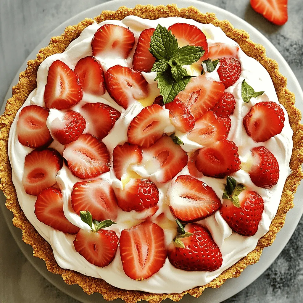 When making a No-Bake Strawberry Icebox Pie, gather a few simple ingredients. Each element plays a key role in the final taste and texture. - Graham cracker crust components - 1 ½ cups graham cracker crumbs - ½ cup unsalted butter, melted - 2 tablespoons granulated sugar - Cream cheese filling components - 8 oz cream cheese, softened - 1 cup powdered sugar - 1 teaspoon vanilla extract - 1 cup heavy whipping cream - Strawberry additions - 2 cups fresh strawberries, hulled and sliced - Fresh mint leaves for garnish Each ingredient adds flavor. The crust gives a sweet crunch. The cream cheese filling brings creaminess. Fresh strawberries add brightness. Mint leaves make it pretty. With these ingredients, you can create a refreshing treat everyone will love! First, grab a medium mixing bowl. Add the graham cracker crumbs, melted butter, and granulated sugar. Mix them until they look like wet sand. This step is key for a tasty crust. Next, take a 9-inch pie dish. Press the crumb mixture evenly into the bottom and up the sides. Use the back of a measuring cup to pack it tightly. This helps it hold together. Refrigerate the crust for about 30 minutes. This makes it firm and ready for filling. Now, let’s make the filling. In a large bowl, beat the softened cream cheese with an electric mixer. Mix until it becomes smooth and creamy. Gradually add the powdered sugar and vanilla extract. Keep beating until everything is fluffy and well combined. In another bowl, whip the heavy cream. You want soft peaks to form. This adds lightness to your filling. Carefully fold the whipped cream into the cream cheese mixture. Be gentle so you don’t deflate the whipped cream. Next, it's time for strawberries. Fold in the sliced strawberries into the cream cheese and whipped cream mixture. Save some strawberries for garnish later. Now, pour the strawberry filling into the prepared crust. Use a spatula to smooth the top. Cover the pie with plastic wrap. Refrigerate it for at least 3 hours or overnight. This helps it set and makes it easier to slice later. Once set, your pie is ready to serve! To make a great crust, start with the right texture. Mix your graham cracker crumbs, melted butter, and sugar until it looks like wet sand. This helps to bind it well. Press the crumb mix into your pie dish firmly. Use the back of a measuring cup for an even surface. Refrigerate the crust for about 30 minutes. This step helps it hold its shape. When whipping cream, aim for soft peaks. Use cold heavy cream and a chilled bowl. Start mixing on low speed and gradually increase. This helps keep the cream airy. Be gentle when folding the whipped cream into the cheese mix. Use a spatula and fold in a circular motion. This keeps the whipped cream from deflating. Garnish your pie for a nice touch. Use fresh strawberries and mint leaves. They add color and flavor. You can also serve it with a dollop of whipped cream on top. This pie pairs well with other desserts, like vanilla ice cream or chocolate sauce. Enjoy your refreshing treat! {{image_2}} You can switch up the strawberries in this pie. Try using blueberries or raspberries. Both fruits add a fresh twist. Blueberries give a sweet flavor, while raspberries add a tart touch. Mixing fruits creates a fun medley pie. Use a mix of strawberries, blueberries, and raspberries. This way, you get a burst of colors and flavors in each bite. Your guests will love the variety. If you want a change from the classic crust, consider alternatives. Use gluten-free crackers for a gluten-free option. These work just as well as regular graham crackers. You can also try a chocolate or cookie crust. A chocolate crust adds a rich taste. It pairs nicely with the creamy filling and fruit. Experiment with different crusts to find your favorite. Make your pie even better by adding flavor. Try adding lemon or lime zest to the filling. This will brighten the taste and give a nice zing. You can also experiment with flavored extracts. Adding almond or coconut extract can bring a new depth. Just a few drops can change the whole pie. These small tweaks can make your pie truly special. To keep your No-Bake Strawberry Icebox Pie fresh, place it in the refrigerator. Use plastic wrap or a pie cover to keep it safe from other odors. It stays fresh for up to four days. After that, the berries may start to lose their texture. If you want to save some pie for later, freezing is a great option. Slice the pie into pieces and wrap each slice in plastic wrap. Then, place the wrapped slices in a freezer bag. This way, you can enjoy a piece anytime! When you’re ready to eat it, take a slice out and let it thaw in the fridge for a few hours. Serve it chilled for the best taste. Yes, you can make this pie ahead of time. It is best to chill it for at least 3 hours before serving. You can prepare it the night before and let it set overnight. This makes it a great dessert for parties or gatherings. Just cover it with plastic wrap to keep it fresh. To keep the crust from getting soggy, make sure to pack it tightly. Use the back of a measuring cup to press the crumbs down firmly. Refrigerate the crust for about 30 minutes before adding the filling. You can also bake it for 10 minutes to create a firmer base. You can use Greek yogurt or mascarpone cheese as a substitute for cream cheese. Both options provide a creamy texture. If you want a lighter option, try using whipped coconut cream. Each alternative will change the flavor slightly, so choose one that suits your taste! You now have all the tools to create a delicious strawberry cream cheese pie. From making the crust to adding fresh strawberries, every step is simple and fun. Remember to keep the right texture for the crust and whip the cream properly. Don't hesitate to try different fruits or crusts for your pie. Store leftovers in the fridge or freeze them for later. With these tips, you'll impress family and friends with your baking skills. Enjoy each slice of your tasty masterpiece!
