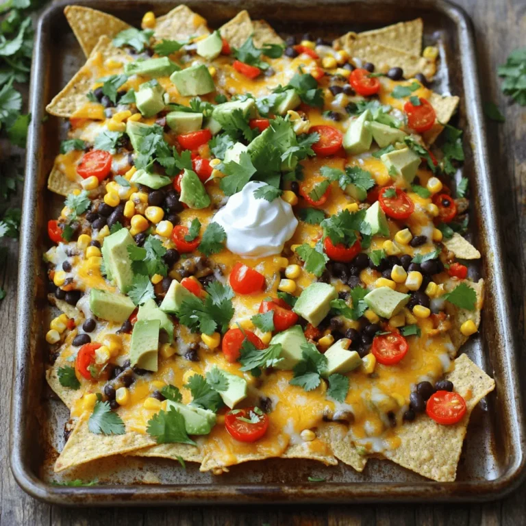 To make loaded veggie nachos, you need a few key ingredients: - 1 large bag of tortilla chips - 1 cup black beans, rinsed and drained - 1 cup corn kernels (fresh or frozen) - 1 bell pepper, diced (any color) - 1 small red onion, finely chopped - 1 cup cherry tomatoes, halved - 1 cup shredded cheddar cheese (or dairy-free cheese) - 1 ripe avocado, diced - 1/2 cup sour cream (or Greek yogurt) - 1/4 cup fresh cilantro, chopped (for garnish) You can add more taste with these optional ingredients: - 1 jalapeño, sliced (for heat) - 1 tablespoon olive oil - 1 teaspoon chili powder - 1 teaspoon cumin - Salt and pepper to taste Feel free to mix and match toppings to fit your taste. Here are some ideas: - Add guacamole for extra creaminess. - Sprinkle sliced olives for a salty kick. - Use different cheeses like pepper jack for more spice. - Top with sliced radishes for crunch. - Drizzle with hot sauce for added heat. These choices let you create your ideal nacho plate! Enjoy the fun of crafting your perfect snack. Start by preheating your oven to 350°F (180°C). This step is key for melting the cheese just right. In a large bowl, combine the black beans, corn, diced bell pepper, red onion, and jalapeño slices if you want heat. Add the halved cherry tomatoes next. Drizzle in the olive oil, and sprinkle the chili powder, cumin, salt, and pepper. Mix all the ingredients well. This mixture will add great flavor to your nachos. Grab a large baking sheet and spread out the tortilla chips in an even layer. You want every chip to get some tasty toppings. Take your veggie mix and evenly distribute it over the chips. Make sure each chip has a good amount of the mix on it. Then, sprinkle the shredded cheddar cheese generously on top. Now, place the baking sheet in the preheated oven. Bake for about 10-15 minutes. Keep an eye on it until the cheese is melted and bubbly. Once the nachos are out of the oven, let them cool for a minute. This keeps you from burning your mouth! Next, add the diced avocado and a dollop of sour cream right on top. To finish, sprinkle fresh cilantro for a burst of color and taste. You can serve the nachos right on the baking sheet for a relaxed vibe, or transfer them to a large platter for a fancier look. Layering nachos can make a big difference in taste. Start with a solid base of tortilla chips. Spread them evenly on a baking sheet. Next, add your veggie mix. Be sure to cover all chips, so each bite is packed with flavor. Then, sprinkle shredded cheese over the top. This helps the cheese melt evenly and keeps it from burning. Remember, less is more when you layer. Too many toppings can make them soggy. To get gooey, melted cheese, choose the right cheese first. Cheddar works great because it melts well. For a vegan option, use dairy-free cheese. Grate the cheese instead of using slices. Grated cheese melts faster and better. Bake your nachos at 350°F for 10-15 minutes. Keep an eye on them. You want the cheese bubbly but not burnt. If you need extra melt, broil them for a minute at the end. When serving nachos, presentation matters. You can keep them on the baking sheet for a laid-back vibe. For a fancier look, transfer them to a large platter. Top with diced avocado and a dollop of sour cream. Sprinkle chopped cilantro for a fresh touch. Serve with extra jalapeños on the side for those who like it spicy. Pair with your favorite salsa or guacamole for more flavor options. {{image_2}} To spice up your nachos, add more heat! Start with sliced jalapeños for a kick. You can also use spicy cheese if you like. Try adding hot sauce too. Mix in some diced serrano peppers for more flavor. The heat will make your nachos exciting! For a Southwest twist, add more beans and corn. Use pinto beans instead of black beans for variety. You can include some grilled corn for a smoky flavor. Top with a zesty ranch dressing instead of sour cream. This will give your nachos a fresh, new taste! Want a lighter version? Swap regular cheese for a low-fat option. Use Greek yogurt instead of sour cream for added protein. You can add more veggies like spinach or zucchini. Try baked tortilla chips instead of fried ones. These swaps keep the flavor while cutting calories! To store leftover nachos, first let them cool down. Place them in an airtight container. Make sure to cover them well. This keeps them fresh for up to three days. If you stack them, the chips may get soggy. For the best taste, reheat your nachos in the oven. Preheat your oven to 350°F (180°C). Spread the nachos on a baking sheet. Bake for about 10 minutes. This helps the cheese melt again and keeps the chips crunchy. You can also use a microwave, but this may make the chips soft. You can freeze nachos, but it’s best to freeze the toppings separately. Place the baked nachos in a freezer-safe bag. Keep them flat to avoid crushing the chips. For toppings, use a separate container. When you’re ready to eat, thaw everything in the fridge overnight. Then, reheat in the oven for a warm, tasty snack. Yes, you can prep the veggie mix early. Chop the veggies, rinse the beans, and combine everything in a bowl. Keep it in the fridge for up to one day. When you're ready to serve, just layer it on the chips and bake. This saves time and keeps your nachos fresh. If you want a change, try using baked pita chips or veggie chips. You can even use sliced bell peppers for a healthy twist. They add crunch and flavor without the extra calories. Just make sure whatever you choose can hold the toppings well. Yes! For cheese, use dairy-free shredded cheese made from nuts or soy. For sour cream, try coconut yogurt or cashew cream. Both options taste great and fit vegan diets. They add creaminess without using dairy, making your nachos both tasty and inclusive. Loaded veggie nachos are fun to make and enjoy. We covered key ingredients, from essentials to tasty toppings. You learned how to prepare and bake your nachos step by step. Plus, I shared tips for perfect cheese and serving ideas. We explored variations, storage methods, and answered common questions. Now, you can create your own loaded nachos with flair. Enjoy the crunch, flavor, and good times with every bite!
