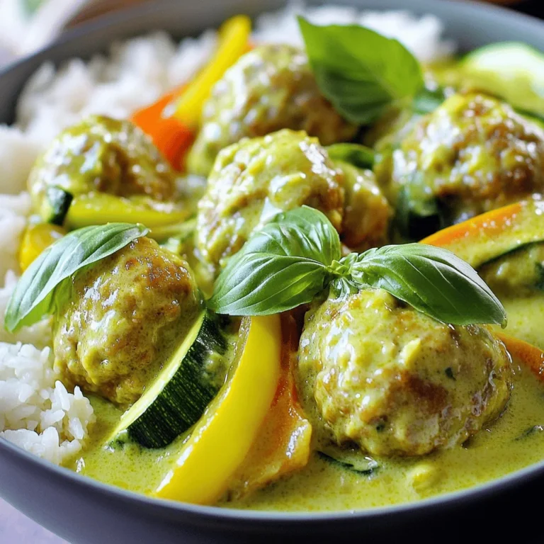 To make Thai green curry meatballs, gather these fresh ingredients: - 1 pound ground chicken or turkey - 1/4 cup breadcrumbs - 1 large egg - 2 tablespoons green curry paste - 1 tablespoon fish sauce - 1 tablespoon ginger, minced - 2 cloves garlic, minced - 1/4 cup fresh cilantro, chopped - 1 can (13.5 oz) coconut milk - 1 cup chicken broth - 1 bell pepper, sliced - 1 zucchini, sliced - 1 tablespoon lime juice - Salt and pepper to taste - Fresh basil leaves for garnish This recipe is great for many diets. It is gluten-free if you use gluten-free breadcrumbs. It is also dairy-free since it uses coconut milk. Always check labels to ensure no hidden gluten or dairy. Using fresh ingredients makes a big difference in flavor. Fresh garlic and ginger give a bright taste. They also add aroma that dried versions lack. Fresh herbs like cilantro and basil enhance the dish even more. If you must use dried ingredients, use less since they are stronger. But for the best taste, stick with fresh whenever you can! Start by gathering all your ingredients. In a large bowl, mix the ground chicken or turkey, breadcrumbs, egg, green curry paste, fish sauce, ginger, garlic, and cilantro. Add a pinch of salt and pepper for taste. Use your hands to blend everything well. Make sure it is fully combined. This step is key to tasty meatballs. Once mixed, shape the mixture into small meatballs, about one inch wide. You should get around 20 meatballs. Keep them uniform for even cooking. Heat a bit of oil in a large skillet over medium heat. Add the meatballs carefully to avoid splattering. Cook them for about five minutes. Turn them occasionally until they are brown on all sides. This browning gives them flavor. Once done, remove the meatballs from the skillet and set them aside. In the same skillet, add the remaining green curry paste. Cook it for about one minute until it smells good. Then, pour in the coconut milk and chicken broth. Stir to mix everything together. Bring the mixture to a simmer. Next, add the sliced bell pepper and zucchini to the sauce. Let them simmer for five minutes. This softens the veggies, making them tasty. After that, return the meatballs to the skillet. Let them cook in the sauce for an extra ten minutes, or until fully cooked. Before serving, stir in lime juice to brighten the flavor. Adjust with salt and pepper as needed. Enjoy your Thai green curry meatballs over jasmine rice or rice noodles. Garnish with fresh basil leaves for a beautiful touch. To make great meatballs, start with the right mix. Use one pound of ground chicken or turkey. This meat is lean, which helps keep the meatballs juicy. Add breadcrumbs to bind the mixture together. I recommend using about a 1/4 cup. Don't forget the egg. It helps the meatballs hold their shape. Mix the ingredients gently. Over-mixing can make them tough. Aim for a soft, slightly sticky mixture. Shape the meatballs to about one inch in diameter. This size cooks evenly and stays tender. Fresh herbs make a big difference in flavor. For this recipe, I love using cilantro. Chop about 1/4 cup and mix it in. It adds freshness and a nice touch. You can also add fresh basil as a garnish. This gives your dish a lovely aroma. If you want more flavor, try adding some minced green onion or parsley. One common mistake is not seasoning enough. Always add salt and pepper to your mixture. A pinch goes a long way. Another mistake is cooking the meatballs too long. Keep an eye on them while they simmer. Overcooking can lead to dry meatballs. Lastly, don’t skip the lime juice. It adds brightness to the dish. Make sure to stir it in just before serving. Enjoy your tasty Thai green curry meatballs! {{image_2}} You can swap ground chicken or turkey for other meats. Ground pork adds a nice flavor. You can also use beef or lamb for a richer taste. If you want something leaner, try ground turkey breast. Each meat brings its unique flavor to the dish. For a vegetarian version, use lentils or chickpeas. Mash them up and mix with breadcrumbs and spices. You can also use tofu for a vegan meatball. Crumble firm tofu and mix it with the same spices. These options keep the dish tasty and satisfying without meat. Feel free to change the veggies in this recipe. Broccoli or carrots work well in the curry. Snap peas or green beans add crunch and color. You can even toss in spinach for added greens. Each vegetable gives a new twist to the dish, making it fresh and fun. To store leftovers, let the dish cool down first. Then, place the meatballs and sauce in an airtight container. Make sure to cover it tightly. You can keep it in the fridge for up to three days. Always label the container with the date for safety. If you want to freeze the meatballs, shape them and cook them first. Let them cool completely. Then, layer them on a baking sheet. Freeze them for about one hour until firm. After that, transfer the meatballs to a freezer-safe bag. They can last for up to three months in the freezer. To reheat the meatballs, you have a few options. You can use the microwave. Place the meatballs in a bowl with a splash of sauce. Heat in short bursts, stirring until warm. You can also reheat them in a skillet. Add a little water or broth to the pan. Heat over low until warmed through. Enjoy your tasty leftovers! Yes, you can use store-bought meatballs. They save time and effort. Look for meatballs that are plain. Avoid ones with strong flavors. You can add them to the curry sauce as you would with homemade meatballs. Just make sure to heat them through. To spice up your meatballs, add more green curry paste. Start with an extra teaspoon. You can also add chopped fresh chili peppers. Thai bird's eye chilies work well. Mix them in with the meatball mix or the sauce. Adjust the heat level to your taste. Serve your meatballs with jasmine rice or rice noodles. Both soak up the sauce nicely. You can also pair them with fresh veggies or a light salad. For extra flavor, add lime wedges on the side. Enjoy your meal with fresh basil on top for a pop of color. In this blog post, we explored how to make Thai green curry meatballs. We covered the key ingredients, with options for dietary needs. You learned how to mix and cook the meatballs, and prepare a flavorful curry sauce. I shared tips for the perfect texture and ways to boost flavor. We also discussed variations, storage tips, and answered common questions. Making these meatballs at home opens doors to tasty meals. Enjoy experimenting with flavors and ingredients!