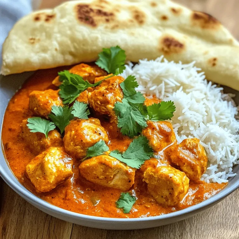 For a tasty Chicken Tikka Masala, you need a few main ingredients. Here’s what you’ll need: - 2 lbs boneless, skinless chicken thighs, cut into bite-sized pieces - 1 cup plain Greek yogurt - 1 medium onion, finely chopped - 4 cloves garlic, minced - 1 inch fresh ginger, grated - 1 can (14 oz) diced tomatoes - 1 cup coconut milk These ingredients form the base of your dish. The chicken thighs add rich flavor and stay juicy during cooking. Spices bring the magic to Chicken Tikka Masala. Here are the essential ones: - 2 tablespoons garam masala - 1 tablespoon ground cumin - 1 tablespoon turmeric - 1 tablespoon paprika - 1 teaspoon chili powder - 1 teaspoon salt - 4 tablespoons vegetable oil These spices create a warm, aromatic blend. They make every bite delicious and comforting. Garnishing lifts your dish to the next level. You can use: - Fresh cilantro, for garnish Serve your Chicken Tikka Masala over steamed basmati rice or with warm naan bread. This adds a nice touch to your meal. Enjoy the burst of flavors! First, grab a large mixing bowl. In this bowl, mix 1 cup of plain Greek yogurt with 2 tablespoons of garam masala, 1 tablespoon of ground cumin, 1 tablespoon of turmeric, 1 tablespoon of paprika, 1 teaspoon of chili powder, and 1 teaspoon of salt. Stir until everything blends well. Now, add 2 lbs of boneless, skinless chicken thighs cut into bite-sized pieces. Make sure each piece is coated evenly with the marinade. Cover the bowl with plastic wrap and let it sit for at least 30 minutes. If you have time, marinating overnight gives the chicken even more flavor. Once your chicken is ready, turn on the Instant Pot and set it to 'Sauté' mode. Pour in 4 tablespoons of vegetable oil and let it heat up. Add 1 medium onion, finely chopped, and cook for about 5 minutes. You want the onion to be soft and see-through. Next, add 4 cloves of minced garlic and 1 inch of grated fresh ginger. Stir and cook this mix for another 1-2 minutes. The smell will be amazing! Now it's time to build the sauce. Pour in 1 can of diced tomatoes with their juice. Stir well, letting this cook for about 5 minutes. Then, cancel the 'Sauté' mode. Add the marinated chicken to the pot and mix it in with the tomato sauce. Close the lid and set the valve to 'Sealing'. Choose 'Manual' or 'Pressure Cook' for 10 minutes. When it's done, allow the Instant Pot to release pressure naturally for 10 minutes. After that, switch to a quick release for any remaining pressure. Carefully open the lid and stir in 1 cup of coconut milk. Mix until it's smooth and creamy. If you want the sauce thicker, press 'Sauté' again for a few minutes. Now your Chicken Tikka Masala is ready to enjoy! To make your chicken super tasty, start with a good marinade. I use Greek yogurt for creaminess and tang. Mix it with garam masala, cumin, turmeric, paprika, chili powder, and salt. These spices create the rich flavor you want. Coat the chicken pieces well in this marinade. For best results, let it sit for at least 30 minutes. If you have time, marinate it overnight. This lets the flavors soak in deeply. To change the spice level, you can easily modify the amount of chili powder. If you want it milder, use less. You can also add a little sugar or honey to balance the heat. For more heat, add extra chili powder or try a pinch of cayenne pepper. Always taste as you go to find your perfect spice level. Using an Instant Pot can be tricky if you’re not careful. One common mistake is not sealing the lid properly. Always check the valve is set to 'Sealing' before cooking. Another mistake is overfilling the pot. Keep the liquid level safe to avoid splatters. Lastly, let the pressure release naturally for a few minutes. This helps the chicken stay juicy and tender. {{image_2}} You can easily make this dish vegetarian. Instead of chicken, use firm tofu or chickpeas. Both options soak up the spices well. If using tofu, press it first to remove extra water. This helps it get crisp and absorb flavor. You can switch the chicken for other meats too. Shrimp cooks quickly and adds a nice touch. Just add shrimp during the last few minutes of cooking. Lamb is another great choice. Use tender cuts like lamb shoulder or leg for the best taste. For creaminess, you can use different options. Greek yogurt gives a tangy flavor and rich texture. Coconut milk adds a sweet and tropical twist. You can even mix both for complexity. Each option changes the feel of the dish, so try them all! After making Instant Pot Chicken Tikka Masala, let it cool down. This helps keep the flavors fresh. Store leftovers in an airtight container. It keeps well in the fridge for up to four days. To keep it tasting great, avoid leaving it out too long. To reheat, you can use the microwave or stovetop. If using the microwave, heat in 30-second bursts. Stir in between to warm evenly. If using the stovetop, place it in a pan over medium heat. Stir often until hot. Add a splash of water or coconut milk if it seems too thick. You can freeze Chicken Tikka Masala for later use. Allow it to cool completely before freezing. Place it in a freezer-safe container, leaving some space for expansion. It can last in the freezer for up to three months. When ready to eat, thaw it in the fridge overnight. Reheat as described above for a warm, comforting meal. Yes, you can use chicken breasts. They will cook faster than thighs. Chicken breasts are leaner, so they may not be as juicy. If you choose breasts, cut them into smaller pieces. This helps them cook evenly and stay moist. The pressure cooking takes 10 minutes. However, you need to add time for the pot to come to pressure. After cooking, let it sit for 10 minutes for natural pressure release. This makes the chicken tender and full of flavor. Chicken Tikka Masala pairs well with several sides. Here are some great options: - Steamed basmati rice - Warm naan bread - Fresh salad with cucumber and tomatoes - Roasted vegetables These sides balance the rich flavors of the dish and enhance your meal. Enjoy experimenting with different combinations! Chicken Tikka Masala is packed with flavor and easy to make. You learned about key ingredients, how to cook, and tips to avoid mistakes. We also explored variations and storage tips for leftovers. Always tweak spice levels to fit your taste. Whether you're cooking chicken, shrimp, or trying a vegetarian version, you'll impress everyone. Enjoy this rich dish with your favorite sides. Now, gather your ingredients and get cooking!