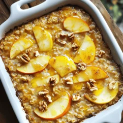 To make this tasty dish, gather these simple ingredients: - 2 cups rolled oats - 1 teaspoon baking powder - 1 teaspoon ground cinnamon - 1/2 teaspoon nutmeg - 1/4 teaspoon salt - 2 cups almond milk (or any milk of choice) - 1/4 cup maple syrup (adjust for sweetness) - 2 tablespoons melted coconut oil (or butter) - 2 large apples, peeled and chopped (preferably Granny Smith or Honeycrisp) - 1/2 cup raisins or dried cranberries (optional) - 1/4 cup chopped walnuts or pecans (optional) - Extra apple slices and nuts for topping If you don’t have an ingredient, don’t worry! You can swap items easily: - Use any milk you like instead of almond milk. - Honey can replace maple syrup for sweetness. - Coconut oil can change to butter if you prefer. - You can use any apple variety if Granny Smith or Honeycrisp is not available. - If you don’t like nuts, just leave them out or use seeds instead. This baked oatmeal is not only delicious but also nutritious. Each serving offers: - Calories: Approximately 180-200 - Protein: About 5 grams - Fiber: Roughly 4 grams - Sugars: Around 8-10 grams (adjustable with syrup) This dish gives a great start to your day, packed with fiber and natural sweetness. Enjoy every bite! 1. First, set your oven to 350°F (175°C). This helps cook the oatmeal evenly. 2. Grease a 9x9-inch baking dish. You can use cooking spray or a bit of coconut oil. 3. In a large bowl, mix together the rolled oats, baking powder, ground cinnamon, nutmeg, and salt. Stir well to blend. 4. In another bowl, whisk the almond milk, maple syrup, and melted coconut oil until smooth. 5. Pour the wet mix into the dry mix. Stir until you have a uniform blend. 6. Fold in the chopped apples, raisins, and walnuts, if you are using them. Make sure they mix in well. 7. Transfer the oatmeal mix into the greased baking dish. Use a spatula to smooth the top. 8. Add extra apple slices and nuts on top for a nice look. 9. Place the dish in the oven and bake for 30-35 minutes. The top should turn golden and feel firm. 10. Once done, let it cool for a few minutes before serving. Enjoy it warm! - Make sure to mix the dry and wet ingredients well. This helps the oats cook evenly. - You can check doneness with a toothpick. It should come out clean when the oatmeal is ready. - If you find the top browns too quickly, cover it loosely with foil. This helps it cook without burning. To make the best apple cinnamon baked oatmeal, use fresh apples. Granny Smith or Honeycrisp give a nice tart taste. Make sure to chop the apples into small pieces. This helps them cook evenly. If you like a sweeter dish, add more maple syrup. You can also mix in spices like ginger or cloves for extra warmth. Bake until the top is golden and firm. This gives the best texture. One common mistake is using old oats. Always check the date on the box. Old oats do not rise well and taste bland. Another mistake is not greasing the baking dish. This can cause sticking. Make sure to measure your ingredients carefully. Too much liquid can make it soggy. Lastly, avoid overmixing the batter. This can make the oatmeal tough instead of soft. For toppings, extra apple slices and chopped nuts look great. You can also add a dollop of yogurt or a drizzle of maple syrup. If you want some crunch, sprinkle granola on top. For add-ins, try raisins or dried cranberries for sweetness. You can also mix in seeds like chia or flax for added nutrition. Get creative and make it your own! {{image_2}} You can change the fruit in this baked oatmeal. Try using pears, bananas, or berries. Each fruit adds its own taste and texture. For a fun twist, mix different fruits. Just keep the apples for that warm flavor. If you need a gluten-free dish, use gluten-free oats. They taste just as good. Make sure all other ingredients are gluten-free, too. Check labels on your milk and maple syrup. This way, you can enjoy the oatmeal without worry. To make this recipe vegan, use almond milk or another plant milk. You can swap maple syrup for agave syrup if you want. Use coconut oil instead of butter for a dairy-free option. This keeps the dish creamy and rich while still being kind to animals. To store your Apple Cinnamon Baked Oatmeal, let it cool first. Then, cut it into portions. Place the portions in an airtight container. This keeps it fresh and tasty. Store it in the fridge for up to five days. If you want to save it longer, you can freeze it. When you're ready to eat your leftovers, you can reheat them easily. I recommend using the microwave. Place a portion on a plate and cover it with a damp paper towel. Heat it for about one minute. Check if it’s warm. If not, heat it for another 30 seconds. You can also reheat it in the oven. Preheat the oven to 350°F (175°C) and bake for about 10-15 minutes. To freeze your baked oatmeal, wrap each portion tightly in plastic wrap. Then, place the wrapped portions in a freezer bag. This helps to avoid freezer burn. You can freeze it for up to three months. When you are ready to eat, take it out of the freezer. Let it thaw in the fridge overnight. Reheat it as mentioned above for a warm, cozy meal. Yes, you can use quick oats. Quick oats cook faster, so your baked oatmeal may turn out a bit softer. Rolled oats create a chewier texture and hold up better during baking. To make it sugar-free, you can skip the maple syrup. Use mashed bananas or unsweetened applesauce instead. Both will add natural sweetness without added sugar. You may need to adjust the liquid for the right texture. You can serve it with yogurt or a splash of milk. Fresh fruit like berries or sliced bananas also works well. Drizzle some honey or extra maple syrup for added sweetness if you like. Apple Cinnamon Baked Oatmeal lasts about 4 to 5 days in the fridge. Make sure to store it in an airtight container. Reheat individual portions in the microwave for a quick breakfast. This blog post covered all you need for Apple Cinnamon Baked Oatmeal. We explored key ingredients, substitutions, and their nutrition. I shared clear steps for preparation and baking, plus tips to cook evenly. You learned expert tips, common mistakes, and delicious toppings. We looked at variations, including gluten-free and vegan options. Lastly, I provided storage advice and answered frequent questions. Now you are ready to bake this tasty dish. Enjoy the process and the yummy results.