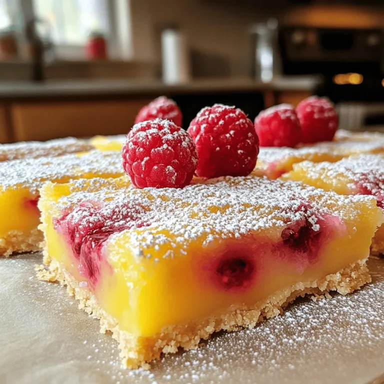 - 1 cup all-purpose flour - 1/4 cup powdered sugar - 1/2 cup unsalted butter, softened - 1/4 teaspoon salt - 2 large eggs - 3/4 cup granulated sugar - 1 tablespoon lemon zest - 1/4 cup fresh lemon juice - 1/2 cup fresh raspberries - Powdered sugar for dusting To make these raspberry lemon bars, you need simple, fresh items. The flour creates the base. Powdered sugar adds sweetness to the crust. Softened butter helps bind everything. Salt gives flavor. The eggs are key for a rich filling. Granulated sugar brings balance with the tartness. Lemon zest and juice add bright flavor. Fresh raspberries give a pop of color and taste. Finally, powdered sugar is for a sweet finish. - 8-inch square baking pan - Parchment paper - Mixing bowls - Whisk - Fork or pastry cutter Having the right tools makes cooking easier. An 8-inch square baking pan is perfect for these bars. Parchment paper helps with easy cleanup. Mixing bowls let you combine ingredients well. A whisk is great for mixing the filling. A fork or pastry cutter helps with the crust. With these tools, you can create delicious lemon bars with ease. - Preheat your oven to 350°F (175°C). - In a bowl, mix 1 cup of flour, 1/4 cup of powdered sugar, 1/2 cup of softened butter, and 1/4 teaspoon of salt until it looks crumbly. - Press this mixture into the bottom of your baking pan. Bake for 15-18 minutes until it is lightly golden. - In another bowl, whisk together 2 large eggs, 3/4 cup of granulated sugar, 1 tablespoon of lemon zest, and 1/4 cup of fresh lemon juice until it is smooth. - Gently fold in 1/2 cup of fresh raspberries. Be careful not to crush them too much. - Pour the raspberry and lemon filling over the crust. - Bake for an additional 20-25 minutes, or until the filling is set. It should jiggle slightly in the center. - Allow the bars to cool completely in the pan. Once cooled, lift them out using the parchment paper and cut them into squares. To make your raspberry lemon bars just right, follow these tips: - Use softened butter, not melted. Softened butter gives the crust the right texture. - Mix the filling gently. Overmixing can make it tough. You want a tender filling that melts in your mouth. These steps help keep your bars light and fluffy! Serving your bars in style makes them even more special. Here are some ideas: - Just before serving, dust the tops with powdered sugar. This adds a lovely touch. - For a treat, pair your bars with whipped cream or a scoop of vanilla ice cream. The creaminess balances the tartness of the lemon. Try these tips to impress your friends and family with your delicious dessert! {{image_2}} You can change the flavor of your lemon bars easily. Instead of using raspberries, try blueberries or strawberries. Both fruits add a sweet touch that pairs well with lemon. You can also add a hint of vanilla extract to boost the flavor. Just one teaspoon will make a big difference. This simple change makes your bars even more delicious! If you need a gluten-free option, swap regular flour with almond flour or gluten-free all-purpose flour. Both work well and keep the bars tasty. For those watching their sugar, use a sugar substitute. This way, you can enjoy the same zesty flavor with fewer calories. These small changes make this recipe fit many diets while keeping it fun! You can store these raspberry lemon bars in the fridge. Place them in an airtight container. They will stay fresh for up to 1 week. This keeps the bars soft and tasty. For longer storage, freeze the bars. Wrap them in plastic wrap first. Then, cover with foil. This method keeps them fresh for up to 3 months. When you're ready to enjoy, thaw the bars in the refrigerator. This helps them regain their nice texture before serving. Yes, frozen raspberries can be used, but they might make the filling a bit more watery. If you use frozen fruit, let them thaw first. This way, you can avoid too much juice mixing in. The filling should be set and slightly jiggle in the center when done. You can check by gently shaking the pan. If it wiggles a little, it’s ready! Yes, they can be made a day ahead and stored in the refrigerator. This can help the flavors blend nicely. Just cover them tightly with plastic wrap or foil. Fresh mint leaves or citrus zest for added garnish. You can also sprinkle more powdered sugar on top. This makes the bars look pretty and taste fresh. For the full recipe, please refer to the recipe section mentioned. You’ll find all the details you need to make these tasty bars. You learned how to make delicious lemon raspberry bars with simple ingredients. From mixing the crust to baking the filling, each step is clear and easy. Remember, soft butter is key for a crumbly crust. Feel free to try different fruits or make it gluten-free. These bars store well too, making them perfect for later. Enjoy sharing this treat with friends or family. Happy baking and savor your tasty creation!