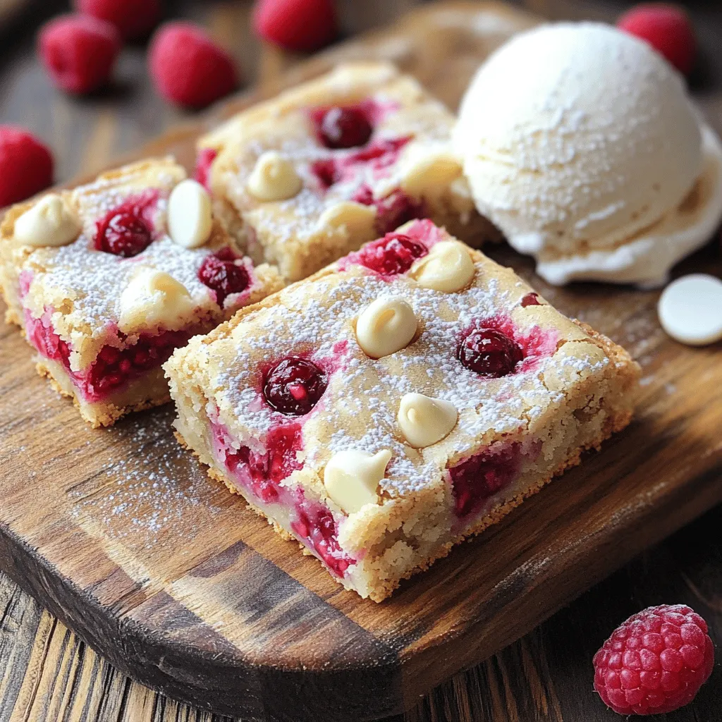 To make these tasty white chocolate raspberry blondies, gather these key ingredients: - 1 cup unsalted butter, melted - 1 cup brown sugar, packed - 1/2 cup granulated sugar - 2 large eggs - 1 teaspoon vanilla extract - 2 cups all-purpose flour - 1 teaspoon baking powder - 1/2 teaspoon salt - 1 cup white chocolate chips - 1 cup fresh raspberries You can enhance the taste of your blondies with a few optional ingredients: - A pinch of cinnamon for warmth - A splash of almond extract for added depth - Chopped nuts, like walnuts or pecans, for crunch If you need to swap ingredients, here are some easy substitutions: - Use coconut oil instead of butter for a dairy-free option. - Try light brown sugar instead of dark for a milder flavor. - Replace white chocolate chips with milk chocolate chips if you prefer. - If fresh raspberries aren’t available, frozen ones work fine. Just thaw and drain them first. These ideas help make the recipe work for your taste and pantry! Start by preheating your oven to 350°F (175°C). This step is key to getting nice, even baking. Next, grab a 9x9-inch baking pan. Grease it with butter or cooking spray. Line the bottom with parchment paper. Let the paper hang over the sides. This makes it easy to lift the blondies out later. In a large bowl, pour in 1 cup of melted butter. Add 1 cup of packed brown sugar and 1/2 cup of granulated sugar. Whisk these together until smooth. Then, crack in 2 large eggs, one by one. Beat well after each egg. Stir in 1 teaspoon of vanilla extract until it’s mixed in completely. Now, take another bowl. Add 2 cups of all-purpose flour, 1 teaspoon of baking powder, and 1/2 teaspoon of salt. Whisk these dry ingredients together. Gradually mix them into the wet ingredients. Be gentle while folding to keep the batter light. Finally, fold in 1 cup of white chocolate chips and 1 cup of fresh raspberries. Make sure not to break the raspberries too much. Once everything is combined, pour the batter into the prepared pan. Spread it out evenly with a spatula. To get the best texture, use room temperature eggs. This helps the batter mix well. Mix the butter and sugars until smooth. If you over-mix, your blondies may turn out tough. Fold in the raspberries gently. You want to keep their shape and burst of flavor. Bake until they are just golden. A toothpick should come out clean or with a few crumbs. One common mistake is not measuring ingredients correctly. Use a kitchen scale for accuracy. Another mistake is skipping the parchment paper. This helps you remove the blondies easily. Do not open the oven door too soon. This can cause your blondies to sink in the middle. Lastly, don’t over-bake them. They should be soft in the middle when you take them out. Let the blondies cool for ten minutes in the pan. After that, use the parchment paper to lift them out. Place them on a wire rack to cool completely. Cutting them too early can lead to a mess. Use a sharp knife for clean edges. Wipe the knife between cuts for neat squares. If you want, dust them with powdered sugar for a lovely finish. {{image_2}} To create chocolate raspberry swirl blondies, add cocoa powder. Use half of the flour and replace it with 1/2 cup of cocoa powder. Mix the cocoa into the wet ingredients. Then, gently fold in raspberries and white chocolate chips. This makes a rich, chocolatey treat with bursts of raspberry flavor. For extra crunch, add nuts. Chopped walnuts or pecans work well. You can also mix in other berries. Blueberries or strawberries can bring new flavors. Just make sure to keep the total fruit amount the same. This keeps the texture perfect and moist. You can enhance these blondies with different flavors. A pinch of almond extract gives a lovely taste. Try lemon zest for a fresh twist. You can also top the blondies with a drizzle of melted white chocolate or a sprinkle of sea salt. These small changes can make a big difference. Enjoy experimenting! To keep your white chocolate raspberry blondies fresh, store them in an airtight container. This method prevents them from drying out. Place a piece of parchment paper between layers if stacking. Keep them at room temperature for up to four days. If you want to save them longer, refrigeration is an option. Freezing blondies is easy and keeps them tasty. First, let them cool completely. Then, cut them into squares. Wrap each piece tightly in plastic wrap. Place the wrapped blondies in a freezer bag or container. They can last up to three months in the freezer. When you want to enjoy them, simply pull out what you need. To reheat frozen blondies, let them thaw in the fridge overnight. You can warm them in the oven at 350°F for about 10 minutes. This step helps restore their gooey texture. For serving, a dusting of powdered sugar adds a nice touch. Pair them with a scoop of vanilla ice cream for a special treat. To make White Chocolate Raspberry Blondies, start by gathering your ingredients. You need butter, brown sugar, sugar, eggs, vanilla, flour, baking powder, salt, white chocolate chips, and fresh raspberries. 1. Preheat your oven to 350°F (175°C). Grease a 9x9-inch baking pan and line it with parchment paper. 2. In a bowl, mix melted butter, brown sugar, and granulated sugar until smooth. 3. Add eggs one at a time and beat well. Stir in the vanilla extract. 4. In another bowl, whisk flour, baking powder, and salt. Gradually add this to the wet mix. 5. Gently fold in white chocolate chips and raspberries, being careful not to break them. 6. Pour the batter into the pan and spread it evenly. 7. Bake for 25-30 minutes. Check with a toothpick; it should come out clean. 8. Allow to cool for 10 minutes, then lift out using the parchment. Blondies can last for about 5 days at room temperature. Store them in an airtight container to keep them fresh. If you want them to last longer, you can freeze them. They stay good in the freezer for up to 3 months. Yes, you can use frozen raspberries in the recipe! However, they may release more juice during baking. To prevent sogginess, add them frozen and fold them in gently. This will help keep your blondies nice and firm. This blog post covered all the key steps to make delicious blondies. I shared the essential ingredients and tips for perfecting the texture. You learned about fun variations that add unique flavors. I also covered storage and reheating options to keep them fresh. In the end, baking blondies is simple and fun. Mixing flavors and experimenting can lead to your perfect treat. Enjoy baking and sharing these sweet delights with friends!