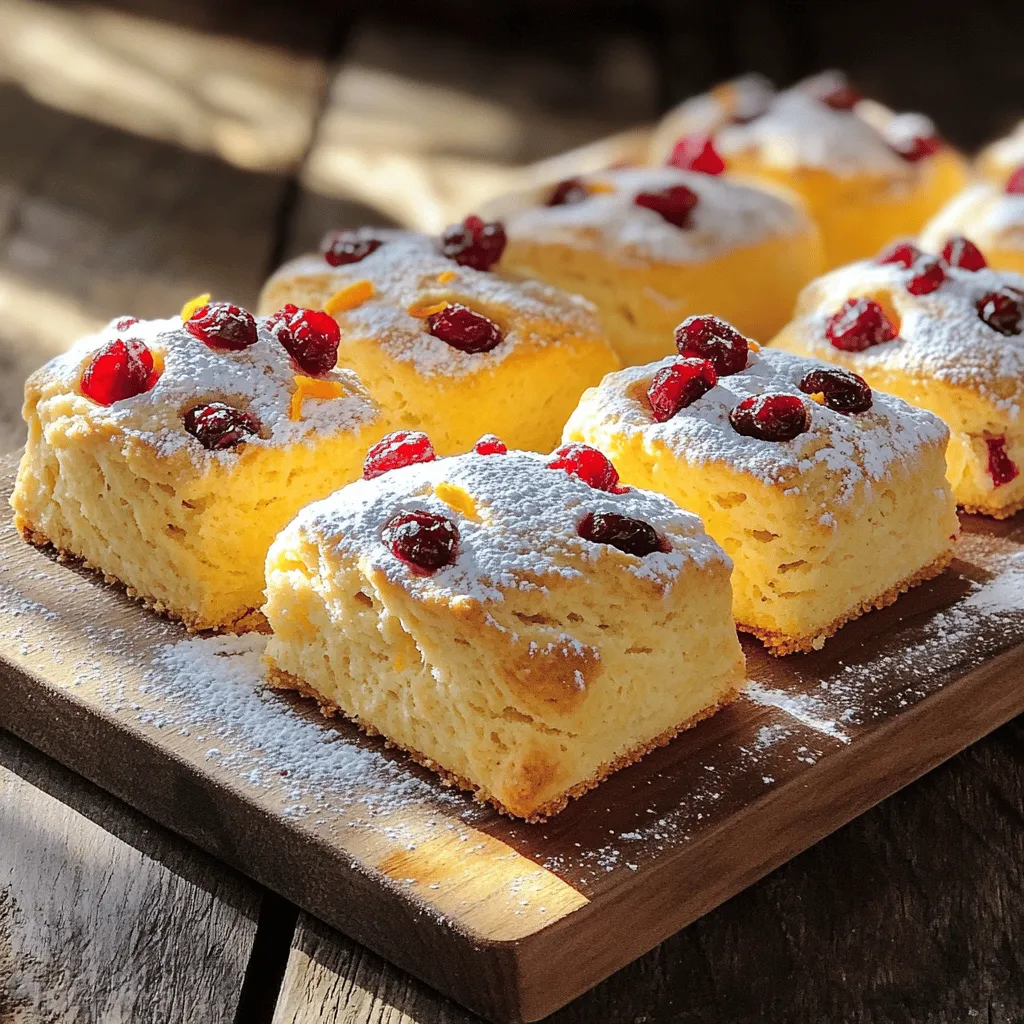 To make bakery-style orange cranberry scones, you will need these ingredients: - 2 cups all-purpose flour - 1/3 cup granulated sugar - 1 tablespoon baking powder - 1/2 teaspoon salt - 1/2 cup cold unsalted butter, cubed - 1/2 cup dried cranberries - Zest of 1 orange - 1/2 cup heavy cream - 1 large egg - 1 teaspoon vanilla extract - 1 tablespoon orange juice Each ingredient plays a key role in the final scone. The flour gives structure, while sugar adds sweetness. Baking powder helps the scones rise, and salt enhances flavors. The cold butter creates flakiness. I prefer specific brands for the best results: - All-Purpose Flour: King Arthur Flour is a reliable choice. - Granulated Sugar: Domino Sugar is consistent and pure. - Baking Powder: Rumford Baking Powder offers great leavening. - Unsalted Butter: Challenge Butter is creamy and fresh. - Dried Cranberries: Ocean Spray offers quality and taste. - Heavy Cream: Land O'Lakes is rich and thick. These brands can enhance your baking experience and outcome. You can make some swaps if needed: - All-Purpose Flour: Use whole wheat flour for a nuttier taste. - Granulated Sugar: Substitute with brown sugar for extra moisture. - Heavy Cream: Use milk or almond milk, but the texture may change. - Dried Cranberries: Swap with raisins or chopped dried apricots. These substitutions can adjust flavors but may alter the final texture. Experiment and find what you love! First, you need to set the stage for your scones. Preheat your oven to 400°F (200°C). This heat will help your scones rise perfectly. While the oven warms up, grab a baking sheet and line it with parchment paper. This step keeps your scones from sticking. It also makes for easy cleanup later. Next, let’s work on the dry mix. In a large bowl, combine 2 cups of all-purpose flour, 1/3 cup of granulated sugar, 1 tablespoon of baking powder, and 1/2 teaspoon of salt. Whisk these ingredients well. Mixing well ensures an even flavor throughout your scones. Now, it’s time for the wet ingredients. In a separate bowl, whisk together 1/2 cup of heavy cream, 1 large egg, 1 teaspoon of vanilla extract, and 1 tablespoon of orange juice. Mix until everything blends smoothly. Once mixed, pour this wet mixture into the dry ingredients. Stir gently until just combined. Be careful not to overwork the dough. This keeps your scones light and fluffy. After mixing, turn the dough onto a lightly floured surface. Pat it into a circle about 1-inch thick. You can use your hands for this. For cutting, you can slice the circle into 8 wedges. Alternatively, use a round cutter for uniform shapes. Make sure the pieces are not too close together. They need space to rise. Place the shaped scones on your prepared baking sheet. Ensure they have some space between them. Now, it’s time to bake! Slide the baking sheet into your preheated oven. Bake for 15-18 minutes. Watch for the tops to turn golden brown. Once done, let the scones cool slightly on the baking sheet. Then, transfer them to a wire rack. Enjoy the warm, fragrant scones as they cool! To get the best texture in your scones, keep the butter cold. Cold butter helps create flaky layers. Cut the butter into small cubes for easy mixing. When you mix the butter with flour, stop when the mix looks like coarse crumbs. This will keep your scones light and airy. One mistake is overmixing the dough. If you mix too much, the scones will be tough. Mix the wet and dry ingredients until just combined. Another mistake is not using cold ingredients. Room-temperature butter or cream can ruin the texture. Always use cold butter and cream for the best results. When shaping the dough, aim for a thickness of about 1 inch. This helps them rise evenly. Make sure to space the scones apart on the baking sheet. This allows hot air to circulate, giving them a nice rise. Lastly, keep an eye on the oven. Watch for golden tops to know when they’re done. {{image_2}} You can easily switch up the flavors in these scones. Try adding nuts like walnuts or pecans. They add a nice crunch. You can also mix in white chocolate chips for sweetness. Dried cherries or blueberries are great substitutes for cranberries. Just remember to keep the same amounts. If you need a gluten-free version, use a gluten-free flour blend. Look for one that has xanthan gum. This helps the scones hold their shape. You might want to add a bit more heavy cream to keep the dough moist. Follow the same steps as the original recipe, and enjoy! You can make these scones fit any season. In spring, add lemon zest for a fresh taste. In fall, use pumpkin spice and swap the orange juice for apple cider. For winter, add some cinnamon or nutmeg for warmth. Each season brings a new twist to this classic treat! To keep your scones fresh, let them cool completely. Place them in an airtight container. Store at room temperature for up to two days. If you want to keep them longer, use the fridge. This can extend their life to about a week. Just remember to wrap them well to avoid drying out. When you're ready to enjoy your scones again, reheating is key. For best results, use an oven. Preheat it to 350°F (175°C). Place the scones on a baking sheet. Heat for about 5-10 minutes. This warms them through and makes them soft again. If you're in a hurry, you can use a microwave. Heat for 10-15 seconds, but watch closely to avoid sogginess. Freezing is a great option for scones. First, let them cool completely. Wrap each scone in plastic wrap. Then, place them in a freezer bag or container. Squeeze out as much air as possible. They will stay good for up to three months. When you're ready to eat, simply thaw at room temperature and reheat. Enjoy fresh scones anytime! You can use whole milk or half-and-half in place of heavy cream. If you want a thicker option, try using Greek yogurt. Mix it with a bit of milk to reach a creamier texture. This keeps the scones moist and tender. Just remember, the flavor may change slightly. Yes, you can use fresh cranberries. Fresh cranberries are tart and juicy. To balance their flavor, you might want to add a little extra sugar. Chop them roughly before adding them to the dough. This helps distribute the tartness evenly in the scones. Scones are ready when they are golden brown on top. You can also check their internal temperature. It should be around 200°F (93°C). A toothpick inserted into the center should come out clean. If it has wet dough on it, they need more time. You’ve learned about the ingredients, steps, tips, and variations for baking scones. Choosing quality ingredients and following the steps will lead to tasty results. Remember to avoid common mistakes for the best texture. Explore different flavors and storage methods to keep your scones fresh. With practice, scones can become a favorite treat. Now, it’s time to gather your supplies and bake some delicious scones today!