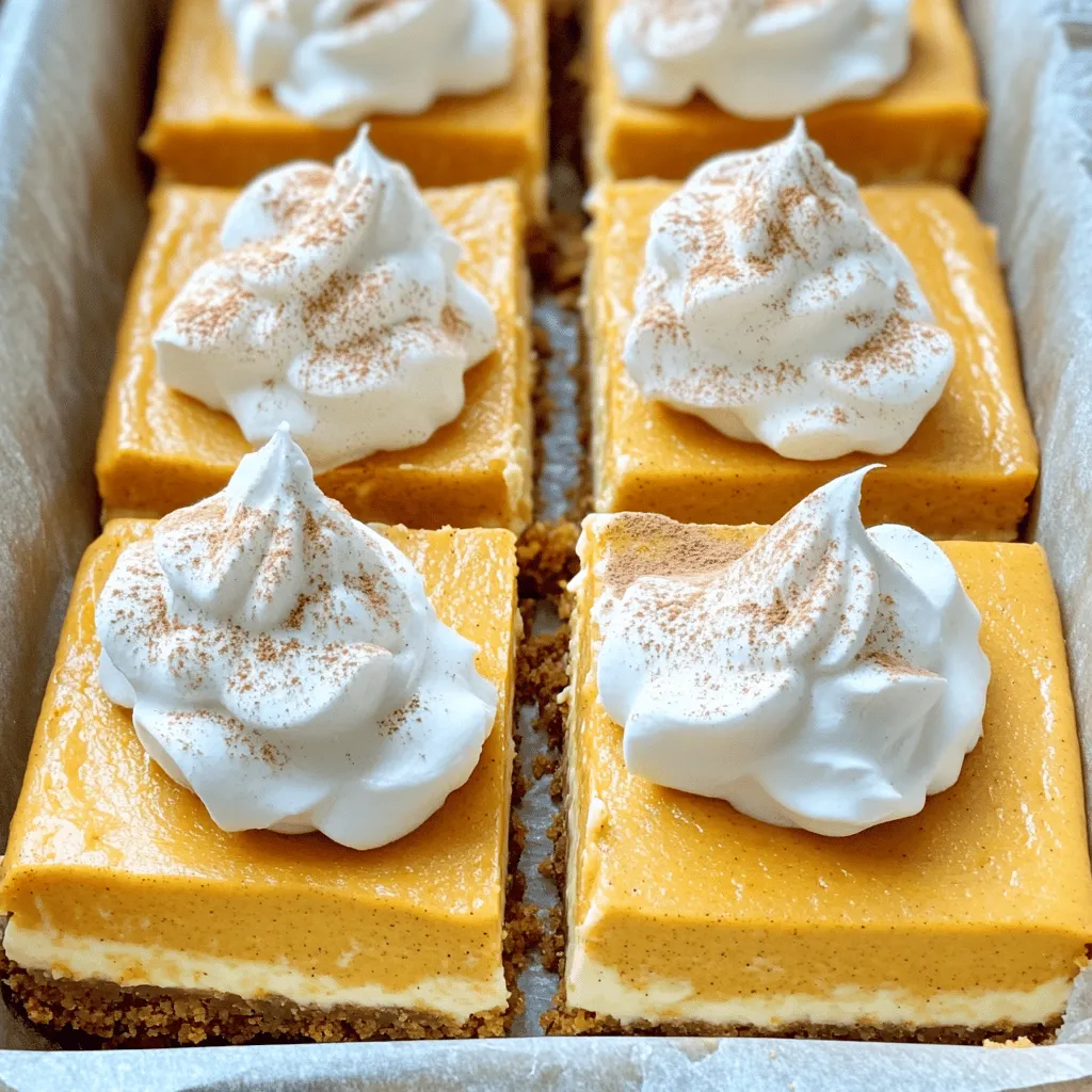To make these Pumpkin Spice Latte Cheesecake Bars, you need the following ingredients: - 1 ½ cups graham cracker crumbs - ½ cup unsalted butter, melted - 2 cups cream cheese, softened - 1 cup pumpkin puree - 1 cup powdered sugar - 2 large eggs - 1 teaspoon vanilla extract - 1 teaspoon pumpkin spice blend (cinnamon, nutmeg, ginger, and cloves) - ½ cup brewed espresso or strong coffee, cooled These ingredients create a creamy filling with a rich pumpkin flavor and a tasty crust. You will need some basic tools to prepare these bars: - 8x8 inch baking dish - Parchment paper - Mixing bowls - Electric mixer - Spatula - Measuring cups and spoons Having the right tools makes the process easy and fun. To make your bars even more special, consider these toppings: - Whipped cream (for topping) - Ground cinnamon (for garnish) You can add a drizzle of caramel or chocolate sauce for extra flavor. Each option adds a unique touch to the bars. First, preheat your oven to 350°F (175°C). Grab an 8x8 inch baking dish. Line it with parchment paper. Let some paper hang over the edges. This helps you lift the bars out later. Next, combine 1 ½ cups of graham cracker crumbs with ½ cup of melted unsalted butter in a bowl. Mix until it looks like wet sand. Press this mixture firmly into the bottom of your baking dish. It should form an even layer. Bake the crust for 10 minutes. Once done, take it out and let it cool. In a large bowl, beat 2 cups of softened cream cheese with an electric mixer. Mix it until smooth and creamy. Add in 1 cup of pumpkin puree, 1 cup of powdered sugar, and 2 large eggs. Then, pour in 1 teaspoon of vanilla extract and 1 teaspoon of the pumpkin spice blend. This blend has cinnamon, nutmeg, ginger, and cloves. Finally, add ½ cup of cooled brewed espresso or strong coffee. Mix everything until well blended and creamy. Pour the cheesecake filling over the cooled crust in the baking dish. Use a spatula to spread it out evenly. Bake in the preheated oven for 25-30 minutes. The filling should set, and the edges will turn golden. The center may jiggle a bit, which is just fine. Once baked, remove the cheesecake bars from the oven. Let them cool at room temperature for about 1 hour. After that, refrigerate them for at least 2-3 hours. This helps the bars firm up. When fully chilled, lift them out using the parchment paper. Cut into squares, top with whipped cream, and sprinkle some ground cinnamon before serving. Enjoy! To make the crust, mix 1 ½ cups of graham cracker crumbs with ½ cup of melted unsalted butter. Press this mixture firmly into your baking dish. This helps create a solid base. Bake it for 10 minutes at 350°F. This step makes the crust crisp and tasty. For a smooth filling, beat 2 cups of softened cream cheese first. Next, add 1 cup of pumpkin puree and 1 cup of powdered sugar. Mix in 2 large eggs, 1 teaspoon of vanilla extract, and 1 teaspoon of pumpkin spice blend. Finally, pour in ½ cup of cooled espresso. Blend until creamy and well mixed. This ensures your cheesecake bars are rich and delicious. After baking, let your bars cool at room temperature. Chill them in the fridge for at least 2-3 hours. This helps them set well. When ready to serve, lift the bars using the parchment paper. Cut them into squares for easy serving. Top each square with whipped cream and a sprinkle of ground cinnamon. This adds flavor and makes them look festive! {{image_2}} You can change the flavor of these cheesecake bars easily. Try using chocolate instead of pumpkin. Just swap pumpkin puree with melted chocolate. You can also use different spices. For example, use peppermint or almond extract for a fresh twist. Another fun option is to add caramel or fruit puree. Think about using raspberry or blueberry for a fruity kick. Each version offers a new taste experience. If you need a gluten-free crust, use gluten-free graham crackers. You can also use almond flour mixed with melted butter. This keeps the crust yummy while being safe for gluten-free diets. Just make sure the other ingredients are also gluten-free. This way, everyone can enjoy these cheesecake bars without worry. To make these bars vegan, swap out cream cheese for a vegan version. Products made from cashews or tofu work great. Use coconut cream in place of eggs. You can also use maple syrup instead of powdered sugar for sweetness. Finally, ensure that the coffee is vegan-friendly. These swaps keep the bars tasty while being plant-based. Enjoy this delicious treat while staying true to your diet! To keep your pumpkin spice latte cheesecake bars fresh, store them in the fridge. Use an airtight container to avoid drying out. Place parchment paper between layers if stacking. This helps keep the bars from sticking together. You can freeze these cheesecake bars for later. First, let them cool completely. Then, wrap each bar in plastic wrap. Place them in a freezer-safe bag or container. When ready to eat, thaw them in the fridge overnight. This keeps the texture creamy and tasty. These cheesecake bars last about 5 days in the fridge. Serve them chilled for a refreshing treat. Add a dollop of whipped cream on top for a lovely finish. A sprinkle of ground cinnamon adds extra flavor. Enjoy them as a festive dessert or a sweet snack! Yes, you can make these cheesecake bars ahead of time. They taste even better after chilling. Just prepare them, cool them, and store them in the fridge. I suggest making them a day before your event. This way, the flavors have time to blend and develop. If you don't have espresso, strong coffee works well. You can also use decaf coffee if you want to avoid caffeine. Another option is to use a coffee substitute, like chicory root. Just make sure it’s strong enough to give a rich flavor. Your cheesecake bars are done when the edges are slightly golden. The center may jiggle a bit, and that’s okay. It will firm up as it cools. To be sure, you can insert a toothpick in the center. If it comes out clean, the bars are ready. In this blog post, we explored how to make delicious cheesecake bars. We covered key ingredients, essential tools, and fun topping ideas. I provided a clear step-by-step guide for preparation and baking. Tips helped ensure a perfect crust and creamy filling. We even discussed tasty variations and storage methods. These cheesecake bars are simple yet rewarding. They make a great treat for any occasion. You can customize them however you like. Enjoy baking and sharing these delightful treats with friends and family!
