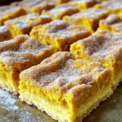 - 1 cup unsalted butter, softened - 1 cup brown sugar, packed - 1/2 cup granulated sugar - 1 cup pumpkin puree - 2 large eggs - 2 teaspoons vanilla extract - 3 cups all-purpose flour - 1 teaspoon baking soda - 1 teaspoon baking powder - 2 teaspoons ground cinnamon - 1/2 teaspoon nutmeg - 1/2 teaspoon salt - 1 tablespoon sugar (for sprinkling) - 1 teaspoon cinnamon (for sprinkling) For this recipe, precise measurements matter. Use a dry measuring cup for flour. Spoon flour into the cup, then level it off with a knife. This method helps avoid too much flour, which can affect the texture. Use a liquid measuring cup for pumpkin puree and eggs. Make sure you have the right amount for a moist, flavorful bar. You can substitute the butter with coconut oil for a dairy-free option. Use light brown sugar instead of dark for a milder flavor. If you lack pumpkin puree, use unsweetened applesauce. You can also replace eggs with flaxseed meal mixed with water. This is a great vegan option. Always keep in mind these swaps will slightly change the taste and texture. First, set your oven to 350°F (175°C). This step is key to baking the bars right. Next, grab a 9x13 inch baking pan. You can grease it or line it with parchment paper. The parchment helps with easy removal later. Make sure you have everything ready before you start mixing. In a large bowl, cream together 1 cup of softened butter, 1 cup of brown sugar, and ½ cup of granulated sugar. Mix until it looks light and fluffy. This step adds air to the batter. Then, add 1 cup of pumpkin puree, 2 large eggs, and 2 teaspoons of vanilla extract. Mix this until it is smooth and well combined. In another bowl, whisk together the dry ingredients. You will need 3 cups of all-purpose flour, 1 teaspoon of baking soda, 1 teaspoon of baking powder, 2 teaspoons of ground cinnamon, ½ teaspoon of nutmeg, and ½ teaspoon of salt. Once mixed, slowly add the dry ingredients to the wet mixture. Stir gently until combined. Be careful! Overmixing can make the bars tough. Pour the batter into your prepared baking pan and spread it out evenly. In a small bowl, mix 1 tablespoon of sugar with 1 teaspoon of cinnamon. Sprinkle this mixture on top of the batter. It adds a great touch! Now, place the pan in the oven. Bake for 25 to 30 minutes. Check for doneness by inserting a toothpick into the center. If it comes out clean, your bars are ready! After baking, let the bars cool in the pan for about 10 minutes. Then, transfer them to a wire rack to cool completely. Finally, cut them into squares and serve. Enjoy your delicious Pumpkin Snickerdoodle Cookie Bars! To make the best Pumpkin Snickerdoodle Cookie Bars, start with softened butter. It helps mix the sugars well, giving you a fluffy batter. Use fresh pumpkin puree for rich flavor. If you use canned pumpkin, ensure it’s pure pumpkin, not pie filling. When mixing dry ingredients, whisk them well to avoid lumps. This creates a smooth batter. Don't overmix when combining wet and dry ingredients. This keeps the bars soft and chewy. A common mistake is not measuring ingredients accurately. Use dry measuring cups for flour and sugar. Another error is baking too long. Check the bars at 25 minutes. If a toothpick comes out clean, they are done. Avoid opening the oven door too early, as it can cause uneven baking. Lastly, let the bars cool before cutting them. Cutting too soon may lead to crumbles. These bars shine with a light dusting of powdered sugar. They taste amazing with a scoop of vanilla ice cream on top. Pair them with a warm cup of chai tea or coffee for a cozy treat. For an extra twist, serve with whipped cream and a sprinkle of cinnamon. You can also enjoy them as a sweet breakfast with yogurt or fresh fruit. {{image_2}} You can make these bars gluten-free easily. Replace all-purpose flour with a gluten-free blend. Look for a blend that has xanthan gum. This helps with texture. Make sure all other ingredients are gluten-free, too. Your bars will taste just as good! Add your own twist to these cookie bars. You can mix in some chopped nuts, like walnuts or pecans. Want more spice? Try adding ginger or allspice. For a fun touch, you can swirl in some cream cheese. This gives a nice tangy flavor that pairs well with pumpkin. For chocolate lovers, add chocolate chips to the batter. Use semi-sweet, milk, or dark chocolate chips based on your taste. About a cup will do. You can also use white chocolate chips for a sweeter bite. Just fold them in carefully before baking. This makes your bars even more delicious! Store your Pumpkin Snickerdoodle Cookie Bars in an airtight container. This keeps them fresh and moist. You can leave them at room temperature for up to three days. If you want to keep them longer, refrigeration is a good option. To freeze the bars, first let them cool completely. Then, cut them into squares. Wrap each square tightly in plastic wrap. Place the wrapped bars in a freezer-safe bag or container. They can last up to three months in the freezer. When you're ready to enjoy, just thaw them in the fridge overnight. These bars stay fresh for about a week if stored properly. Check for any signs of spoilage, like an off smell or mold. If they seem dry, a scoop of ice cream or a drizzle of frosting can help revive their taste. Enjoy them warm for a cozy treat! Yes, you can use fresh pumpkin. First, you need to cook it. Bake or steam the pumpkin until soft. Then, scoop out the flesh and mash it well. Make sure to drain any extra water. This will help keep your bars from being soggy. Fresh pumpkin adds a nice flavor and texture. To check if the bars are done, use a toothpick. Insert it in the center of the bars. If it comes out clean, they are ready. The top should look set and slightly golden. They will also spring back when you touch them lightly. If the toothpick has batter on it, bake for a few more minutes. You can serve these bars with a scoop of vanilla ice cream. It adds a creamy touch. A drizzle of caramel sauce on top also works well. For a fun twist, try whipped cream or a sprinkle of nuts. These options enhance the pumpkin flavor and make your treat even better. You now have a clear path to making delicious Pumpkin Snickerdoodle Bars. We covered ingredients, measurements, and smart swaps. Next, I shared easy steps for prep, mixing, and baking. You learned tips to avoid mistakes, serving ideas, and fun variations. Finally, I outlined storage info and answered common questions. With this guide, you can bake with confidence and enjoy tasty treats. Remember to have fun as you create!