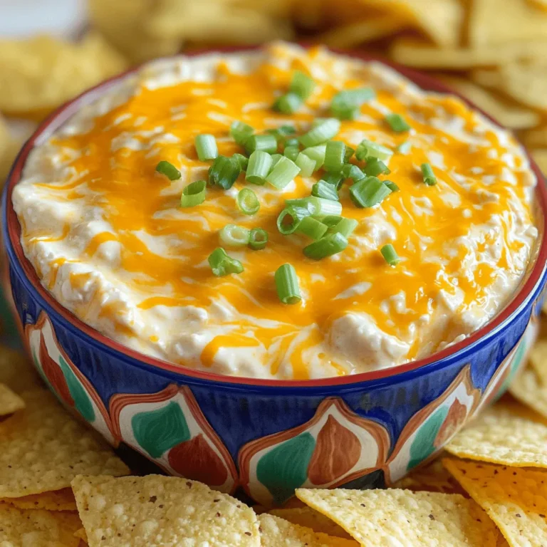 - 2 cups shredded chicken (cooked and shredded) - 8 oz cream cheese, softened - 1/2 cup buffalo sauce - 1/2 cup ranch dressing - 1 cup shredded cheddar cheese - 1/2 cup green onions, chopped - Salt and pepper to taste - Tortilla chips or celery sticks for serving The key to a great Slow Cooker Creamy Buffalo Chicken Dip is in the ingredients. First, you need shredded chicken. I like to use leftover rotisserie chicken for ease. Next, grab cream cheese. It adds a rich and creamy texture. Buffalo sauce is a must for that spicy kick. I suggest using your favorite brand. Ranch dressing is perfect for balancing the heat from the buffalo sauce. Then, you will need shredded cheddar cheese. It melts beautifully and adds flavor. Don't forget green onions; they add a fresh crunch. Lastly, have salt and pepper ready to season. For serving, tortilla chips or celery sticks work great. They make dipping easy and fun! To make the dip, start by gathering your ingredients. In your slow cooker, combine the shredded chicken, softened cream cheese, buffalo sauce, and ranch dressing. Mix these well until the cream cheese blends smoothly with the other ingredients. This step is key for a creamy texture. Next, add half of the shredded cheddar cheese and half of the chopped green onions. Stir everything together until it's evenly distributed. This blend of flavors is what makes your dip so rich and tasty. Now it's time to cook! Cover your slow cooker and set it on low heat. Let it cook for about 2 to 3 hours. During this time, stir the dip every so often. Stirring helps all the flavors mix well and keeps the dip from sticking to the sides. When your dip is hot and bubbly, it’s nearly ready! Taste it and add salt and pepper if needed. Then sprinkle the remaining cheddar cheese on top. Cover the dip again and let it melt for about 10 to 15 minutes. This extra cheese adds a delicious, gooey layer. Before serving, finish your dip with the rest of the green onions. This gives a fresh look and a pop of flavor. Now you are ready to enjoy your creamy buffalo chicken dip! Serve it with tortilla chips or celery sticks for a fun snack. You can easily change the spice level in your buffalo chicken dip. Start with less buffalo sauce if you want it milder. Add a bit more sauce later if it’s not spicy enough. For a gentler taste, try using a mild hot sauce or mix in some honey. This will tone down the heat while adding a sweet touch. To make your dip even creamier, add extra cream cheese or sour cream. This will give it a rich texture. You can also use Greek yogurt for a lighter option. For a twist, try different cheeses. Creamy mozzarella or pepper jack can change the flavor and texture. Mix and match until you find your favorite combination. Serve your dip in a fun bowl. Arrange tortilla chips around the bowl for a nice look. You can drizzle some extra buffalo sauce on top for color. For drinks, try pairing it with beer or soda. It also goes well with veggie sticks like carrots or celery. This makes for a great snack spread at any gathering. {{image_2}} You can make this dip lighter and just as tasty. Try using low-fat cream cheese. This simple swap cuts fat without losing flavor. You can also use dairy-free cream cheese to keep it vegan. Substitute shredded chicken with ground turkey or even tofu. Both options keep the dip hearty while reducing calories. Want to spice things up? Add jalapeños for a kick. They give a great crunch and heat. You can also mix in blue cheese for a rich, tangy taste. Experiment with different sauces too. Swap buffalo sauce with BBQ sauce for a sweet twist. Each change gives you a new dip experience. You can tailor this dip for any event. For game day, serve it in a football-shaped dish. Add some celery sticks and carrots for crunch. For holiday parties, mix in festive spices like cinnamon or nutmeg. Create a red and green theme by adding chopped red peppers and parsley. These fun touches make your dip stand out! To keep your buffalo chicken dip fresh, store it in the fridge right away. Use an airtight container to help lock in flavor. Make sure to cool the dip to room temperature before sealing it. This helps prevent condensation inside the container. I recommend using glass or BPA-free plastic containers. These options are safe and reusable. When you want to enjoy the dip again, use a microwave or slow cooker. For the microwave, place the dip in a bowl and cover it. Heat in short bursts, stirring in between. This method helps heat it evenly. If you prefer the slow cooker, set it on low. Stir it every few minutes until hot. To restore creaminess, add a splash of ranch dressing or cream cheese while reheating. Freezing the dip is a great option for longer storage. First, let it cool completely. Then, spoon it into a freezer-safe container. Leave some space at the top for expansion. You can freeze it for up to three months. When ready to eat, thaw it in the fridge overnight. Reheat it gently using the methods above. This way, you’ll enjoy that creamy texture again! Yes, you can use frozen chicken. Just make sure to cook it fully first. You can cook it in the slow cooker, microwave, or stovetop. After cooking, shred the chicken and add it to your dip mixture. This makes it easy and quick. You can keep the dip in the fridge for about three to four days. Make sure to store it in an airtight container. This helps to keep it fresh and tasty. The best way to serve buffalo chicken dip is warm. You can use tortilla chips or celery sticks for dipping. Arrange the dip in a bowl and place the chips around it. This makes it look great and easy to enjoy. Yes, you can make this dip ahead of time. Prepare it and store it in the fridge. When you're ready to serve, just heat it in the slow cooker or microwave. This way, you can enjoy your time with guests and not worry about cooking. This blog post covered how to make a delicious buffalo chicken dip. We explored essential ingredients like shredded chicken, cream cheese, and buffalo sauce. I shared easy steps to prepare and cook the dip in a slow cooker. You learned tips for spice levels, creaminess, and serving suggestions. Remember to try variations for health or flavor. Store leftovers properly and enjoy them later. This dip is perfect for any gathering. With these tips, you can create a tasty treat that everyone will love. Happy dipping!
