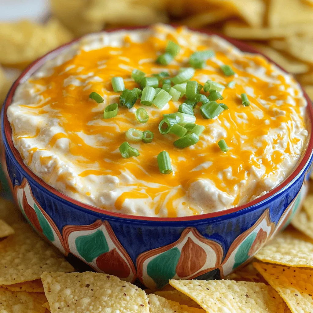 - 2 cups shredded chicken (cooked and shredded) - 8 oz cream cheese, softened - 1/2 cup buffalo sauce - 1/2 cup ranch dressing - 1 cup shredded cheddar cheese - 1/2 cup green onions, chopped - Salt and pepper to taste - Tortilla chips or celery sticks for serving The key to a great Slow Cooker Creamy Buffalo Chicken Dip is in the ingredients. First, you need shredded chicken. I like to use leftover rotisserie chicken for ease. Next, grab cream cheese. It adds a rich and creamy texture. Buffalo sauce is a must for that spicy kick. I suggest using your favorite brand. Ranch dressing is perfect for balancing the heat from the buffalo sauce. Then, you will need shredded cheddar cheese. It melts beautifully and adds flavor. Don't forget green onions; they add a fresh crunch. Lastly, have salt and pepper ready to season. For serving, tortilla chips or celery sticks work great. They make dipping easy and fun! To make the dip, start by gathering your ingredients. In your slow cooker, combine the shredded chicken, softened cream cheese, buffalo sauce, and ranch dressing. Mix these well until the cream cheese blends smoothly with the other ingredients. This step is key for a creamy texture. Next, add half of the shredded cheddar cheese and half of the chopped green onions. Stir everything together until it's evenly distributed. This blend of flavors is what makes your dip so rich and tasty. Now it's time to cook! Cover your slow cooker and set it on low heat. Let it cook for about 2 to 3 hours. During this time, stir the dip every so often. Stirring helps all the flavors mix well and keeps the dip from sticking to the sides. When your dip is hot and bubbly, it’s nearly ready! Taste it and add salt and pepper if needed. Then sprinkle the remaining cheddar cheese on top. Cover the dip again and let it melt for about 10 to 15 minutes. This extra cheese adds a delicious, gooey layer. Before serving, finish your dip with the rest of the green onions. This gives a fresh look and a pop of flavor. Now you are ready to enjoy your creamy buffalo chicken dip! Serve it with tortilla chips or celery sticks for a fun snack. You can easily change the spice level in your buffalo chicken dip. Start with less buffalo sauce if you want it milder. Add a bit more sauce later if it’s not spicy enough. For a gentler taste, try using a mild hot sauce or mix in some honey. This will tone down the heat while adding a sweet touch. To make your dip even creamier, add extra cream cheese or sour cream. This will give it a rich texture. You can also use Greek yogurt for a lighter option. For a twist, try different cheeses. Creamy mozzarella or pepper jack can change the flavor and texture. Mix and match until you find your favorite combination. Serve your dip in a fun bowl. Arrange tortilla chips around the bowl for a nice look. You can drizzle some extra buffalo sauce on top for color. For drinks, try pairing it with beer or soda. It also goes well with veggie sticks like carrots or celery. This makes for a great snack spread at any gathering. {{image_2}} You can make this dip lighter and just as tasty. Try using low-fat cream cheese. This simple swap cuts fat without losing flavor. You can also use dairy-free cream cheese to keep it vegan. Substitute shredded chicken with ground turkey or even tofu. Both options keep the dip hearty while reducing calories. Want to spice things up? Add jalapeños for a kick. They give a great crunch and heat. You can also mix in blue cheese for a rich, tangy taste. Experiment with different sauces too. Swap buffalo sauce with BBQ sauce for a sweet twist. Each change gives you a new dip experience. You can tailor this dip for any event. For game day, serve it in a football-shaped dish. Add some celery sticks and carrots for crunch. For holiday parties, mix in festive spices like cinnamon or nutmeg. Create a red and green theme by adding chopped red peppers and parsley. These fun touches make your dip stand out! To keep your buffalo chicken dip fresh, store it in the fridge right away. Use an airtight container to help lock in flavor. Make sure to cool the dip to room temperature before sealing it. This helps prevent condensation inside the container. I recommend using glass or BPA-free plastic containers. These options are safe and reusable. When you want to enjoy the dip again, use a microwave or slow cooker. For the microwave, place the dip in a bowl and cover it. Heat in short bursts, stirring in between. This method helps heat it evenly. If you prefer the slow cooker, set it on low. Stir it every few minutes until hot. To restore creaminess, add a splash of ranch dressing or cream cheese while reheating. Freezing the dip is a great option for longer storage. First, let it cool completely. Then, spoon it into a freezer-safe container. Leave some space at the top for expansion. You can freeze it for up to three months. When ready to eat, thaw it in the fridge overnight. Reheat it gently using the methods above. This way, you’ll enjoy that creamy texture again! Yes, you can use frozen chicken. Just make sure to cook it fully first. You can cook it in the slow cooker, microwave, or stovetop. After cooking, shred the chicken and add it to your dip mixture. This makes it easy and quick. You can keep the dip in the fridge for about three to four days. Make sure to store it in an airtight container. This helps to keep it fresh and tasty. The best way to serve buffalo chicken dip is warm. You can use tortilla chips or celery sticks for dipping. Arrange the dip in a bowl and place the chips around it. This makes it look great and easy to enjoy. Yes, you can make this dip ahead of time. Prepare it and store it in the fridge. When you're ready to serve, just heat it in the slow cooker or microwave. This way, you can enjoy your time with guests and not worry about cooking. This blog post covered how to make a delicious buffalo chicken dip. We explored essential ingredients like shredded chicken, cream cheese, and buffalo sauce. I shared easy steps to prepare and cook the dip in a slow cooker. You learned tips for spice levels, creaminess, and serving suggestions. Remember to try variations for health or flavor. Store leftovers properly and enjoy them later. This dip is perfect for any gathering. With these tips, you can create a tasty treat that everyone will love. Happy dipping!