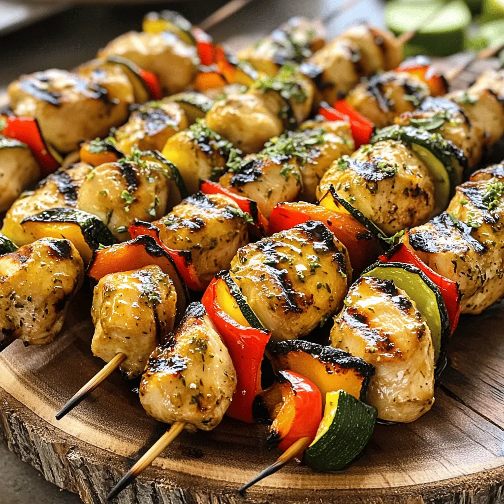 To make honey lime chicken skewers, you need a few simple ingredients. Each one adds to the dish's great taste. - Chicken - 1 lb (450g) boneless, skinless chicken breasts, cut into 1-inch cubes - Marinade Components - 1/4 cup honey - 1/4 cup fresh lime juice - 2 tablespoons olive oil - 3 cloves garlic, minced - 1 teaspoon ground cumin - 1 teaspoon chili powder - Salt and pepper to taste - Vegetables for Skewering - 1 red bell pepper, cut into 1-inch pieces - 1 zucchini, sliced into rounds - Skewers (wooden or metal) The chicken forms the base of the skewers. Honey and lime juice make a sweet and tangy marinade. Olive oil helps the spices stick. The garlic adds a nice kick. Cumin and chili powder bring warmth and depth. Use fresh vegetables like bell pepper and zucchini for color and crunch. Gather all these items before you start cooking. Preparation makes the process easier and more fun. To start, grab a medium mixing bowl. In this bowl, whisk together these ingredients: - 1/4 cup honey - 1/4 cup fresh lime juice - 2 tablespoons olive oil - 3 cloves garlic, minced - 1 teaspoon ground cumin - 1 teaspoon chili powder - Salt and pepper to taste Mix until everything blends well. This marinade gives the chicken a sweet and tangy flavor that shines through each bite. Next, take your chicken breasts, cut into 1-inch cubes. Place these cubes into a large resealable bag or a bowl. Pour your marinade over the chicken. Make sure every piece is coated. Seal the bag or cover the bowl tightly. Refrigerate for at least 30 minutes, but for more flavor, marinate for up to 2 hours. If using wooden skewers, soak them in water for about 30 minutes. This step helps prevent burning. If you use metal skewers, you can skip this. Now, thread the marinated chicken cubes onto the skewers. Alternate between chicken and pieces of red bell pepper and zucchini. Fill the skewers but leave a little space for even cooking. Preheat your grill over medium-high heat. Lightly grease the grill grates with oil to stop sticking. Place the skewers on the grill and cook for 10-12 minutes. Turn them occasionally. The chicken should reach an internal temperature of 165°F (75°C) and the veggies should be tender. Once done, carefully remove the skewers from the grill. Let them rest for a few minutes before serving. Enjoy your tasty honey lime chicken skewers! To make your marinade pop, focus on fresh ingredients. Fresh lime juice gives a bright taste. I always use real honey for sweetness. You can add herbs like cilantro or mint for a fresh twist. If you enjoy heat, try adding a pinch of cayenne pepper. This balance of sweet and sour makes each bite special. Let the chicken sit in this marinade for at least 30 minutes. For a deeper taste, marinate for up to 2 hours. Grilling the skewers is key to great flavor. Preheat your grill to medium-high heat. This helps to seal in the juices. If using wooden skewers, soak them in water for 30 minutes. This prevents burning. When grilling, place the skewers on the grill and turn them every few minutes. This ensures even cooking. Look for a nice char on the chicken and veggies. Remember, the chicken should reach 165°F (75°C) for safe eating. Serve the skewers with a side of rice or a salad. A fresh salsa or avocado dip pairs well too. You can also add a squeeze of lime over the top before serving. This adds a nice zing. For a fun touch, let guests build their own plates. Set out extra veggies or sauces for dipping. Sharing makes the meal more enjoyable! {{image_2}} You can switch the chicken with other meats. Try shrimp or pork for a change. Both cook well with this marinade. Use the same marinating time for shrimp. For pork, cut it into 1-inch cubes. You can also use firm tofu for a tasty, plant-based option. While red bell pepper and zucchini are great, feel free to mix it up. You can add mushrooms, cherry tomatoes, or onion. These veggies add more taste and color. Just cut them into similar sizes for even cooking. If you like it spicy, add more chili powder or try cayenne pepper. A little goes a long way, so start small. For a milder version, skip the chili powder. You can also add sweet spices like paprika for a unique twist. To store leftover honey lime chicken skewers, let them cool first. Place them in an airtight container. This keeps them fresh. You can store them in the fridge for up to three days. If you have extra marinade, save it for added flavor. Just be sure to cover the skewers well to avoid any drying out. When you want to enjoy the skewers again, reheating is easy. You can use a microwave or grill. If using a microwave, heat them for about 1-2 minutes on medium power. Check to see if they are warm throughout. For grilling, place them back on medium heat for 5-7 minutes. Turn them often to get even warmth and keep the chicken juicy. Freezing is a good option if you have more skewers than you can eat. Wrap each skewer in plastic wrap. Then, place them in a freezer bag. Make sure to remove any air to prevent freezer burn. You can freeze them for up to three months. When you’re ready to eat, thaw them in the fridge overnight. Reheat as mentioned above when you’re ready to enjoy! You can tell when chicken skewers are done by checking the color and temperature. The chicken should be white all the way through, with no pink spots. Use a meat thermometer to check the internal temperature. It should reach 165°F (75°C). If you don’t have a thermometer, cut a piece in the thickest part. If the juices run clear, it’s ready. Yes, you can use other meats for this recipe. Pork, shrimp, or even beef work well. Adjust the cooking time based on the meat. Chicken cooks quickly, while pork and beef may need more time. Make sure to marinate the meat just like you do with chicken. This adds great flavor and keeps it moist. You can serve many sides with Honey Lime Chicken Skewers. Here are a few good options: - Rice or quinoa for a filling base - A fresh salad with greens and veggies - Grilled corn on the cob for sweetness - A tangy yogurt sauce for dipping These sides balance the sweet and zesty flavor of the skewers. This post showed you how to make tasty chicken skewers. We covered the key ingredients, marinade, and grilling tips. I also shared ideas for variations and storage. You can play with flavors and proteins to suit your taste. Remember, cooking is fun and easy! With practice, you'll create perfect skewers every time. Enjoy sharing your meals with friends and family. Happy grilling!