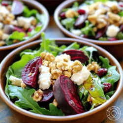 - Roasted Beets: The heart of this salad, roasted beets bring sweetness and color. Choose medium-sized beets for even cooking. - Mixed Greens: A mix of arugula, spinach, and kale adds crunch and freshness. You can use any greens you like. - Goat Cheese: This creamy cheese offers a tangy flavor that pairs well with the beets. Crumbled goat cheese is easy to sprinkle on top. - Balsamic Vinegar: This adds a rich, sweet tang to the salad. It complements the earthiness of the beets. - Olive Oil: Use high-quality olive oil for the best flavor. It helps to balance the acidity of the vinegar. - Honey: A touch of honey enhances the sweetness in the dressing. This creates a nice harmony with the beets. - Nuts: Walnuts add crunch and a nutty flavor. You can also use pecans or almonds if you prefer. - Dried Fruits: Dried cranberries add sweetness and chewiness. They also add a pop of color to the salad. - Seasonings: Salt and black pepper are essential for taste. Feel free to add herbs like thyme or basil for extra flavor. Start by setting your oven to 400°F (200°C). This heat will help the beets roast evenly and become tender. Next, take each beet and wrap it in aluminum foil. Place the wrapped beets on a baking sheet. Roast them in the oven for about 45 to 60 minutes. You’ll know they are ready when a fork easily pierces them. The roasting makes the beets sweet and soft. After the beets roast, let them cool for a few minutes. Once they are cool enough to touch, peel the skins off. You can use your fingers or a paper towel for this. Cut the beets into wedges to add to your salad. In a small bowl, add 2 tablespoons of balsamic vinegar, 3 tablespoons of olive oil, and 1 tablespoon of honey. Whisk these together until they form a smooth dressing. It should blend well and look shiny. Taste the dressing. If you want more flavor, add a pinch of salt or black pepper. Mix again. Adjust to your liking for the perfect balance of sweet and tangy. In a large salad bowl, add 6 cups of mixed greens. Toss in the roasted beet wedges, 1/4 cup of roughly chopped walnuts, and 1/4 cup of dried cranberries. Drizzle the dressing over the salad. Gently toss everything together until the greens and toppings are evenly coated. Finally, sprinkle 1/2 cup of crumbled goat cheese on top before serving. Enjoy this fresh and colorful dish! Testing for Doneness To check if your beets are done, use a fork. If it easily goes through, they are ready. The skin will also look wrinkled and can peel off easily. This method ensures you get soft, tender beets that add great flavor to your salad. Storing Roasted Beets After roasting, let the beets cool completely. Wrap them in plastic wrap or store in an airtight container. They will last up to a week in the fridge. This makes meal prep easy and quick for your salad on busy days. Dressing Consistency Mix the balsamic vinegar, olive oil, honey, salt, and pepper well. You want a smooth blend that coats the salad evenly. If it’s too thick, add a bit more olive oil or vinegar to reach the right texture. A good dressing ties all the flavors together. Balancing Sweetness and Acidity Taste the dressing before adding it to the salad. If it’s too sweet, add a touch more vinegar. If it’s too sour, a little honey can help. Finding the right balance makes your salad pop with flavor. Serving Suggestions Serve your salad in shallow bowls. This allows the bright colors to shine. Place beet wedges, greens, and cheese in a way that looks inviting. A beautiful presentation makes the meal more enjoyable. Garnishing Techniques Garnish with extra walnuts and a drizzle of balsamic reduction. This adds texture and richness. You can also sprinkle some fresh herbs on top for color and flavor. These small touches make a big difference in how your salad looks and tastes. {{image_2}} Different Greens to Use You can switch mixed greens for other types. Try arugula, spinach, or kale. Each green brings a unique taste and texture. You can even mix in baby lettuces or romaine for extra crunch. Alternative Cheeses If goat cheese isn’t your favorite, other options work well too. Feta cheese brings a salty kick. For a creamier taste, use ricotta. You can also try vegan cheese if you want a dairy-free meal. Local Produce Options Seasonal veggies can change your salad. In spring, add fresh peas or radishes. In summer, sliced tomatoes or cucumbers add brightness. Fall brings squash, and winter often has hearty greens like collards. Flavor Influences from Different Cultures You can take inspiration from global cuisines. Add citrus segments for a bright, fresh taste. Consider using nuts like almonds or pistachios, which are common in Middle Eastern dishes. Vegan Alternatives To make this salad vegan, swap out the goat cheese for a nut-based cheese. You can also skip the honey in the dressing, using agave syrup instead. This keeps the flavor while fitting your diet. Gluten-Free Options This salad is naturally gluten-free. Just make sure any added ingredients, like nuts or dried fruits, are also gluten-free. You can enjoy this salad without worry, no matter your dietary needs. - Refrigeration Guidelines: Store your salad in an airtight container. Keep it in the fridge. It will stay fresh for up to three days. The beets may lose some texture but will still taste great. - Freezing Options: I do not recommend freezing this salad. The greens will wilt and the goat cheese may change in texture. However, you can freeze roasted beets separately. Wrap them well in plastic wrap or foil, then store in a freezer bag. They can last for up to three months. - Best Practices for Maintaining Quality: If you have leftovers, eat them cold for the best flavor. If you want to reheat, warm the beets only. Use a microwave or pan. Heat them gently to avoid mushiness. Do not heat the greens or cheese, as they will spoil. - Preparing Ingredients Ahead of Time: You can roast the beets one day ahead. Once cooled, store them in the fridge. Chop the nuts and cranberries in advance. This saves time when you're ready to assemble. - Assembling for Quick Meals: For quick meals, mix greens, beets, nuts, and cranberries in a bowl. Keep the dressing separate until you are ready to eat. This keeps everything fresh and crunchy. Roasted beets last about 3 to 5 days in the fridge. Store them in an airtight container. This keeps them fresh and tasty. Make sure they cool down first before you put them away. If you notice any odd smells or colors, it’s best to toss them. Yes, you can use canned beets. They save time and are already cooked. Just remember they might be softer and have a different taste. Rinse them well to reduce the salty flavor. Also, cut them into wedges to match the roasted beets. Beetroot is full of vitamins and minerals. It has fiber, which helps digestion. Beets can lower blood pressure and improve blood flow. They are also rich in antioxidants. Eating beets may boost your stamina and energy levels. Plus, they add a sweet, earthy flavor to your salad. To make the salad more filling, add protein like grilled chicken or chickpeas. You can also toss in some quinoa or farro for extra texture. Nuts, like almonds or pecans, add crunch and healthy fats. These additions make the salad heartier and satisfying. This blog post covered how to make a delicious salad. We explored key ingredients like roasted beets, mixed greens, and goat cheese. We also shared tips for making a tasty dressing and ideas for optional add-ins. In closing, salads are versatile and can fit any taste. With the right ingredients and techniques, you can make a meal full of flavor. Enjoy experimenting and make this salad your own!