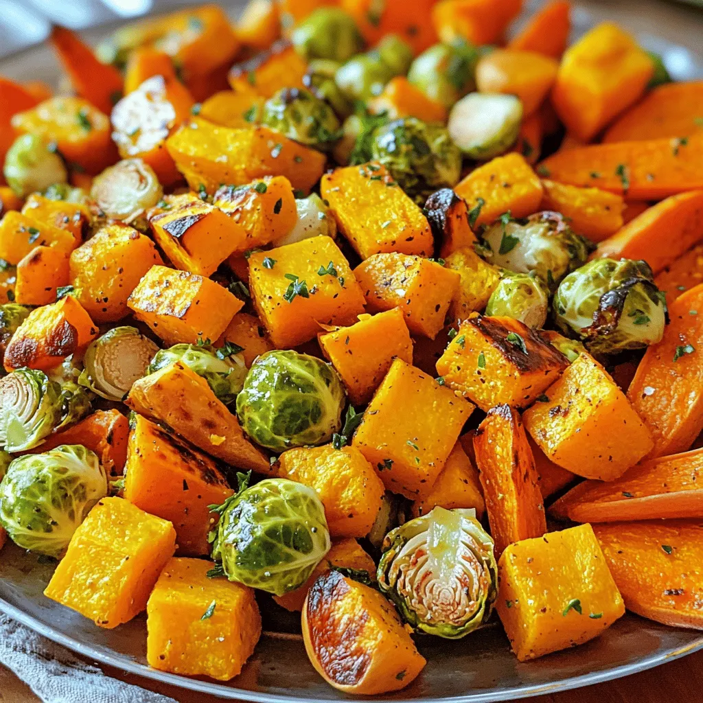 For this Roasted Fall Veggie Medley, I love using fresh, seasonal vegetables. They add great flavor and color. Here’s what you need: - 2 cups butternut squash, peeled and cubed - 2 cups Brussels sprouts, halved - 1 cup carrots, sliced - 1 red onion, cut into wedges - 1 cup sweet potatoes, cubed These veggies work well together and bring out the best in each other. Butternut squash adds sweetness, while Brussels sprouts bring a nice crunch. Carrots add color and flavor, and red onion gives a mild bite. Sweet potatoes round it all out with their creamy texture. Great seasoning makes all the difference. Here’s what you need to make these veggies shine: - 3 tablespoons olive oil - 2 teaspoons dried thyme - 1 teaspoon smoked paprika - 1 teaspoon garlic powder - Salt and pepper to taste Olive oil helps the veggies roast evenly. Dried thyme adds a warm, earthy taste. Smoked paprika gives a hint of smokiness, while garlic powder boosts flavor. Don’t forget salt and pepper to balance everything out. A few simple garnishes can elevate your dish. I recommend: - Fresh parsley, chopped, for garnish Chopped parsley adds a pop of green and freshness. You can also drizzle balsamic glaze over the top for a sweet touch. This makes the dish more appealing and adds extra flavor. First, set your oven to 425°F (220°C). This high heat helps the veggies get nice and tender. Preheating is key for great roasting. It ensures they cook evenly and develop a lovely caramelized texture. Grab a large mixing bowl. Add the butternut squash, Brussels sprouts, carrots, red onion, and sweet potatoes. These veggies bring color and flavor to your dish. Next, drizzle the olive oil over the veggies. Sprinkle with dried thyme, smoked paprika, garlic powder, salt, and pepper. Toss everything well. Make sure each piece is coated in oil and spices. This step makes the veggies extra tasty. Line a large baking sheet with parchment paper. This keeps the veggies from sticking. Spread the veggie mix evenly across the sheet. Make sure they are in a single layer. This helps them roast evenly. Place the sheet in the oven and roast for 25-30 minutes. Stir the veggies halfway through to ensure they cook well. They are done when they feel tender and look golden brown on the edges. Once they are ready, take them out and let them cool for a few minutes. Garnish with fresh parsley before serving for a bright touch. To get that perfect roast, start with even-sized pieces. Cut all veggies to about the same size. This helps them cook evenly. Preheat your oven to 425°F. A hot oven gives the veggies a nice crisp. Use parchment paper on your baking sheet. This prevents sticking and makes cleanup easy. To boost flavor, try adding fresh herbs like rosemary or sage. A splash of lemon juice before serving can brighten the taste. For a sweet touch, drizzle honey or maple syrup over the veggies. Remember to adjust your seasoning. Taste as you go to find your perfect balance. Serve your roasted veggie medley on a big platter. The colors will wow your guests. Add a drizzle of balsamic glaze for a fancy touch. You can pair these veggies with grains like quinoa or rice. They also go well with roasted meats or fish. Enjoy this dish warm or at room temperature. {{image_2}} You can easily change the veggies in this dish. Try adding zucchini, bell peppers, or cauliflower. Each type brings its own taste and texture. Make sure to cut them into similar sizes for even cooking. Mixing in seasonal veggies adds fun and variety. You can even use leftover veggies from your fridge! This recipe is naturally vegan and gluten-free. You do not need to change any ingredients. The olive oil and spices are safe for all diets. If you want more protein, add chickpeas or lentils. They roast well and taste great with the other veggies. Herbs can change the flavor of your roasted veggies. If you have fresh herbs, use them! Rosemary, sage, or oregano work well. Just chop them finely and mix them in with the oil and spices. Dried herbs are also great, but fresh herbs add a lovely burst of flavor. Experiment with what you have to find your favorite mix! Once your roasted fall veggie medley cools, store it in an airtight container. This helps keep the veggies fresh. In the fridge, it stays good for about 3 to 5 days. When you want a quick meal, just grab it from the fridge! You can freeze the roasted veggies if you want to save them for later. Let them cool completely before putting them in a freezer-safe bag. Remove as much air as you can. This helps prevent freezer burn. Properly stored, they can last for up to 3 months. When you're ready, just thaw them overnight in the fridge. To reheat, you have a few options. The oven works best for keeping the veggies crispy. Preheat your oven to 375°F (190°C) and bake for about 10-15 minutes. You can also use the microwave if you’re in a hurry. Heat in short bursts, stirring between, until warm. Enjoy your tasty veggies again! Yes, you can use frozen vegetables for this dish. Frozen veggies save time and are very convenient. Just make sure to thaw them first. Pat them dry with a paper towel to remove excess moisture. This step helps them roast better and not steam. You can try many herbs with this roasted veggie medley. Rosemary and oregano add a nice touch. Sage gives it a warm fall flavor. Feel free to mix and match based on your taste. Fresh herbs can also be used. They will add a burst of flavor. Check the veggies after 25-30 minutes of roasting. They should be tender and slightly caramelized. You can poke them with a fork to test for doneness. If they are soft and easy to pierce, they are ready. Stirring halfway helps them cook evenly. This blog post covered how to roast vegetables simply and deliciously. We explored what veggies to choose, how to season, and tips for roasting. You learned about storing leftovers and variations for meals. Roasting brings out great flavors and textures, making it a fun way to enjoy veggies. Don't hesitate to try new herbs or mix in favorite veggies. Mastering this dish lets you enjoy healthy meals with ease. Enjoy your cooking journey!