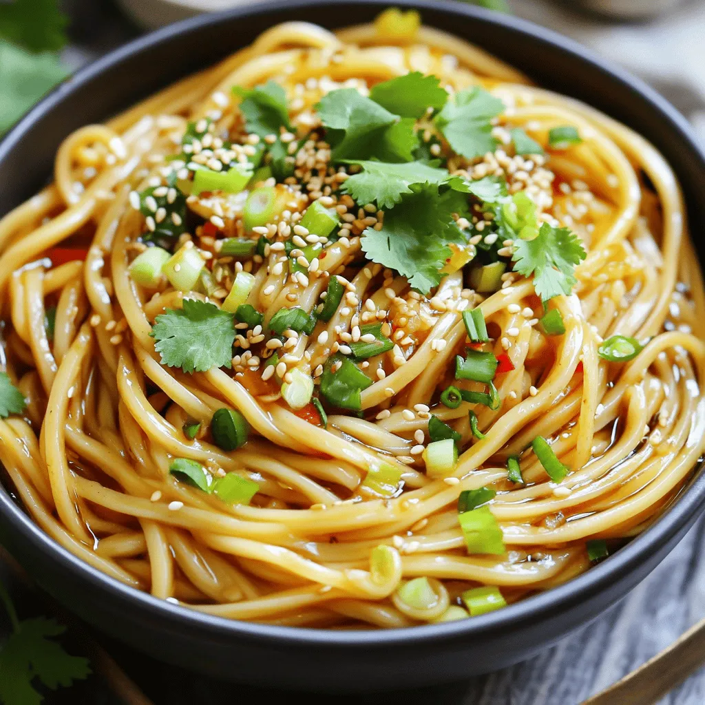 - 200g noodles (preferably udon or soba) - 4 cloves garlic, minced - 1 tablespoon fresh ginger, grated - 3 tablespoons sesame oil - 2 tablespoons soy sauce - 1 tablespoon chili paste (adjust to taste) - 1 tablespoon rice vinegar - 1 tablespoon honey or maple syrup The main ingredients create a base full of flavor. The noodles bring a satisfying chew. Garlic and ginger add a warm aroma. Sesame oil gives a nutty taste. Soy sauce provides a salty depth, while chili paste brings heat. Rice vinegar adds tang, and honey or maple syrup balances the spice. - 2 spring onions, chopped - Fresh cilantro leaves for garnish (optional) - 1 tablespoon sesame seeds, toasted Optional ingredients can elevate your dish. Spring onions add freshness and crunch. Cilantro offers a bright flavor. Finally, toasted sesame seeds give a lovely crunch and visual appeal. You can mix and match these extras based on your preferences. To start, boil water in a large pot. Add 200g of noodles, like udon or soba. Cook the noodles until they are al dente. This usually takes around 4 to 6 minutes. Once done, drain the noodles. Rinse them under cold water to stop the cooking process. This step helps keep the noodles firm. In a small bowl, mix together the sauce ingredients. Combine 2 tablespoons of soy sauce, 1 tablespoon of chili paste, 1 tablespoon of rice vinegar, and 1 tablespoon of honey or maple syrup. Stir well until the honey fully dissolves. Set the sauce aside for later use. In a large skillet or wok, heat 3 tablespoons of sesame oil over medium heat. Once the oil is hot, add 4 cloves of minced garlic and 1 tablespoon of grated ginger. Sauté for 1 to 2 minutes. You want the mixture to smell great, but be careful not to burn the garlic. Add the drained noodles to the skillet. Toss them in the garlic and ginger mixture. Pour the sauce over the noodles. Mix everything thoroughly, ensuring the noodles are well coated in the sauce. This is where the magic begins! Next, add 2 chopped spring onions and 1 tablespoon of toasted sesame seeds to the noodle mix. Season with salt and pepper to taste. Toss everything again until well combined. This will enhance the flavor and crunch. Remove the skillet from heat and transfer the noodles to a serving dish. For a beautiful finish, garnish with fresh cilantro leaves if you like. Serve the noodles in a large bowl. You can drizzle a little extra sesame oil on top and sprinkle more sesame seeds for an eye-catching touch. Enjoy your tasty meal! - To prevent noodles from becoming sticky, rinse them with cold water after cooking. This stops the cooking and washes off extra starch. - Udon noodles give a chewy texture, while soba offers a nutty flavor. Both work great in this dish. - You can adjust spice levels by adding more chili paste. Start with a little and taste as you go. This way, you find your perfect heat. - For added protein, try chicken or tofu. Cook chicken pieces in the skillet before adding the noodles. If using tofu, sauté until golden. - These noodles pair well with a fresh salad or steamed veggies. Try serving them with a side of stir-fried broccoli or carrots for a colorful plate. - Add spring rolls or dumplings for a complete Asian-inspired meal. They complement the noodles and add variety. {{image_2}} To make Spicy Garlic Sesame Noodles plant-based, swap honey for maple syrup. Use fresh vegetables like bell peppers or broccoli for extra crunch. You can also add tofu or tempeh for protein. Simply sauté them with the garlic and ginger for a hearty meal. If you need gluten-free options, choose gluten-free noodles made from rice or quinoa. For the soy sauce, use tamari or coconut aminos. Both options provide a similar flavor without gluten. Check labels to ensure they are truly gluten-free. You can change the sauce for different tastes. Try adding peanut sauce for a creamy twist. Teriyaki sauce gives a sweet and savory flavor. You can even mix in some lime juice for a zesty kick. Adjust the chili paste to keep the spice level just right for you. Store your leftover Spicy Garlic Sesame Noodles in an airtight container. This keeps them fresh. Make sure to cool them down first. You can keep them in the fridge for up to three days. When reheating, add a splash of water or sesame oil. This helps to bring back the texture. If you want to freeze your noodles, pack them in a freezer-safe bag. Remove as much air as you can. They can last for about a month in the freezer. When you are ready to eat, thaw them in the fridge overnight. Then, reheat them in a pan with a bit of oil. This helps keep them tasty. Spicy Garlic Sesame Noodles stay fresh in the fridge for about three days. After that, they may lose flavor and texture. If you see any signs of spoilage, it’s best to toss them. Always trust your senses when it comes to food safety. Udon and soba noodles work best for this dish. - Udon noodles are thick and chewy. - Soba noodles are thin and made from buckwheat. Both types soak up the sauce well. You can also use rice noodles if you prefer. Yes, you can easily adjust the heat. - Start with 1 tablespoon of chili paste. - Taste the noodles after mixing the sauce. - Add more chili paste if you want it spicier. This way, you control the heat level to fit your taste. You can add meat or plant-based protein. - For meat, try grilled chicken or shrimp. - For plant-based options, use tofu or tempeh. Just cook the protein separately and mix it in. This adds flavor and makes the meal more filling. Absolutely! This recipe works well for meal prep. - Cook the noodles and sauce ahead of time. - Store them separately to keep the noodles from getting soggy. - When ready to eat, reheat in a skillet. This makes for a quick and tasty meal later! This blog post covered everything you need to make Spicy Garlic Sesame Noodles. We discussed the main ingredients like noodles, garlic, and ginger, and optional toppings. I shared step-by-step instructions, cooking tips, and ways to enhance flavors. You learned how to make variations, store leftovers, and answered common questions. Now you have the skills to create a delicious dish that's easy and flexible. Enjoy making these noodles your own!