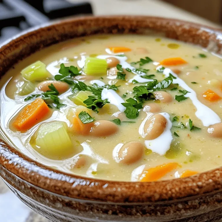 To make Slow Cooker Creamy White Bean Soup, gather these key ingredients: - 2 cups dried white beans (cannellini or Great Northern) - 1 onion, chopped - 2 cloves garlic, minced - 3 carrots, diced - 2 celery stalks, diced - 6 cups vegetable broth - 1 teaspoon dried thyme - 1 teaspoon smoked paprika - 1 bay leaf - 1 cup coconut milk (or heavy cream) - Salt and pepper to taste - Fresh parsley, chopped (for garnish) These ingredients work together to create a rich and hearty soup. The dried beans give the soup a solid base, while the vegetables add sweetness and depth. The coconut milk or cream brings a creamy texture and a hint of richness. You can easily swap some ingredients based on what you have. Here are some ideas: - Use canned beans if you don't have dried beans. Just rinse and drain them. - Swap out the coconut milk for heavy cream if you want a richer flavor. - If you prefer, you can replace the vegetable broth with chicken broth for added flavor. - Feel free to change the vegetables. Spinach or kale can add greens to the mix. These alternatives can help you get creative while still making a delicious soup. Garnishes add a nice touch to your soup and can enhance the flavor. Try using: - Fresh parsley, chopped, for a burst of color and flavor. - A drizzle of olive oil for added richness. - Croutons for a crunchy texture. - A sprinkle of smoked paprika for extra depth. Garnishes not only make the soup look appealing but also add layers of flavor that make each bite exciting. Start by soaking 2 cups of dried white beans overnight. This step helps soften the beans. Once they are ready, drain the beans and set them aside. Next, chop 1 onion and mince 2 garlic cloves. Dice 3 carrots and 2 celery stalks. Gather all these fresh ingredients to add flavor to your soup. In your slow cooker, add the soaked and drained beans first. Then, toss in the chopped onion, minced garlic, diced carrots, and diced celery. Pour in 6 cups of vegetable broth. This broth adds depth and richness. Stir in 1 teaspoon of dried thyme, 1 teaspoon of smoked paprika, and 1 bay leaf. These spices give the soup its special taste. Cover the slow cooker and set it to low for 6 to 8 hours or high for 4 to 5 hours. Cook until the beans are tender. Once the cooking time is up, remove the bay leaf from the soup. Take an immersion blender and puree part of the soup. This creates a creamy texture while leaving some beans whole. For an extra touch, stir in 1 cup of coconut milk or heavy cream. This makes the soup rich and smooth. Add salt and pepper to taste. Allow the soup to heat for another 10 to 15 minutes. Now, it’s ready to serve! To get that smooth, creamy texture, use an immersion blender. Blend some soup while leaving some beans whole. This mix gives a rich feel. You can also use a regular blender, but let the soup cool first. Always blend in batches to avoid spills. The creaminess can come from coconut milk or heavy cream. Add it at the end for the best results. Do you want more flavor? Try adding fresh herbs like rosemary or thyme. A squeeze of lemon adds brightness. You can also mix in some cooked bacon or sausage for a savory kick. For a spicy touch, add a dash of cayenne pepper. Remember, taste as you go. Adjust salt and pepper to fit your style. This soup is great for meal prep. You can make it a day in advance. Just store it in the fridge after it cools. The flavors will deepen overnight. If you want to freeze it, let it cool before you pack it. Use freezer-safe containers, leaving space for expansion. To reheat, warm it on the stove or in the microwave. Add a splash of broth if it gets too thick. Enjoy your easy comfort meal any day! {{image_2}} You can make this soup heartier by adding protein. Chicken works great. Just add cooked, shredded chicken in the last hour of cooking. If you prefer sausage, slice it and add it at the start. This gives your soup a nice, rich flavor. You can use spicy sausage for a kick or mild for a classic taste. Both options add depth and make the meal more filling. If you want a vegetarian or vegan soup, stick with the base recipe. Just use vegetable broth and coconut milk. This keeps it creamy and delicious. You can also add extra veggies. Try spinach, kale, or even sweet potatoes. They add color and nutrition. For protein, toss in lentils or quinoa. These alternatives keep the soup satisfying and flavorful. Adjusting the spice mix can create new flavors. Add fresh herbs like rosemary or basil for a bright taste. You can also switch up the spices. Consider adding cumin for warmth or chili powder for heat. A splash of lemon juice right before serving adds brightness. Experiment with these tweaks to find your favorite flavor! You can store leftover creamy white bean soup in the fridge. Use an airtight container. It will stay fresh for up to four days. Make sure the soup cools down before you put it away. This helps to keep it tasty and safe. Freezing the soup is a great option for long-term storage. First, let the soup cool completely. Then, pour it into freezer-safe containers. Leave some space at the top for expansion. The soup can last in the freezer for up to three months. To enjoy it later, just thaw it in the fridge overnight. Reheat the soup on the stove for best results. Pour it into a pot and heat over medium-low. Stir it often to prevent sticking. If the soup is too thick, add a splash of broth or water. You can also use the microwave. Place the soup in a microwave-safe bowl, cover it, and heat in short bursts, stirring in between. Enjoy it hot! Yes, you can use canned beans. They save time and are easy to use. If you choose canned beans, use about 4 cups. Rinse them well to remove excess salt. Add them to the slow cooker in the last hour of cooking. This way, they heat up without getting too soft. If your soup is thin, you have a few options. You can blend more of the soup to create a creamier texture. Use an immersion blender and blend half the soup. Another way is to add a slurry. Mix cornstarch with a little water, then stir it into the soup. Let it cook for 10 more minutes to thicken. Creamy white bean soup pairs well with many sides. A crusty bread works great for dipping. You can also serve it with a fresh salad. A simple green salad adds crunch and balance. For a heartier meal, try grilled cheese sandwiches. They complement the soup's creaminess perfectly. This blog post shared all you need to make a creamy white bean soup. We covered the main ingredients, step-by-step cooking tips, and various tasty variations. You learned how to achieve a creamy texture and enhance flavors. Remember, you can make it ahead and store it easily. Now, get creative with proteins or herbs. Enjoy making this soup your own!