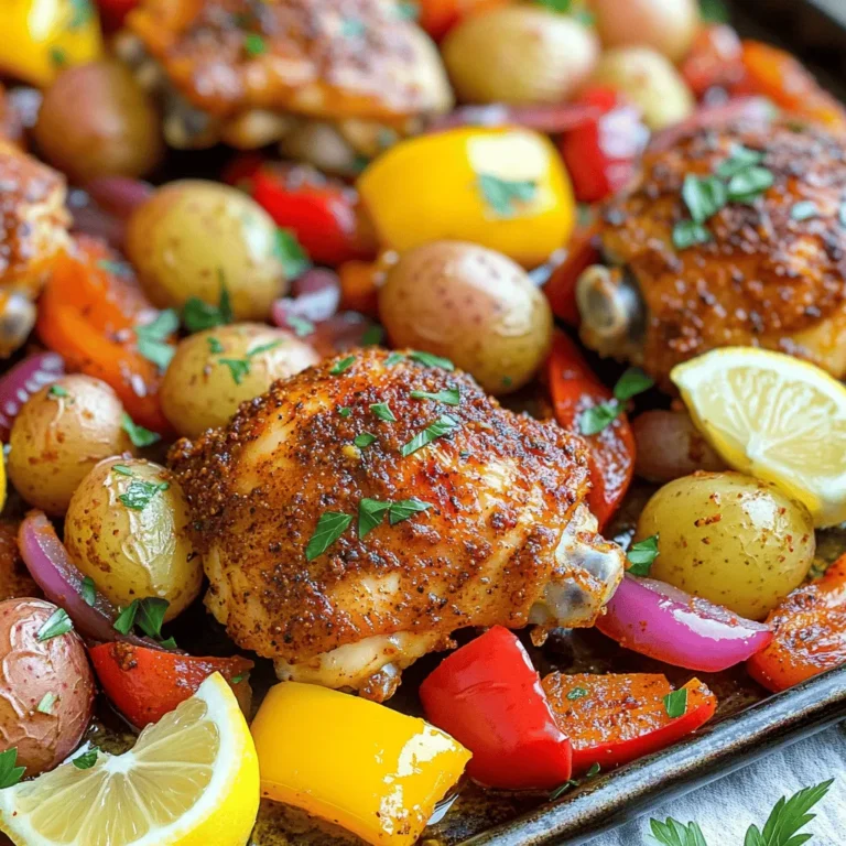 - 4 boneless, skinless chicken thighs - 2 tablespoons Cajun seasoning - 1 tablespoon olive oil - 1 red bell pepper, sliced - 1 yellow bell pepper, sliced - 1 medium red onion, sliced - 2 cups baby potatoes, halved - 4 cloves garlic, minced - 1 teaspoon smoked paprika - Salt and pepper to taste The star of this dish is the chicken thighs. They are juicy and tender. Cajun seasoning brings a bold flavor. The bell peppers and onion add color and sweetness. Baby potatoes soak up all the tasty juices. Garlic and smoked paprika enhance the dish. - Fresh parsley, chopped - Lemon wedges Garnishing with fresh parsley brightens the meal. Lemon wedges add a zesty touch. Both make the dish look appealing and fresh. - Alternatives for chicken: You can use chicken breasts or shrimp. - Substitutes for Cajun seasoning: Try a mix of paprika, cayenne, and garlic powder. If you want a leaner option, chicken breasts work well. Shrimp cooks fast and adds a different flavor. For seasoning, you can mix your spices. This way, you can adjust the heat to your taste. 1. Preheating the oven: Start by preheating your oven to 425°F (220°C). This step is key to getting that nice, crispy finish on your chicken and potatoes. 2. Marinating the chicken: In a large bowl, place the 4 boneless, skinless chicken thighs. Add 2 tablespoons of Cajun seasoning, 1 tablespoon of olive oil, 1 teaspoon of smoked paprika, salt, and pepper. Mix everything well until the chicken is fully coated. Let it sit while you prep the other ingredients. Marinating adds flavor and juiciness to the chicken. 1. Spreading the potatoes: Grab a large sheet pan and spread out 2 cups of halved baby potatoes. Drizzle them with a bit of olive oil, then season with salt and pepper. Toss them well to coat. The potatoes will soak up the flavors as they roast. 2. Nestling chicken and vegetables: Next, nestle the marinated chicken thighs among the potatoes. In the same bowl, add sliced red and yellow bell peppers, a sliced red onion, and 4 minced garlic cloves. Toss these veggies to coat, then scatter them around the chicken and potatoes on the pan. 1. Roasting time and temperature: Place the sheet pan in your preheated oven. Roast everything for 25 to 30 minutes. This time allows the chicken to cook through and the veggies to soften. 2. Checking for doneness: Use a meat thermometer to check the chicken. It should reach an internal temperature of 165°F (75°C). The potatoes should be tender. If the chicken isn't done, give it a few more minutes in the oven. This method ensures that every bite is packed with flavor and cooked to perfection. Enjoy your delicious Cajun Chicken Sheet Pan Dinner! To make your dish just right, you can adjust the spice level. If you want it hotter, add more Cajun seasoning. If you prefer it milder, use less. You can also mix in some paprika or garlic powder for extra depth. Balancing flavors adds richness. Think about adding a splash of lemon juice. This brightens the dish and makes it taste fresh. A bit of honey can also give a sweet touch. Experiment with flavors that you enjoy. Using a good sheet pan helps with even cooking. Choose one that fits your oven and is sturdy. Non-stick pans make cleaning easier too. A pair of kitchen tongs is great for flipping the chicken and veggies. A meat thermometer is key to knowing when your chicken is done. Insert it into the thickest part of the thigh. The chicken should reach 165°F (75°C) for safety. This tool helps you avoid dry meat. Prep your ingredients ahead of time. Chop the veggies and season the chicken the night before. This makes cooking quick on busy days. Batch cooking is smart for leftovers. Make extra chicken and veggies for lunch the next day. You can even mix them into salads or wraps. Enjoy your meal without spending more time in the kitchen! {{image_2}} You can change the veggies in this dish. Try zucchini or broccoli for a twist. Both add great flavor and color. You can also use seasonal vegetables. In the fall, add sweet potatoes or carrots. In the summer, consider using fresh corn or green beans. This makes the meal fun and fresh. If you want to switch up the protein, chicken breasts work well. They are leaner than thighs but still tasty. You can also use shrimp for a seafood twist. Just adjust the cooking time. For a vegetarian option, use firm tofu or chickpeas. Both soak up flavors well and add protein. Not everyone loves spicy food. You can use a milder Cajun seasoning. Look for blends labeled as mild or use less spice. You can also make your own spice mix. Combine garlic powder, onion powder, paprika, and thyme for a tasty blend. This lets you control the heat and still enjoy a flavorful meal. To keep your Cajun chicken dinner fresh, use airtight containers. Glass or plastic containers work well. Make sure to cool the food first before sealing. Store leftovers in the fridge. They will stay good for about three days. When you want to heat the leftovers, you can use either a microwave or an oven. The microwave is faster but may dry out the chicken. If you use the oven, preheat it to 350°F. Place the chicken and veggies in a baking dish. Cover with foil to keep the moisture in. Heat for about 15-20 minutes. This way, the chicken stays juicy and tasty. To freeze your Cajun chicken sheet pan dinner, let it cool completely first. Then, place it in a freezer-safe bag or container. Remove as much air as you can. This helps prevent freezer burn. You can freeze it for up to three months. When you’re ready to eat, thaw it overnight in the fridge. You can also use the microwave for quick thawing, but it might change the texture a bit. Cajun seasoning is a mix of spices. It often includes: - Paprika - Onion powder - Garlic powder - Oregano - Thyme - Black pepper - Cayenne pepper These spices bring a bold, spicy flavor. You can buy Cajun seasoning or make your own. Adjust the spice level to suit your taste. Yes, you can prep this dish in advance. Here’s how: - Marinate the chicken: Coat the chicken thighs in Cajun seasoning and olive oil. Store in the fridge for up to 24 hours. - Chop veggies ahead: Slice the bell peppers and onion. Halve the baby potatoes. Keep them in an airtight container in the fridge. - Cooking options: You can roast the chicken and veggies right before serving. This keeps them fresh and tasty. To check if the chicken is done, use a meat thermometer. The internal temperature should reach 165°F (75°C). Insert the thermometer into the thickest part of the chicken. If it reads 165°F, it's safe to eat. If not, return it to the oven and check again in a few minutes. Always ensure the juices run clear when you cut into the chicken. This blog post covered easy steps for a tasty Cajun chicken dish. You learned about key ingredients, like chicken thighs and colorful veggies. We discussed marination and roasting tips to boost flavor. You can swap ingredients too, making it flexible for your taste. Storing leftovers and reheating were also essential parts of the guide. Cooking can be simple and fun. Try these tips and make a great meal today!