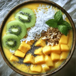 - 2 ripe mangoes, peeled and diced - 1 frozen banana - 1/2 cup coconut milk - 1/4 cup Greek yogurt (optional for creaminess) - 1 tablespoon honey or maple syrup (optional) - 1/2 teaspoon vanilla extract - Suggested toppings: sliced kiwi, shredded coconut, granola, chia seeds, fresh mint leaves For this Tropical Mango Smoothie Bowl, you start with ripe mangoes. Choose mangoes that feel soft when you press them gently. They should be sweet and fragrant. The frozen banana adds a creamy texture and coldness. This makes your smoothie bowl refreshing. Next, add coconut milk for a rich flavor. If you want extra creaminess, include Greek yogurt. Honey or maple syrup serves as a sweetener. If you like vanilla, add a little extract for depth. Now, let’s talk toppings! Sliced kiwi adds a fun color. Shredded coconut gives a tropical feel. Granola adds crunch, while chia seeds boost nutrition. Fresh mint leaves will make your bowl look beautiful and fresh. Choosing a mix of these toppings makes your smoothie bowl exciting and tasty! To start, gather your ingredients. In your blender, add the diced mangoes, the frozen banana, and the coconut milk. If you want a creamier texture, add the Greek yogurt. For some sweetness, drizzle in honey or maple syrup. Lastly, add the vanilla extract. Now, blend everything on high. Keep blending until the mix is smooth and creamy. If the mixture feels too thick, don’t worry! Just pour in a bit more coconut milk. Blend again until you reach your desired smoothness. Let’s make it look great! Pour the smoothie into a serving bowl. Use a spatula to scrape the sides of the blender. You want every bit of that tasty mix! Now, it’s time for toppings. Start by placing the sliced kiwi on top. Then, sprinkle shredded coconut and granola around the edges. Add a few chia seeds for fun and finish with fresh mint leaves. This adds a nice pop of color and makes your bowl look inviting. Remember, how you present your smoothie bowl matters. A beautiful bowl makes it more fun to eat! Enjoy mixing in the toppings as you go. Each bite will be a burst of flavor! To get the best texture, you need to blend well. Start with the mangoes and banana in your blender. Add coconut milk, yogurt, honey, and vanilla. Blend on high until it is smooth. If it feels too thick, add more coconut milk a little at a time. This will make the smoothie bowl creamy and easy to eat. You can also adjust flavors as you blend. If you want it sweeter, add more honey or maple syrup. For a more tropical taste, try adding pineapple or a squeeze of lime. Always taste as you go. This way, you can find the perfect balance. Choosing the right toppings makes the bowl fun and tasty. Fresh fruits like sliced kiwi add color and flavor. Look for ripe fruits that feel firm and smell sweet. You can also use shredded coconut for some crunch. Granola adds texture and is a great way to add fiber. If you want variety, think about other toppings. Chia seeds are a great source of nutrients. Fresh mint leaves add a refreshing touch. You can mix and match toppings to keep things interesting. Try different fruits or nuts each time for a new experience! {{image_2}} You can easily switch up your tropical mango smoothie bowl with other fruits. Pineapple adds a sweet and tangy twist. You can use fresh or frozen pineapple. Just blend it in with the mangoes. Papaya works great too. It adds a soft texture and a hint of sweetness. Berries are another fun option. Strawberries, blueberries, or raspberries can make your bowl colorful. They also add tartness that balances the sweetness of the mango. Layer the berries on top or blend them in for a mixed flavor. If you want to make this smoothie bowl dairy-free, swap out regular milk for alternative kinds. Almond milk, oat milk, or soy milk are all great choices. Each one brings a unique flavor to the bowl. For a vegan option, skip the Greek yogurt. Instead, use coconut yogurt or almond yogurt. These options keep the creaminess while staying plant-based. You can also skip the honey and use maple syrup for sweetness, keeping it fully vegan. To keep your Tropical Mango Smoothie Bowl fresh, store it in an airtight container. You can refrigerate it for up to two days. If the bowl looks thick after storing, just stir in a bit more coconut milk. This will help bring back its creamy texture. For toppings, keep them in separate containers. This keeps them fresh and crunchy. Sliced kiwi and mint leaves may wilt quickly, so add them right before serving. Granola and chia seeds can stay crunchy for longer, so store these in a cool, dry place. You can prepare your smoothie base in advance. Blend your mangoes, banana, and other ingredients. Then, pour the mix into a freezer-safe container. It will last for up to one month. When you’re ready to enjoy it, let it thaw in the fridge overnight. For meal prep, consider portioning out the smoothie base. This makes it easy to grab and blend in the morning. You can also pre-slice your toppings. Just keep them covered in the fridge. This will save you time and keep your smoothie bowl fresh. You can use almond milk, soy milk, or oat milk. Each option adds a unique flavor. Almond milk is light and nutty. Soy milk is creamy and rich, while oat milk is smooth and slightly sweet. Choose what you like best. To make the bowl dairy-free, swap Greek yogurt for a plant-based yogurt. You can also use coconut yogurt or almond yogurt. These options provide creaminess without dairy. Just pick a flavor that matches your taste. Yes, you can use fresh bananas. However, using frozen bananas makes the smoothie thicker and creamier. Fresh bananas may make the bowl less cold and smooth. If you prefer a chilled treat, go for frozen bananas. This blog post shared how to make a delicious smoothie bowl. We covered ingredients, easy steps, and tips to create a perfect bowl. You learned about using ripe mangoes, frozen bananas, and different toppings. Don’t forget to try seasonal fruits and vegan options for variety. Remember, presentation matters, so arrange toppings creatively. Enjoy your smoothie bowl for a tasty and healthy treat! Keep experimenting to find your favorite mix. Your smoothie journey starts now!