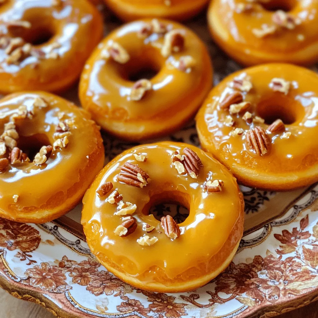 To make maple glazed pumpkin donuts, you will need the following ingredients: - 1 cup pumpkin puree - 1/2 cup granulated sugar - 1/4 cup brown sugar, packed - 1/2 cup vegetable oil - 2 large eggs - 1 teaspoon vanilla extract - 1 1/2 cups all-purpose flour - 1 teaspoon baking powder - 1/2 teaspoon baking soda - 1 teaspoon ground cinnamon - 1/2 teaspoon ground nutmeg - 1/2 teaspoon salt - 1/2 cup maple syrup - 1/2 cup powdered sugar (for glaze) - Chopped pecans or walnuts (for garnish, optional) Each ingredient plays a key role in the flavor and texture of the donuts. Here’s a breakdown: - Pumpkin puree: Adds moisture and flavor. - Granulated sugar and brown sugar: Provide sweetness. Brown sugar adds a touch of caramel flavor. - Vegetable oil: Keeps the donuts moist. - Eggs: Help bind the ingredients and add richness. - Vanilla extract: Enhances the overall flavor. - All-purpose flour: Forms the base of the donuts. - Baking powder and baking soda: Help the donuts rise. - Ground cinnamon and nutmeg: Add warmth and spice. - Salt: Balances the sweetness. - Maple syrup: Creates the sweet glaze. - Powdered sugar: Thickens the glaze for a creamy finish. - Chopped nuts: Give a crunchy topping, if desired. You can make these donuts even if you lack some ingredients: - Pumpkin puree: Use applesauce for a different flavor. - Vegetable oil: Substitute with melted coconut oil or melted butter. - Granulated sugar: Use coconut sugar for a healthier option. - All-purpose flour: Try whole wheat flour for more fiber. - Eggs: Use flax eggs (1 tablespoon ground flaxseed + 2.5 tablespoons water) for a vegan option. - Maple syrup: Honey or agave syrup can work as well, but taste may change. These ingredients and substitutions allow you to adapt the recipe to your taste and pantry. Enjoy crafting these delicious maple glazed pumpkin donuts! Start by preheating your oven to 350°F (175°C). Grease your donut pan with cooking spray. In a large bowl, whisk the pumpkin puree, granulated sugar, brown sugar, vegetable oil, eggs, and vanilla until smooth. This mixture should look creamy and well combined. In another bowl, sift the flour, baking powder, baking soda, cinnamon, nutmeg, and salt. This helps mix the dry ingredients evenly. Gradually add the dry mix to the wet mix. Fold gently with a spatula until just combined. Do not overmix; this keeps your donuts fluffy. Spoon or pipe the batter into the donut pan, filling each cavity about 3/4 full. Place the donut pan in the preheated oven. Bake for about 10-12 minutes. Check if they are done by inserting a toothpick into the center. If it comes out clean, your donuts are ready. Remove the pan from the oven and let the donuts cool for 5 minutes. Then, transfer them to a wire rack to cool completely. While your donuts are cooling, prepare the glaze. In a small bowl, mix the maple syrup and powdered sugar until smooth. Once the donuts have cooled, dip the tops into the glaze. Let the excess glaze drip off before serving. If you want, sprinkle chopped pecans or walnuts on top while the glaze is still wet. This adds a nice crunch to your delicious donuts. Enjoy the sweet and warm flavors of your maple glazed pumpkin donuts! To make fluffy donuts, mix gently. When adding dry ingredients, fold them in slowly. Overmixing makes the donuts tough. Keep the batter thick but not dry. This helps create air pockets. Air pockets lead to light, fluffy donuts. Baking powder and baking soda also help. They create bubbles as they heat up. These bubbles make the donuts rise. Remember to check the oven temperature too. An even heat ensures the best rise. Glazing can be tricky. Start with cooled donuts for the best results. Warm donuts may cause the glaze to melt off. Mix maple syrup and powdered sugar until smooth. Dip each donut and let excess glaze drip off. For a thicker glaze, add more powdered sugar. If you want crunch, add nuts right after glazing. This keeps the nuts from falling off. A drizzle of extra glaze adds visual appeal. It makes your donuts look even tastier. Store leftover donuts in an airtight container. This keeps them fresh longer. Place parchment paper between layers to prevent sticking. If you want to freeze them, wrap each donut in plastic wrap. Place them in a freezer-safe bag. They can last up to three months in the freezer. To thaw, just leave them at room temperature. This way, they taste fresh when you eat them. {{image_2}} You can switch up the flavors in your donuts. Try adding chocolate chips or cinnamon chips for a sweet twist. You can also use different spices. Cardamom and ginger add a nice kick. If you love nutty flavors, try adding almond extract instead of vanilla. A touch of orange zest can brighten the flavor too. If you want gluten-free donuts, use a gluten-free flour blend. Make sure it has a good binding agent. You can replace eggs with flaxseed meal. Mix one tablespoon of flaxseed meal with three tablespoons of water. Let it sit for five minutes. For a vegan option, replace vegetable oil with melted coconut oil. Use maple syrup to sweeten instead of sugar for a healthier choice. Fall brings great flavors! You can add roasted apples or pears to your batter. These fruits add moisture and sweetness. Try using butternut squash instead of pumpkin for a different taste. You can also sprinkle in some dried cranberries or raisins for added texture. These seasonal ingredients make your donuts even more special. To keep your donuts fresh, store them in an airtight container. Line the bottom with a paper towel to absorb moisture. This method keeps them soft without getting soggy. Place the container in a cool, dry spot. Do not refrigerate, as this can dry them out. If you want to save some donuts for later, freezing is easy. Let the donuts cool completely first. Wrap each donut in plastic wrap or foil. Then, place them in a freezer bag or airtight container. Label the bag with the date. These donuts can last up to three months in the freezer. When stored properly, your maple glazed pumpkin donuts can last for about three days at room temperature. They may remain fresh for up to a week in the fridge, but I recommend eating them sooner for the best taste. Always check for any signs of spoilage before enjoying. Yes, you can use fresh pumpkin. First, cook the pumpkin until soft. Then, blend or mash it until smooth. This makes a great substitute for pumpkin puree. Just make sure to drain any excess water. This keeps your donuts from getting too wet. The best way to check is to use a toothpick. Insert it into the center of a donut. If it comes out clean, the donuts are done. You can also gently press the top. If it springs back, they are ready. Aim for a light golden color on top as well. To reheat your donuts, use an oven. Preheat it to 350°F (175°C). Place the donuts on a baking sheet for about 5-7 minutes. This warms them up and keeps them soft. You can also use the microwave for 10-15 seconds, but they may get chewy. To find maple glazed pumpkin donuts, check local bakeries or cafes. Many places offer seasonal treats in fall. You can also search online for nearby donut shops. Don’t forget to ask if they have special flavors! To make great donuts, focus on the right ingredients and steps. Use this guide for easy baking. Remember to explore variations for fun flavors and tips for fluffiness. Storing your leftovers properly helps keep them fresh. I hope this helps you enjoy delicious donuts anytime! Keep experimenting and have fun in the kitchen!