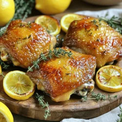 - 4 chicken thighs, skin-on and bone-in - 2 tablespoons fresh thyme leaves, chopped - 2 lemons (1 for juice, 1 for slices) - 4 cloves garlic, minced - 2 tablespoons olive oil - Salt and pepper to taste - 1 teaspoon paprika - Fresh thyme sprigs for garnish To make this dish, you need a few key tools. Use a large bowl for mixing the marinade. A baking dish is essential for roasting the chicken. A sharp knife helps with cutting the garlic and lemons. A meat thermometer ensures your chicken is cooked just right. When choosing ingredients, quality matters. Fresh chicken thighs will taste better than frozen ones. Look for organic thyme for a strong flavor. Choose ripe lemons for the best juice. Always use good olive oil; it enhances all the flavors. This dish serves four and is around 350 calories per serving. You’ll get about 25 grams of protein, 25 grams of fat, and 0 grams of carbs. This meal is a good source of vitamins B6 and C, thanks to the thyme and lemons. First, start with the chicken thighs. I prefer skin-on and bone-in for extra flavor. Rinse the chicken under cold water and pat dry with paper towels. This helps the marinade stick better. Next, mix the marinade. In a large bowl, combine: - 2 tablespoons olive oil - 4 cloves garlic, minced - Juice from 1 lemon - 2 tablespoons fresh thyme leaves, chopped - 1 teaspoon paprika - Salt and pepper to taste Stir well until everything blends nicely. This mix gives the chicken great flavor. To get the best flavor, you must marinate the chicken. Place the chicken thighs in the bowl with the marinade. Use your hands to coat them well. This helps the flavors soak in. For best results, let the chicken marinate for at least 30 minutes. If you have time, marinating overnight in the fridge works wonders. The longer you marinate, the tastier the chicken will be. Preheat your oven to 400°F (200°C). This temperature makes the skin crispy. After marinating, place the chicken thighs skin-side up in a baking dish. Arrange lemon slices around the chicken. This adds extra flavor and looks nice. Roast the chicken in the oven for 35-40 minutes. Check the internal temperature with a meat thermometer. It should reach 165°F (75°C) to be safe to eat. Once done, remove the chicken from the oven. Let it rest for 5 minutes before serving. This keeps the juices inside, making it more delicious. To get the best crispy skin, use high heat. Preheat your oven to 400°F (200°C). This hot temperature helps render the fat from the skin. Pat the chicken dry with paper towels before marinating. This step removes moisture and helps the skin crisp up. You can boost the flavor of your chicken by adding more herbs and spices. Try using fresh rosemary or adding some crushed red pepper for a kick. Pair your chicken with sides like roasted vegetables or a fresh salad. These sides create a nice balance with the rich flavors of the chicken. One big mistake is over-marinating the chicken. If you let it sit too long, the meat can become mushy. Aim for 30 minutes to 2 hours for the best results. Also, watch your cooking time. Cooking too long can dry out the chicken. Always check that the internal temperature reaches 165°F (75°C) to ensure it is safe to eat. {{image_2}} You can change the taste of Lemon Thyme Roasted Chicken Thighs by using other citrus fruits. Try oranges or limes for a fun twist. These fruits add a sweet and tangy flavor that pairs well with thyme. You can also mix in herbs like rosemary or oregano. These herbs bring their own unique taste and aroma to the dish. Each variation creates a new experience for your palate. You can cook these chicken thighs in different ways. Grilling is one option. It gives the chicken a smoky flavor that many people love. Just make sure to watch the chicken closely. Oven roasting is another method that keeps the chicken juicy and tender. If you want a hands-off approach, try a slow cooker. Cook on low for several hours. This method makes the chicken very tender and flavorful. Pair your chicken with tasty side dishes. Roasted vegetables or a fresh green salad work well. You can also serve it with rice or quinoa for a filling meal. For presentation, serve the chicken on a rustic platter. Spread lemon slices around the chicken. Add some fresh thyme sprigs on top for color. This makes the dish look beautiful and appetizing. After cooking, let your Lemon Thyme Roasted Chicken Thighs cool. Place them in an airtight container. This keeps the chicken fresh. You can store it in the fridge for up to 3 days. Make sure to label the container with the date. That way, you won't forget when you made it. To freeze cooked chicken thighs, let them cool completely first. Wrap each thigh in plastic wrap. Then, place them in a freezer bag. Squeeze out all the air before sealing. This helps prevent freezer burn. You can freeze the chicken for up to 3 months. When you're ready to eat, take the chicken out of the freezer. Place it in the fridge to thaw overnight. If you're short on time, you can use the microwave. Just set it to defrost mode. To reheat chicken thighs, the oven is best. Preheat it to 350°F (175°C). Place the chicken in a baking dish. Cover it with foil to keep it moist. Heat for about 15-20 minutes, or until warm. You can also use a skillet. Add a splash of broth or water to the pan. This adds moisture. Heat on medium-low until hot. Avoid high heat, as it can dry out the chicken. Enjoy your tasty leftovers! Marinate chicken thighs for at least 30 minutes. For even better taste, marinate overnight in the fridge. This time allows the flavors to soak in well. Yes, you can use chicken breast, but the cooking time changes. Chicken thighs stay moist due to their fat content. Breasts cook faster and may dry out if overcooked. Adjust your cooking time to about 25-30 minutes for breasts. Chicken should reach an internal temperature of 165°F (75°C) for safe eating. Use a meat thermometer in the thickest part of the thigh or breast. This ensures it is cooked through and safe. Look for clear juices when you cut into the chicken. If the juices run clear, it is cooked. The skin should be crispy and golden brown. Pair the chicken with these sides: - Roasted vegetables like carrots and potatoes - A fresh green salad - Rice or quinoa - Lemon wedges for extra zest Here is the full recipe: Ingredients: - 4 chicken thighs, skin-on and bone-in - 2 tablespoons fresh thyme leaves, chopped - 2 lemons (1 for juice, 1 for slices) - 4 cloves garlic, minced - 2 tablespoons olive oil - Salt and pepper to taste - 1 teaspoon paprika - Fresh thyme sprigs for garnish Instructions: 1. Preheat your oven to 400°F (200°C). 2. In a large bowl, mix olive oil, minced garlic, lemon juice, chopped thyme, paprika, salt, and pepper. 3. Add the chicken thighs and coat them well with the marinade. Let marinate for at least 30 minutes. 4. Place chicken thighs skin-side up in a baking dish. Add lemon slices around the chicken. 5. Roast for 35-40 minutes until the skin is crispy and reaches 165°F (75°C). 6. Let the chicken rest for 5 minutes before serving. 7. Garnish with fresh thyme sprigs and serve warm. To sum up, this blog post guides you in making Lemon Thyme Roasted Chicken Thighs. We discussed key ingredients, cooking steps, and storage tips. You learned how to achieve crispy skin and how to avoid common mistakes. Remember, experimenting with flavors and sides can elevate your dish. With the right techniques and fresh ingredients, you’ll create a meal that shines. Enjoy your cooking journey and savor every bite!