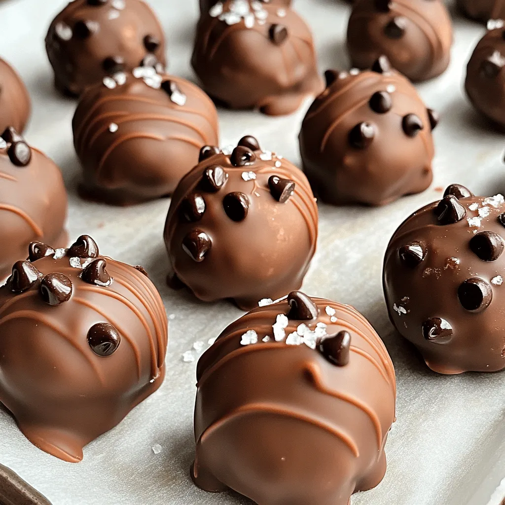 - 1 cup all-purpose flour - 1/2 teaspoon baking soda - 1/4 teaspoon salt - 1/2 cup unsalted butter, softened - 1/2 cup brown sugar, packed - 1/4 cup granulated sugar - 1 teaspoon vanilla extract - 1/4 cup milk - 3/4 cup mini chocolate chips - 1 cup dark chocolate chips (for coating) - 1 tablespoon coconut oil (for coating) You will need a few simple tools to make these truffles: - Medium mixing bowl - Large mixing bowl - Whisk - Mixing spoon - Measuring cups and spoons - Parchment paper - Baking sheet - Microwave-safe bowl - Fork You can make these truffles even more fun by swapping some ingredients: - Use whole wheat flour instead of all-purpose flour for a healthier option. - Replace unsalted butter with coconut oil if you want a dairy-free treat. - Try maple syrup instead of brown sugar for a unique flavor twist. - If you like nuts, add chopped walnuts or pecans to the dough. - For a fun twist, use white chocolate chips instead of dark chocolate for the coating. These small changes can create a new taste experience while keeping the essence of the truffles. Enjoy experimenting! Making Chocolate Chip Cookie Dough Truffles is easy and fun. First, gather all your ingredients. You will need flour, baking soda, salt, butter, sugars, vanilla, milk, mini chocolate chips, dark chocolate chips, and coconut oil. 1. Mix Dry Ingredients: Start with a medium bowl. Whisk the flour, baking soda, and salt together. Set this bowl aside. 2. Cream Butter and Sugars: In a large bowl, beat the softened butter, brown sugar, and granulated sugar. Mix until it looks creamy. 3. Add Wet Ingredients: Next, pour in the vanilla extract and milk. Stir until everything is smooth. 4. Combine Ingredients: Gradually add the dry flour mix to the wet mix. Stir until just combined. Then, gently fold in the mini chocolate chips. 5. Chill the Dough: Cover the bowl with plastic wrap. Put it in the fridge for about 30 minutes. This helps the dough firm up. 6. Shape the Truffles: After chilling, scoop out one-inch pieces of dough. Roll them into balls with your hands. Place the balls on a parchment-lined baking sheet. 7. Melt the Coating: In a microwave-safe bowl, combine dark chocolate chips and coconut oil. Melt this mixture in 30-second intervals. Stir after each interval until it is smooth. 8. Coat the Truffles: Dip each dough ball into the melted chocolate. Make sure it is fully coated. Use a fork to lift it out and let the excess chocolate drip off. Place it back on the parchment-lined sheet. 9. Set the Chocolate: Once all truffles are coated, put them in the fridge for about 15 minutes. This will help the chocolate harden. 10. Serve and Enjoy: Once the chocolate is set, serve your truffles chilled or at room temperature. Enjoy the delicious treat! To coat your truffles just right, start with the melted chocolate. Use dark chocolate chips mixed with coconut oil for a smooth finish. The coconut oil helps the chocolate harden nicely. When you dip the truffles, make sure they are cold. Cold truffles help the chocolate set better. Use a fork to dip them fully, then lift them out. Let the excess chocolate drip off before placing them back on the parchment sheet. One common mistake is not chilling the dough long enough. If the dough is too warm, it will be hard to shape. Another mistake is using chocolate that isn’t tempered. If you use chocolate that isn’t smooth, your truffles will look messy. Also, avoid overmixing the dough. This can lead to tough truffles instead of soft and chewy ones. Finally, don’t skip the coconut oil. It makes the chocolate coating shiny and tasty. Store your truffles in an airtight container. They stay fresh in the fridge for up to a week. If you want to keep them longer, you can freeze them. Just place them in a single layer on a baking sheet first. Once frozen, transfer them to a freezer-safe bag. To serve, let them sit out for a few minutes. This makes them soft and easy to bite into. Serve them at room temperature or chilled for a delightful treat! {{image_2}} You can make your truffles even more fun! Try adding nuts or different types of chocolate. Chopped walnuts or pecans give a nice crunch. You can also use milk chocolate or white chocolate for coating. This adds a sweet twist and makes each bite unique. Want to change the taste? Add peanut butter or mint extract! Mixing in peanut butter creates a rich, nutty flavor. For a fresh twist, use mint extract. This makes the truffles taste like a thin mint cookie. Experiment with flavors to find your favorite! You can still enjoy these treats if you're vegan or gluten-free! Use a gluten-free flour blend to replace all-purpose flour. For a vegan version, swap butter for coconut oil and use plant-based milk. Choose dairy-free chocolate chips for coating. These swaps keep the taste amazing while meeting your needs. To keep your chocolate chip cookie dough truffles fresh, store them in an airtight container. Place a piece of parchment paper between layers if stacking them. This method keeps the truffles from sticking together. You can store them at room temperature for a short time, but I recommend the fridge for longer-lasting freshness. When stored properly, these truffles last about one week in the fridge. If kept at room temperature, they’re best eaten within three days. The chocolate coating helps protect the cookie dough inside, but refrigeration is key for keeping flavors bright and fresh. To freeze these delightful truffles, first, let them cool completely. Then, arrange them in a single layer on a baking sheet. Freeze for about two hours until firm. Once frozen, transfer them into a freezer-safe bag or container. They can last up to three months in the freezer. When ready to enjoy, let them sit at room temperature for about 15 minutes before serving. Yes, you can eat raw cookie dough, but with caution. Traditional recipes contain raw eggs and flour, which may pose health risks. However, this recipe uses heat-treated flour, making it safer to eat. You can enjoy these truffles without worry! To soften butter quickly, cut it into small cubes. Place the cubes in a bowl. Let them sit at room temperature for about 10 minutes. You can also microwave the butter for about 5 seconds. Check it often to avoid melting. If you don't have coconut oil, use vegetable oil or shortening. Both options work well for coating. They help the chocolate melt smoothly and coat the truffles evenly. Choose what you have on hand for a great result! This blog post covered all the essentials for making delicious truffles. We discussed the key ingredients and tools you'll need. I provided detailed steps for making the dough and coating your truffles perfectly. Tips and tricks help avoid common mistakes and ensure great flavor. Remember, you can customize your truffles with different add-ins and flavors. Storing them correctly helps keep them fresh for longer. Enjoy your sweet creations, and don't hesitate to experiment! You may discover new favorites along the way.