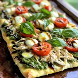 - 2 flatbreads (store-bought or homemade) - 2 cups cooked chicken, shredded - 1 cup fresh basil pesto - 1 cup mozzarella cheese, shredded - 1 medium tomato, sliced - ½ cup fresh mozzarella balls (bocconcini), halved - 1 tablespoon balsamic glaze - Olive oil for brushing - Salt and pepper to taste - Fresh basil leaves for garnish You can switch flatbreads for pita bread or naan. If you need a chicken swap, try turkey or even chickpeas for a plant-based option. For the pesto, use sun-dried tomato spread if you want a different taste. You can also use ricotta or goat cheese instead of mozzarella. Fresh tomatoes can be swapped for roasted ones. If you want to skip the balsamic glaze, a splash of lemon juice works well. To make this dish, you need a baking sheet for cooking. A mixing bowl helps to combine the ingredients. Use a sharp knife for slicing tomatoes and fresh mozzarella. A brush is handy for olive oil. An oven thermometer ensures your oven is at the right temperature. If you want a crispy flatbread, a pizza stone works great. Start by preheating your oven to 400°F (200°C). This makes sure your flatbreads cook evenly. While the oven warms up, grab your flatbreads. You can use store-bought ones or make your own if you feel adventurous. Lightly brush both sides with olive oil. This adds flavor and helps them crisp up. Place the flatbreads on a baking sheet. Next, spread ½ cup of basil pesto on each flatbread. Use the back of a spoon to spread it evenly. The pesto brings a fresh taste that pairs well with chicken. Now, take your cooked, shredded chicken. Divide it between the two flatbreads, spreading it out evenly. This will ensure each bite has chicken goodness. Sprinkle the shredded mozzarella cheese on top. Then, layer sliced tomatoes and halved fresh mozzarella balls over the cheese. This adds color and flavor. Finally, season with salt and pepper to taste. Now, it's time to bake. Place the baking sheet in the preheated oven. Bake for about 12-15 minutes. Keep an eye on them. You want the cheese to melt and bubble. The flatbreads should turn golden brown. Once done, take them out and let cool for a minute. Drizzle with balsamic glaze for sweetness. Garnish with fresh basil leaves. This adds a nice touch. Slice into wedges and serve warm. Enjoy your delicious creation! To make your Pesto Chicken Caprese Flatbread shine, use fresh herbs. Fresh basil adds a bright note. You can also try oregano for a deeper flavor. Remember to season with salt and pepper before baking. This small step makes a big difference. Use quality ingredients for the best taste. Fresh mozzarella balls add creaminess. Shredded cooked chicken should be juicy for the right texture. When spreading pesto, cover the flatbread evenly. This ensures every bite is full of flavor. Bake until the cheese is bubbly and golden. Keep an eye on it to avoid burning. Serve your flatbreads hot for the best flavor. A side salad with mixed greens pairs well. Drizzle extra balsamic glaze over the salad for a nice touch. You can also serve with garlic bread for a hearty meal. Enjoy your Pesto Chicken Caprese Flatbread with a glass of white wine for a complete experience. {{image_2}} You can make this dish vegetarian by swapping out the chicken. Try using grilled veggies like zucchini, bell peppers, or mushrooms. These add great flavor and texture. You can also use chickpeas for protein. Just toss them in olive oil and roast them before adding them to the flatbread. If you want to change the protein, think outside the box. You can use turkey, shrimp, or even tofu. For shrimp, season them lightly with salt and pepper. Sauté them until pink, then layer them on the flatbread. Tofu can be cubed and marinated in pesto for extra flavor. Change up the toppings based on the season. In summer, add fresh corn or peppers for crunch. During fall, thinly sliced apples or pears can add sweetness. Winter? Try roasted root vegetables for warmth. These swaps keep your pesto chicken caprese flatbread fresh and exciting all year round! After you enjoy your Pesto Chicken Caprese Flatbread, store any leftovers. Place them in an airtight container. This keeps the flatbread fresh and tasty. You can refrigerate it for up to three days. If you want to keep the flavors intact, try not to stack the flatbreads too high. If you want to save some for later, freezing works well. Wrap the flatbreads tightly in plastic wrap. Then, put them in a freezer-safe bag. You can freeze them for up to two months. When you’re ready to eat, just thaw in the fridge overnight before reheating. To bring back the flatbread's crispy goodness, reheat it in the oven. Preheat your oven to 350°F (175°C). Place the flatbread on a baking sheet for about 10 minutes. This way, the cheese melts nicely and the flatbread gets crispy again. You can also use a toaster oven for a quick fix. Enjoy your flavorful meal just like the first time! If you don’t have pesto, try using hummus or a cream cheese spread. You can also blend spinach with nuts and olive oil for a quick version. This keeps the flatbread tasty and fresh. Each option gives a unique flavor twist while still being delicious. Absolutely! You can use any cheese you like. Cheddar or gouda work well. Feta adds a nice tang. Mix cheeses for extra flavor. Just remember to keep the texture in mind. Melty cheeses like mozzarella are best for that gooey feel. Your flatbreads are ready when the cheese is melted and bubbly. Look for a golden brown color on the edges. This usually takes about 12 to 15 minutes in the oven. If the flatbreads smell amazing, you know they’re close! Always keep an eye on them to avoid burning. In this post, we covered key ingredients for Pesto Chicken Caprese flatbreads. You learned about substitutions and tools needed. I walked you through step-by-step instructions for preparing and baking. Tips helped enhance flavor and suggested pairings. We also explored variations for dietary needs and storage tips. By following these guidelines, you can create tasty flatbreads at home. Enjoy sharing this dish with family and friends!