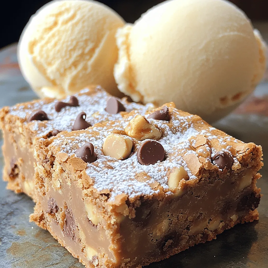 - Unsalted butter: Unsalted butter is key for this recipe. It lets you control the salt level. Brown butter adds a rich, nutty flavor that makes these blondies special. Start with two sticks, or one cup. - Types of sugars: You will use brown sugar and granulated sugar. Brown sugar gives moisture and chewiness. The granulated sugar adds sweetness and structure. Together, they create the perfect balance for the blondies. - Dry ingredients: You need all-purpose flour, baking powder, baking soda, and salt. The flour forms the base. Baking powder and baking soda help them rise. The salt enhances all the flavors. - Walnuts or other nuts: You can add ½ cup of chopped walnuts if you like. They add a nice crunch and flavor. Feel free to use pecans or almonds for a twist. - Alternative chocolate types: For a different taste, try dark chocolate or white chocolate chips. Each type brings its own flavor to the blondies, making them unique and fun. Browning the butter gives these blondies a rich, nutty flavor. This step adds depth that plain butter cannot match. To brown the butter, melt it in a saucepan over medium heat. Stir it often to avoid sticking. Keep cooking until the butter turns golden brown and smells nutty. This will take about 5-7 minutes. To avoid burnt butter, watch it closely. Once it starts to brown, reduce the heat. If you smell a strong scent, remove it from the heat right away. Remember, burnt butter can ruin your blondies. In a large bowl, mix the brown butter with brown sugar and granulated sugar. Use a whisk to blend until it is smooth. Then add the eggs one at a time. Beat well after each egg. Don’t forget the vanilla extract; it adds great flavor! Next, use another bowl for the dry ingredients. Combine flour, baking powder, baking soda, and salt. Whisk them together to avoid lumps. Slowly add the dry mix to the wet mix. Stir gently until combined. Do not overmix, as this can make your blondies tough. Prepare your pan by lining it with parchment paper. This helps with easy removal later. Preheat your oven to 350°F (175°C) while you mix the batter. Once ready, pour the batter into the pan. Spread it evenly with a spatula. Bake the blondies for 20-25 minutes. Check for doneness by inserting a toothpick into the center. It should come out with a few moist crumbs. If it comes out clean, your blondies may be overbaked. Enjoy the sweet aroma filling your kitchen as they bake! To get the right texture in your blondies, you must use room temperature ingredients. Cold eggs or butter can lead to uneven mixing. Make sure to whisk until the mixture is smooth and creamy. Avoid overmixing after adding the flour. This keeps the blondies soft and chewy. To check for doneness, look for lightly golden edges. You want a toothpick inserted in the middle to come out with a few moist crumbs. If it’s wet, they need more time. Keep an eye on them during the last few minutes of baking. Enhance your blondies by serving them warm with vanilla ice cream. A drizzle of caramel sauce adds a nice touch, too. You can also dust them with powdered sugar for a pretty finish. For a creative presentation, cut the blondies into fun shapes using cookie cutters. Arrange them on a plate with fresh fruit or nuts for added flair. This makes them look as good as they taste! {{image_2}} Want to change up your blondies? You can add spices or extracts for a twist. Try cinnamon for warmth or a hint of nutmeg for depth. A splash of almond extract can also bring a lovely flavor. These small changes can make your blondies stand out. You can also swap chocolate types. Instead of semi-sweet, use dark chocolate for a richer taste. Milk chocolate adds sweetness, while white chocolate gives a creamy flavor. Mix and match to find your favorite combo. If you need gluten-free blondies, you can use almond flour or a gluten-free mix. Just replace the all-purpose flour with your choice. The texture will be a bit different, but still delicious. For a vegan version, swap the butter for coconut oil or a vegan butter. Use flax eggs instead of regular eggs. Mix one tablespoon of flaxseed meal with three tablespoons of water to make one egg. These adjustments keep the blondies tasty and kind to all diets. To keep your blondies fresh, store them in an airtight container. This helps them stay soft and moist. You can keep them at room temperature for up to five days. If you want to save them longer, freezing is a great option. To freeze blondies, first cut them into squares. Wrap each square in plastic wrap. Then, place them in a freezer bag. This way, they won’t stick together. You can freeze them for up to three months. When you are ready to eat your blondies, you have options. If you prefer them warm, reheat them in the microwave. Just heat for about 10-15 seconds. You can also serve them cold. They taste great either way! Blondies have a shelf life of about five days at room temperature. If you notice any mold or a strange smell, it’s time to toss them. Always trust your senses to check for spoilage. Can I use salted butter instead of unsalted? Yes, you can use salted butter. Just skip the added salt in the recipe. Salted butter gives a nice flavor but can make the blondies a bit saltier. How do I tell if my butter is browned? Look for a golden brown color and a nutty smell. The milk solids will sink and darken at the bottom of the pan. Stir often to prevent burning. Can I make blondies ahead of time? Absolutely! You can make blondies a day or two in advance. Store them in an airtight container at room temperature. What should I do if my blondies are too dry? If your blondies turn out dry, try adding a bit of melted butter or a splash of milk. You can also serve them warm with ice cream for added moisture. How can I make these blondies more chocolatey? To boost the chocolate flavor, add extra chocolate chips or use a mix of dark and milk chocolate. You can also fold in cocoa powder for a richer taste. This article covered the essential steps to making brown butter chocolate chip blondies. We explored key ingredients, including unsalted butter and sugars, and discussed optional add-ins. I shared tips for achieving the perfect texture and highlighted ways to store and serve your blondies. Remember, practice makes perfect. Don’t be afraid to try different flavors or adjustments. Enjoy your baking journey and keep experimenting for the best blondies!