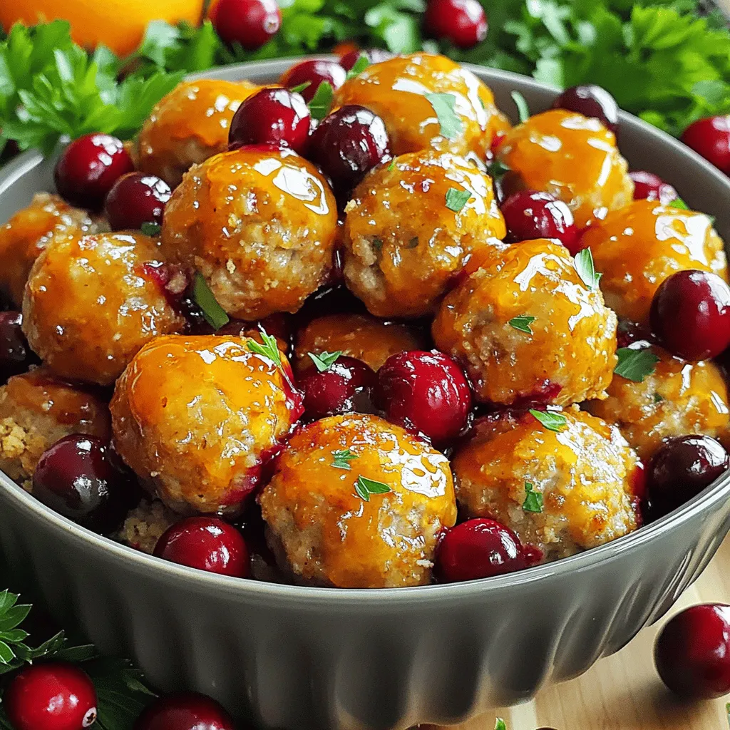 - 1 pound ground turkey or chicken - 1/2 cup breadcrumbs - 1/4 cup chopped fresh parsley - 1 egg - 2 cloves garlic, minced - 1/2 teaspoon onion powder - Salt and pepper to taste - 1 cup cranberry sauce - 1/4 cup orange juice - 2 tablespoons honey - 1 teaspoon apple cider vinegar - Zest of 1 orange Using fresh ingredients makes a big difference. Ground turkey or chicken forms the base. I love using turkey for its lean quality. The breadcrumbs help bind the meatballs and keep them tender. Fresh parsley adds a pop of flavor and color. Garlic and onion powder bring depth to each bite. Don't forget salt and pepper; they enhance the taste. For the glaze, cranberry sauce adds sweetness and tartness. Orange juice brightens the flavor. Honey gives a touch of natural sweetness. Apple cider vinegar adds a hint of tang. The orange zest brings out the citrus notes and makes the dish shine. With these ingredients, you set the stage for a delicious meal. Each component plays a role in making these meatballs a flavorful delight. This blog post shared an easy recipe for Orange Glazed Cranberry Meatballs. We covered the main ingredients, preparation steps, and baking instructions. I offered tips for moist meatballs and ideas for glaze variations. You also learned how to store and reheat leftovers effectively. In summary, this recipe is fun and flexible. You can swap ingredients to fit your taste. Enjoy making these flavorful meatballs for any occasion. Your kitchen will shine with this dish!