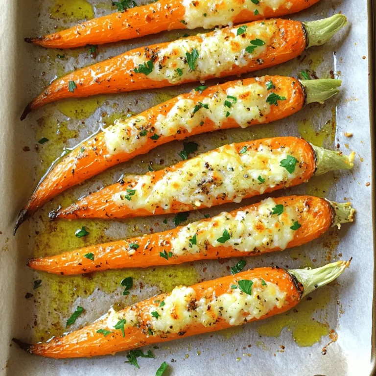 - 1 pound young carrots - 3 tablespoons olive oil - 4 cloves garlic - 1/2 cup grated Parmesan cheese - 1 teaspoon dried thyme - 1 teaspoon fresh parsley - Salt and pepper - Lemon zest Young carrots are the star here. They are sweet and tender. Look for bright colors and smooth skin. I love to peel them for a clean finish. Next, you need olive oil. It adds richness and helps the carrots roast well. Garlic is key too. Mince four cloves for that bold, savory flavor. For the cheesy goodness, grab half a cup of grated Parmesan cheese. It melts beautifully and gives a nice crunch. Dried thyme adds a warm, earthy note. Fresh parsley brightens everything up. Don't forget salt and pepper to taste. They bring out all the flavors. Lastly, lemon zest adds a fresh kick. It makes every bite pop with brightness. Keep these ingredients handy. Together, they create a dish you’ll love! To start, wash your young carrots under cool water. This removes dirt and grit. Peel the carrots using a vegetable peeler. Make sure to get all the skin off for a smooth texture. Next, cut the carrots into halves or quarters, depending on their size. You want them to be about the same thickness for even cooking. When picking carrots, look for young ones. Choose carrots that are firm and bright in color. Avoid those that are soft or have dark spots. Young carrots will give you the best taste and texture. Now, let’s mix the ingredients! In a large bowl, combine the peeled and cut carrots with 3 tablespoons of olive oil. Add in 4 minced garlic cloves, 1 teaspoon of dried thyme, and salt and pepper to taste. Toss everything together. Make sure all the carrots get a nice even coating. This helps them roast well and absorb all those tasty flavors. Next, preheat your oven to 425°F (220°C). While the oven warms up, spread the carrots in a single layer on a baking sheet lined with parchment paper. This helps with cleanup later. Roast the carrots for about 20 minutes. You want them to soften and start caramelizing. After 20 minutes, take the baking sheet out of the oven. Sprinkle 1/2 cup of grated Parmesan cheese over the carrots. Return them to the oven for another 10 minutes. The cheese should melt and turn slightly golden, making everything extra delicious. For the best results, set your oven to 425°F (220°C). This hot temperature helps the carrots caramelize. Place the baking sheet in the center of the oven. This way, the heat circulates evenly. To know when the carrots are done, check for tenderness. They should be soft and slightly golden. You can poke them with a fork to test. If they are not soft enough, roast them a bit longer. To boost the taste, consider adding fresh herbs like rosemary or dill. You can also mix in spices like cumin or paprika for added depth. If you want a different cheese, try using feta or goat cheese. These cheeses add a nice tang. For a vegan option, use nutritional yeast for a cheesy flavor. To make your dish pop, garnish with chopped parsley and lemon zest. This adds color and freshness. Just sprinkle them on top before serving. For serving suggestions, plate the carrots in a beautiful dish. Pair them with grilled chicken or fish for a complete meal. They also work well with a simple green salad. {{image_2}} You can change the herbs for fun. Instead of dried thyme, try rosemary or oregano. Fresh herbs like basil or dill also add great taste. Mix different herbs for unique flavors. For example, combine thyme with rosemary for a warm, earthy flavor. Experiment to find your favorite blend! If you want to switch up the cheese, try using feta or cheddar. Both work well with carrots. For a vegan option, use nutritional yeast. It adds a cheesy taste without dairy. You can also try vegan cheese shreds that melt nicely. These options keep your dish tasty and fun! Roasting gives carrots a sweet flavor. You can also steam them if you want a softer texture. Steaming is quick and keeps the nutrients. If you like a smoky taste, grilling is a great choice. Just toss the carrots in olive oil and seasonings. Grill until they are tender and slightly charred. Each method offers its own fun twist! To keep your garlic Parmesan roasted carrots fresh, store them in an airtight container. You can place them in the fridge right after they cool down. They will last for about 3 to 5 days. This way, you can enjoy them again without losing flavor. When it comes to reheating, the oven works best. Preheat your oven to 350°F (175°C). Spread the carrots on a baking sheet. Heat them for about 10 minutes. This keeps them crisp and tasty. You can use the microwave too, but they may turn soft. If you choose the microwave, heat in short bursts. Check often to avoid overcooking. Yes, you can freeze these roasted carrots! First, let them cool completely. Then, place them in a freezer-safe bag or container. Squeeze out as much air as possible before sealing. They can last up to 3 months in the freezer. To thaw, move them to the fridge overnight. For quick thawing, use the microwave on low. This way, you can enjoy them later with minimal fuss. Roasted carrots last about 3 to 5 days in the fridge. Store them in an airtight container. Make sure they cool down before sealing. This keeps them fresh and tasty. If you notice any moisture, use a paper towel to absorb it. This helps prevent sogginess. You can use frozen carrots, but fresh ones are better for this dish. Frozen carrots tend to become mushy when cooked. Fresh carrots stay firm and have a better taste. If you use frozen, adjust the cooking time. Cook them a bit longer to ensure they are tender. Cut carrots into even pieces for the best results. Halving or quartering them works well. This ensures they cook evenly. Try to keep the sizes similar. Use a sharp knife for clean cuts. A uniform size helps them roast perfectly. Yes, you can prep the carrots ahead of time. Cut and season them a few hours in advance. Store them in the fridge until you're ready to roast. You can also roast them and reheat later. Just warm them in the oven to keep them crispy. Roasting young carrots is simple and fun. You learned how to prep, mix, and roast them perfectly. We covered tips to enhance flavor and presented a few tasty variations. Storing leftovers is easy and prolongs their freshness. Enjoy these roasted carrots as a side dish or a healthy snack. With easy steps, you can turn basic carrots into something delicious. Try new flavors and enjoy experimenting! Your kitchen will shine with these tasty dishes.