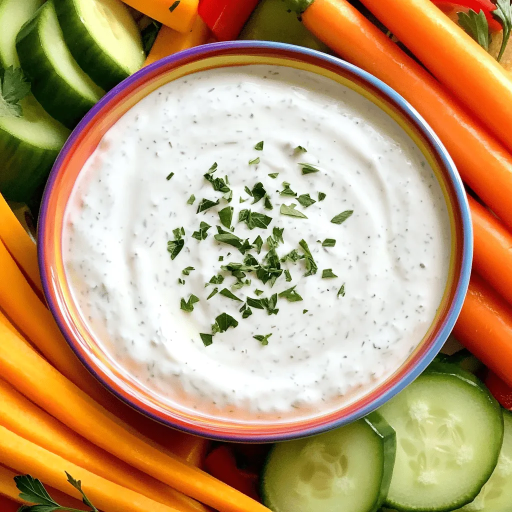 To make a tasty Greek Yogurt Ranch Dip, you need: - 1 cup plain Greek yogurt - 1 tablespoon mayonnaise - 1 teaspoon garlic powder - 1 teaspoon onion powder - 1 teaspoon dried dill - 1 teaspoon dried parsley - 1 teaspoon dried chives - 1 tablespoon lemon juice - Salt and pepper to taste These ingredients work together to create a creamy and flavorful dip. The Greek yogurt gives it a rich texture. The herbs and spices add depth and freshness. You can also add more flavors to your dip. Some great options are: - Fresh herbs like basil or cilantro - A pinch of cayenne for heat - A splash of Worcestershire sauce for umami - Chopped green onions for a little crunch These extras can make your dip unique. Feel free to mix and match based on what you like. Using Greek yogurt in this dip has many perks. It is lower in fat than sour cream. Greek yogurt is also high in protein, which helps keep you full. It has probiotics that support gut health. Plus, it's packed with calcium, which is good for your bones. By choosing Greek yogurt, you make a healthier dip without losing taste. Start by gathering your ingredients. You need plain Greek yogurt and mayonnaise. In a medium bowl, add 1 cup of Greek yogurt and 1 tablespoon of mayonnaise. Mix them well until the mix is smooth. This is the creamy base of your dip. The Greek yogurt adds a rich taste while keeping it healthy. Next, it’s time to add flavor. Add 1 teaspoon of garlic powder, 1 teaspoon of onion powder, 1 teaspoon of dried dill, 1 teaspoon of dried parsley, and 1 teaspoon of dried chives to the yogurt mixture. These spices bring out the ranch taste. Pour in 1 tablespoon of lemon juice for a fresh zing. Stir everything together until the herbs and spices blend into the creamy base. Now, you need to let the dip chill. Cover the bowl with plastic wrap. Place it in the fridge for at least 30 minutes. This step is key. Chilling allows the flavors to mix well. Before serving, give the dip a gentle stir. Taste it and adjust the salt and pepper if needed. This dip tastes even better after it has chilled! To make the dip suit your taste, start with the base. You can add more garlic powder for a bolder kick. If you enjoy herbs, increase the dill, parsley, or chives. A dash of hot sauce can give it a nice heat. Taste as you go. This way, you create a dip just for you. This dip is perfect for parties. Serve it in a pretty bowl. Top it with fresh herbs for a pop of color. Pair it with cut veggies like carrots, cucumbers, and bell peppers. For fun, add some chips or crackers. Your guests will love the fresh flavors and crunchy textures. To keep your dip fresh, store it in an airtight container. It stays good in the fridge for up to five days. If you want to keep it longer, double-check your ingredients. Some herbs may wilt faster, so use fresh ones for best results. When you're ready to enjoy it again, just give it a stir and taste for seasoning. {{image_2}} You can make a dairy-free version of this dip. Use coconut yogurt or almond yogurt instead of Greek yogurt. These options give you a creamy base. They also keep the flavor fresh and light. Add a bit more lemon juice to brighten up the taste. Want to spice things up? Add a dash of hot sauce or some cayenne pepper. You can also mix in diced jalapeños for a kick. For a smoky flavor, try smoked paprika. These additions make the dip exciting and fun for everyone. Seasonal veggies are a great way to change the dip's flavor. In spring, add fresh chives or radishes. In summer, try diced tomatoes or diced cucumbers. In fall, mix in roasted pumpkin or sweet potatoes for a warm twist. These ingredients keep the dip bright and tasty all year long. To keep your Greek yogurt ranch dip fresh, store it in an airtight container. This helps keep out air and moisture. Make sure to cover the dip tightly. If you use a bowl, wrap it well with plastic wrap. This will help keep it creamy and tasty. When stored properly in the fridge, the dip lasts about 3 to 5 days. Check for any changes in smell or texture before using it. If it looks or smells off, it’s best to toss it. Always trust your senses! You can freeze Greek yogurt ranch dip, but it may change texture. If you want to freeze it, use a freezer-safe container. Leave some space at the top for expansion. It will stay good for about 2 to 3 months. To eat, thaw it in the fridge overnight. Stir it well before serving to help restore its creaminess. Yes, you can skip the mayonnaise. Use only Greek yogurt for a creamier texture. It will still taste great! The dip may be thicker, but you can add a little water or lemon juice to thin it if you like. This option is healthier and keeps it light. To make a vegan version, replace Greek yogurt with a plant-based yogurt. Look for options made from almond, soy, or coconut. You can also add a little nutritional yeast for a cheesy flavor. The herbs and spices can stay the same, so your dip remains tasty and fresh. This dip pairs well with many snacks. You can serve it with: - Carrot sticks - Cucumber slices - Bell pepper strips - Celery sticks - Cherry tomatoes - Pita chips These fresh veggies and chips add color and crunch to your platter. Enjoy sharing this dip at parties or gatherings! Greek yogurt ranch dip is simple and fun to make. We covered essential and optional ingredients for a tasty dip. You can adjust flavors and serve it for any crowd. Remember, storage is key to keep it fresh. This dip offers a healthy twist on a classic favorite. Try different variations to keep it exciting. Enjoy your cooking adventures and share this dip with others!