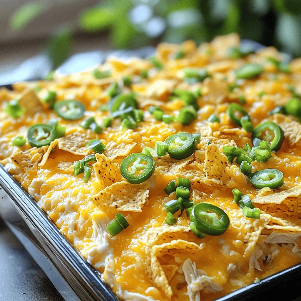 - 2 cups cooked chicken, shredded - 1 cup cream cheese, softened - 1 cup shredded sharp cheddar cheese - 1 cup jalapeños, diced (fresh or pickled) - 1/2 cup green onions, chopped - 1/2 cup sour cream - 1 cup crushed tortilla chips - 1 teaspoon garlic powder - 1 teaspoon onion powder - Salt and pepper to taste - 1 cup shredded Mexican cheese blend (for topping) For this recipe, using cups and ounces is key for perfect results. Here’s a handy measurement guide: - 1 cup equals 8 ounces. - Use a kitchen scale for precise measurements, especially for cheese and cream. You can swap out some ingredients if needed: - For cream cheese, use Greek yogurt for a lighter option. - If you want a milder flavor, choose sweet bell peppers instead of jalapeños. This casserole serves six and packs a punch in flavor and nutrition. Here’s a quick look at the calories and macronutrients: - Each serving has about 400 calories. - It contains protein from chicken and cheese. - The jalapeños add vitamins and antioxidants. Cream cheese and sour cream bring fat and creaminess, but they also add richness to your dish. Enjoy the tasty benefits while you savor every bite! How do I shred chicken effectively? To shred cooked chicken, use two forks. Hold one fork steady. Pull the other fork through the chicken to create shreds. This method works well with rotisserie chicken. How do I prepare jalapeños? You can use fresh or pickled jalapeños. For fresh, slice them in half and remove seeds for less heat. For pickled, just chop them into small pieces. Both options add great flavor! How do I combine cream cheese with other ingredients? Start by softening the cream cheese. Mix it in a bowl with shredded chicken, cheddar cheese, diced jalapeños, green onions, sour cream, garlic powder, onion powder, salt, and pepper. Blend until creamy. What tips can I give for texture and consistency? Ensure the cream cheese is fully softened. This helps the mixture become smooth. If it's too thick, add a little more sour cream to get your desired consistency. What is the ideal oven temperature and baking time? Preheat your oven to 350°F (175°C). Bake the casserole for 25-30 minutes. You want it bubbly and the cheese to be melted and golden. How do I check for doneness? Look for bubbling edges and melted cheese on top. You can also insert a knife in the center. If it comes out hot, the casserole is done! To make your casserole just right, adjust the spice levels. If you want it spicier, add more jalapeños. You can also use fresh jalapeños for more heat. If you like it milder, use pickled jalapeños. These are less spicy. Enhancing creaminess is easy. You can add more cream cheese for a richer texture. A little extra sour cream makes it smooth. For a twist, try adding a bit of ranch dressing. This adds flavor and keeps it creamy. Make your casserole look great by garnishing it. Add chopped green onions on top for color. You can also sprinkle some extra cheese before serving. Sliced jalapeños on top add a nice touch as well. For sides, a simple green salad pairs well. It gives a fresh taste that balances the rich casserole. You might also serve it with tortilla chips for crunch. These ideas make your meal more fun and appealing. Avoid overbaking your casserole. If you bake it too long, it will dry out. Keep an eye on the cheese; it should be bubbly and lightly golden. Underbaking can also happen. Check for doneness by making sure it is hot all the way through. Mismeasuring ingredients is a common mistake. Use measuring cups for accuracy. Make sure to level off the cups, especially for sticky ingredients like cream cheese. This helps keep your casserole balanced and tasty. {{image_2}} You can change the heat in this dish. Start by adjusting the jalapeño amount. If you love spice, add more diced jalapeños. If you prefer it milder, use less or even remove the seeds. You can also add spices like cayenne pepper or smoked paprika for a twist. These spices add depth and unique flavors. Just a pinch can make a big difference! Want to make it low-carb? Swap the tortilla chips for crushed pork rinds or skip them altogether. Use cauliflower rice instead of chicken for a keto-friendly option. If you’re looking for vegetarian choices, try plant-based chicken. You can find great options in stores now. They mimic chicken well and still taste amazing! Make use of seasonal veggies. In summer, add fresh corn or zucchini. In fall, consider pumpkin or squash for a cozy touch. You can also change flavors for holidays. For example, add cranberries for Thanksgiving or a splash of lime for a summer vibe. Each season brings new tastes, so have fun with it! To store leftover casserole, let it cool first. Place it in an airtight container. This keeps it fresh and safe. You can store it in the fridge for about 3 to 4 days. Always check for any signs of spoilage before eating. Freezing this casserole is easy! First, cool it completely. Cut it into portions for easy thawing later. Wrap each piece in plastic wrap, then place it in a freezer-safe bag. This way, it can last for up to 2 months in the freezer. When you're ready to eat, take it out and thaw it in the fridge overnight. To reheat without drying out, use the oven or microwave. In the oven, cover it with foil to keep moisture in. Heat at 350°F for about 20 minutes. If using the microwave, heat in short bursts. Start with 1 minute, then check the temperature. Make sure it’s hot all the way through before serving. Yes, you can make this casserole ahead of time. Prepare it and store it in the fridge for up to 24 hours. This saves time on busy days. Just cover it tightly with plastic wrap or foil. Before baking, let it sit out for about 30 minutes. This helps it cook evenly. If you want a dairy-free option, try using cashew cream or blended silken tofu. Both can mimic the creaminess of cream cheese. You can also use a dairy-free cream cheese alternative. Just check the texture to ensure it mixes well. The heat level can vary based on the jalapeños you use. Fresh jalapeños are usually mild, while pickled ones can be spicier. You can reduce the heat by using fewer jalapeños or removing the seeds. For a milder dish, consider using bell peppers instead. To up the cheese factor, add more shredded cheddar or mozzarella. You can also mix in some cream cheese for extra creaminess. For a fun twist, try adding a sprinkle of pepper jack cheese for a little kick. To wrap up, I covered the key ingredients, measurements, and tips for a great Jalapeño Popper Chicken Casserole. You learned how to prep, bake, and enhance flavors for the best results. Remember to check serving suggestions and storage tips for leftovers. This dish is versatile; you can adjust spice levels and make dietary swaps. Have fun experimenting and enjoy your delicious casserole!