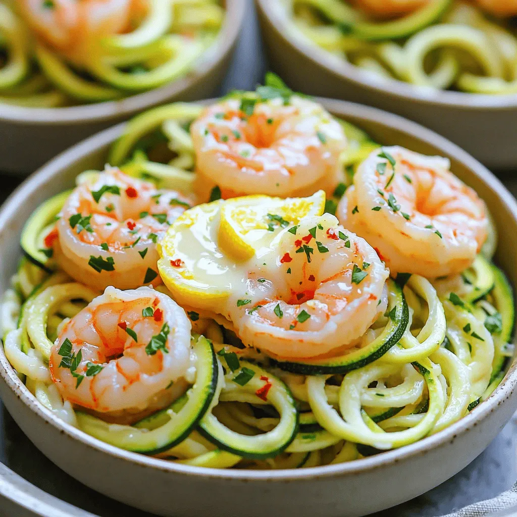 - 2 medium zucchinis, spiralized into noodles - 1 pound medium shrimp, peeled and deveined - 4 tablespoons unsalted butter - 4 cloves garlic, minced - 1 teaspoon red pepper flakes (adjust to taste) - 1 lemon, juiced and zested - 1/4 cup fresh parsley, chopped - Salt and pepper to taste - Optional: Grated Parmesan cheese for serving To make Minute Shrimp Scampi Zucchini Noodles, you need fresh, simple ingredients. Start with two medium zucchinis. Spiralize them to create noodle-like shapes. This step adds a fun twist to your meal. You will also need one pound of medium shrimp. Ensure they are peeled and deveined for easier cooking. Fresh shrimp make this dish shine. Next, gather four tablespoons of unsalted butter. This adds rich flavor and helps sauté the garlic. Four cloves of minced garlic bring a strong, tasty punch. Garlic is a key part of scampi. For heat, use one teaspoon of red pepper flakes. You can adjust this based on your spice preference. One lemon is essential. You’ll use both the juice and zest. The lemon brightens the dish and balances flavors. Add one-fourth cup of chopped fresh parsley for color and freshness. It also enhances the taste. Finally, don’t forget salt and pepper to taste. These basic seasonings bring out the best in each ingredient. Optionally, you can sprinkle some grated Parmesan cheese on top when serving. It adds a creamy, salty finish that many enjoy. With these ingredients, you are ready to make a delicious, quick meal! Spiralizing Zucchini Use a spiralizer to turn the zucchinis into noodles. Choose medium zucchinis for the best texture. Hold the zucchini firmly and twist it in the spiralizer. You will see long, thin noodles form quickly. This method makes the dish light and fun. Setting Aside Prepared Noodles Once spiralized, set the zucchini noodles aside. Place them in a bowl and cover them to keep them fresh. You want them ready for mixing later. This step lets the noodles maintain their crunch. Melting Butter and Sautéing Garlic In a large skillet, melt four tablespoons of butter over medium heat. Once the butter melts, add four minced garlic cloves and one teaspoon of red pepper flakes. Cook for about one minute. The kitchen will smell amazing! Be careful not to burn the garlic, as it can become bitter. Cooking Shrimp Properly Next, add one pound of peeled and deveined shrimp to the skillet. Season them with salt and pepper. Cook the shrimp for two to three minutes on one side. They will turn pink when ready. Flip them over and squeeze half a lemon over them. Cook for another two minutes to ensure they are fully cooked. Incorporating Zucchini Now, it is time to add the zucchini noodles to the skillet. Toss them gently with the cooked shrimp. Cook everything together for about two minutes. This step helps the flavors blend beautifully. The noodles should be just tender at this point. Adding Lemon and Parsley Remove the skillet from the heat. Stir in the zest of one lemon and a quarter cup of chopped fresh parsley. Taste the dish and adjust the seasoning with more salt, pepper, or lemon juice if needed. This adds brightness and freshness to your meal. - Adjusting Red Pepper Flakes: Start with 1 teaspoon of red pepper flakes. If you like more heat, add more. If you want less spice, use half. This helps you find your perfect balance. - Balancing Lemon Juice: Lemon adds brightness. I squeeze half a lemon over the shrimp while cooking. Taste it! If it needs more tang, add the other half. Zest the lemon for added flavor too. - Avoiding Overcooked Shrimp: Shrimp cook quickly. Watch closely! Cook them just until they turn pink. Overcooked shrimp are tough and chewy. - Perfecting Zucchini Texture: Zucchini noodles cook fast. Toss them in with the shrimp for just 2 minutes. This keeps them firm and bright, not mushy. - Garnishing Ideas: A sprinkle of fresh parsley brightens the dish. Grate some Parmesan cheese on top for a creamy touch. Add extra lemon zest for a pop of flavor. - Pairing with Sides: Serve with a crisp salad or garlic bread. These sides complement the scampi well and add to your meal experience. {{image_2}} You can switch the shrimp for chicken or tofu. Chicken works well in this dish. Use 1 pound of chicken breast, cut into bite-sized pieces. Cook it in the same way as the shrimp. Tofu is a great choice too. Use firm tofu and press it to remove extra water. Cut it into cubes and sauté until golden. You can also try other seafood. Scallops or mussels can give a different taste. Just cook them the same way as the shrimp. Adjust the cooking time as needed. Make sure they are fully cooked for safety. If you want a different base, try spaghetti squash. It has a mild flavor and a fun texture. Roast the squash, then scrape it out with a fork. It makes a great noodle substitute. Other vegetable noodles work, too. Carrot noodles or sweet potato noodles add color and taste. You can buy them pre-made or spiralize your own. Just remember to adjust cooking time for different noodles. You can boost your dish with extra veggies. Try adding cherry tomatoes, spinach, or bell peppers. They add color and nutrition. Sauté them with the garlic before adding the shrimp. Herbs and spices can enhance the flavor. Basil and oregano work well with this dish. You can also add more red pepper flakes for heat. Just sprinkle them in as you cook, tasting as you go. Refrigerating Shrimp Scampi Store leftover shrimp scampi in an airtight container. Place it in the fridge within two hours of cooking. It stays fresh for up to three days. The flavors will blend nicely as it chills. However, keep the zucchini noodles separate if you can. This helps them stay firm. Freezing Tips You can freeze shrimp scampi too. Use a freezer-safe container or bag. Make sure to remove as much air as possible. It will last for about two months. When you’re ready to eat, thaw it in the fridge overnight. It’s best to reheat it on the stove for even heating. Best Methods for Reheating The stove is the best way to reheat shrimp scampi. Heat a skillet over low to medium heat. Add a splash of water or broth to help keep it moist. Stir gently until heated through. This usually takes about five to seven minutes. Avoiding Soggy Noodles To avoid soggy noodles, don't microwave them if you can help it. If you must, only heat for a short time. Add a bit of olive oil to help keep the noodles firm. Stirring often helps too. Soggy noodles can ruin the meal, so take care! You can serve many tasty sides with this dish. Here are some great options: - Garlic Bread: A classic choice that pairs well with the shrimp. - Caesar Salad: Crisp greens with a light dressing add freshness. - Steamed Broccoli: Bright green broccoli complements the flavors nicely. - Roasted Asparagus: This brings a nutty taste that mixes well. - Couscous or Quinoa: These grains can soak up the sauce and add texture. These sides give you a balanced meal and enhance the flavors of the main dish. Yes, you can prepare some parts in advance. Here are some tips for meal prep: - Zucchini Noodles: Spiralize the zucchini a day before and store them in water in the fridge. This keeps them fresh. - Shrimp: You can clean and season the shrimp a few hours ahead. Just keep them in the fridge until you cook. - Sauce Ingredients: Prep your garlic, lemon zest, and parsley earlier and store them in airtight containers. When you are ready to eat, just cook as directed. This saves time on busy days. Fresh shrimp are key for great flavor. Here’s how to buy and store them: - Buying Shrimp: - Look for Clear Eyes: Fresh shrimp have clear and bright eyes. - Check the Shell: It should be firm and clean, not slimy. - Smell Test: Fresh shrimp smell like the ocean, not fishy. - Storing Shrimp: - Refrigerate: Store shrimp in the coldest part of your fridge. Use them within 1-2 days. - Freeze for Longer Storage: If you won’t use them soon, freeze shrimp in a single layer. By following these tips, you’ll ensure that you have the freshest shrimp for your dish. This blog post covered how to make shrimp scampi with zucchini noodles. I shared step-by-step instructions and tips for the best flavor and texture. You can also customize this dish with different proteins and vegetables. Leftovers are easy to store and reheat. Remember, a little care goes a long way in cooking! Feel free to experiment and enjoy your own tasty creations. Keep it fun and tasty in the kitchen!