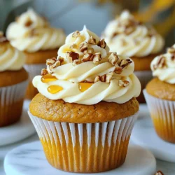 To make these tasty cupcakes, gather the following key ingredients: - 1 cup all-purpose flour - 1 teaspoon baking powder - 1 teaspoon baking soda - 1 teaspoon ground cinnamon - 1/2 teaspoon ground nutmeg - 1/4 teaspoon ground ginger - 1/4 teaspoon salt - 1 cup canned pumpkin puree - 3/4 cup granulated sugar - 1/2 cup maple syrup - 2 large eggs - 1/2 cup vegetable oil - 1 teaspoon vanilla extract These ingredients blend to create a moist and flavorful treat. The pumpkin gives it a rich texture, while the spices bring warmth. You can add a few optional ingredients for extra delight: - 1/2 cup chopped pecans These chopped pecans add a nice crunch and nutty flavor. They work well with the soft cupcake. If you need to swap some ingredients, here are some ideas: - Use whole wheat flour instead of all-purpose flour for added fiber. - Swap maple syrup with honey for a different sweet note. - Replace vegetable oil with melted coconut oil for a tropical touch. These substitutions keep the essence of the recipe while offering variety. Don't be afraid to experiment! Start by gathering your tools. You will need a muffin tin, cupcake liners, mixing bowls, and a whisk. Preheat your oven to 350°F (175°C). Line your muffin tin with cupcake liners. This keeps your cupcakes from sticking and makes for easy serving. In a medium bowl, mix your dry ingredients. Combine 1 cup of flour, 1 teaspoon baking powder, 1 teaspoon baking soda, 1 teaspoon cinnamon, 1/2 teaspoon nutmeg, 1/4 teaspoon ginger, and 1/4 teaspoon salt. Whisk them together until they blend well. In a large bowl, add the pumpkin puree, 3/4 cup sugar, 1/2 cup maple syrup, 2 eggs, 1/2 cup vegetable oil, and 1 teaspoon vanilla extract. Mix these until smooth. Slowly add the dry mixture to the wet ingredients. Stir gently to combine. If you like, fold in 1/2 cup of chopped pecans for crunch. Now, it’s time to bake. Divide your batter evenly into the cupcake liners, filling each about 2/3 full. Place the pan in the oven and bake for 18-20 minutes. To check if they’re done, insert a toothpick into the center. If it comes out clean, your cupcakes are ready. Let them cool in the pan for 5 minutes before moving them to a wire rack to cool completely. While your cupcakes cool, prepare the frosting. In a medium bowl, beat together 1/2 cup softened cream cheese and 1/4 cup softened butter. Mix until creamy. Gradually add 1 1/2 cups powdered sugar, beating until smooth. Finally, stir in 2 tablespoons of maple syrup until combined. Once your cupcakes are cool, frost them generously with this sweet cream cheese frosting. For a finishing touch, sprinkle chopped pecans on top. To get the best texture, use room temperature ingredients. This helps them blend well. Mix the wet and dry ingredients until just combined. Overmixing can make the cupcakes tough. If you want a little crunch, add chopped pecans. They add great flavor and texture. One big mistake is not measuring the flour correctly. Too much flour can make the cupcakes dry. Use the spoon and level method for accuracy. Also, remember to preheat your oven. Baking in a cold oven can ruin your cupcakes. Lastly, don’t skip cooling time before frosting. This keeps the frosting from melting. These cupcakes shine at fall gatherings or holiday parties. Serve them on a pretty plate to impress. For a fun twist, pair them with vanilla ice cream. A drizzle of extra maple syrup on top adds sweetness. Enjoy them fresh, or store leftovers for later. They taste great even a few days after baking. {{image_2}} You can easily make these pumpkin maple cupcakes gluten-free. Substitute the all-purpose flour with a 1:1 gluten-free flour blend. Ensure it has xanthan gum for better texture. This swap keeps the cupcakes moist and tasty. Follow the same steps in the recipe. You won’t miss the gluten! For a vegan version, replace the eggs with flax eggs. Mix 1 tablespoon of flaxseed meal with 2.5 tablespoons of water. Let it sit until it thickens. Use plant-based milk instead of regular milk, and swap the butter in the frosting for vegan butter. These small changes keep the cupcakes rich and delicious. While maple cream cheese frosting is delightful, you can try other options. A simple whipped coconut cream works great too. Just beat chilled coconut cream until fluffy. For a chocolate twist, mix cocoa powder into a simple buttercream. Add flavors like cinnamon or vanilla for more fun! To keep your pumpkin maple cupcakes fresh, store them in an airtight container. Place them at room temperature for up to three days. If you live in a warm area, the fridge is a better choice. Just remember, chilled cupcakes may lose some fluffiness. For best taste, bring them back to room temp before serving. You can freeze leftover cupcakes for later enjoyment. First, let them cool completely. Then, wrap each cupcake in plastic wrap. After that, place them in a freezer bag. They can last up to three months in the freezer. When you want one, just thaw it at room temperature or pop it in the microwave for a few seconds. If your cupcakes feel a bit dry after freezing, don’t worry. You can revive them easily. Heat your oven to 350°F (175°C). Place the cupcakes on a baking sheet. Warm them for about 5-10 minutes. This will help bring back their moisture and softness. Enjoy them as if they were freshly baked! Yes, you can use fresh pumpkin. Just make sure it is cooked and pureed well. Fresh pumpkin gives a lighter flavor. It may also add some moisture, so adjust other liquids slightly. To keep cupcakes moist, use good quality pumpkin puree. Adding oil helps too. Avoid overmixing the batter, as this can make them dry. Also, bake them only until a toothpick comes out clean. Yes, you can make the frosting ahead of time. Store it in the fridge in an airtight container. When ready to use, let it sit out for about 15 minutes to soften. These cupcakes last for about 3 to 5 days at room temperature. If you store them in the fridge, they can stay fresh for up to a week. Just make sure they're covered to keep them moist. You learned how to make Bakery-Style Pumpkin Maple Cupcakes. We covered key ingredients, optional add-ins, and swaps. I explained the steps to mix, bake, and frost your cupcakes. We shared tips for texture and serving ideas, and I offered variations for gluten-free and vegan diets. Remember to store your cupcakes correctly for the best taste. Enjoy sharing these treats with friends and family. Happy baking!