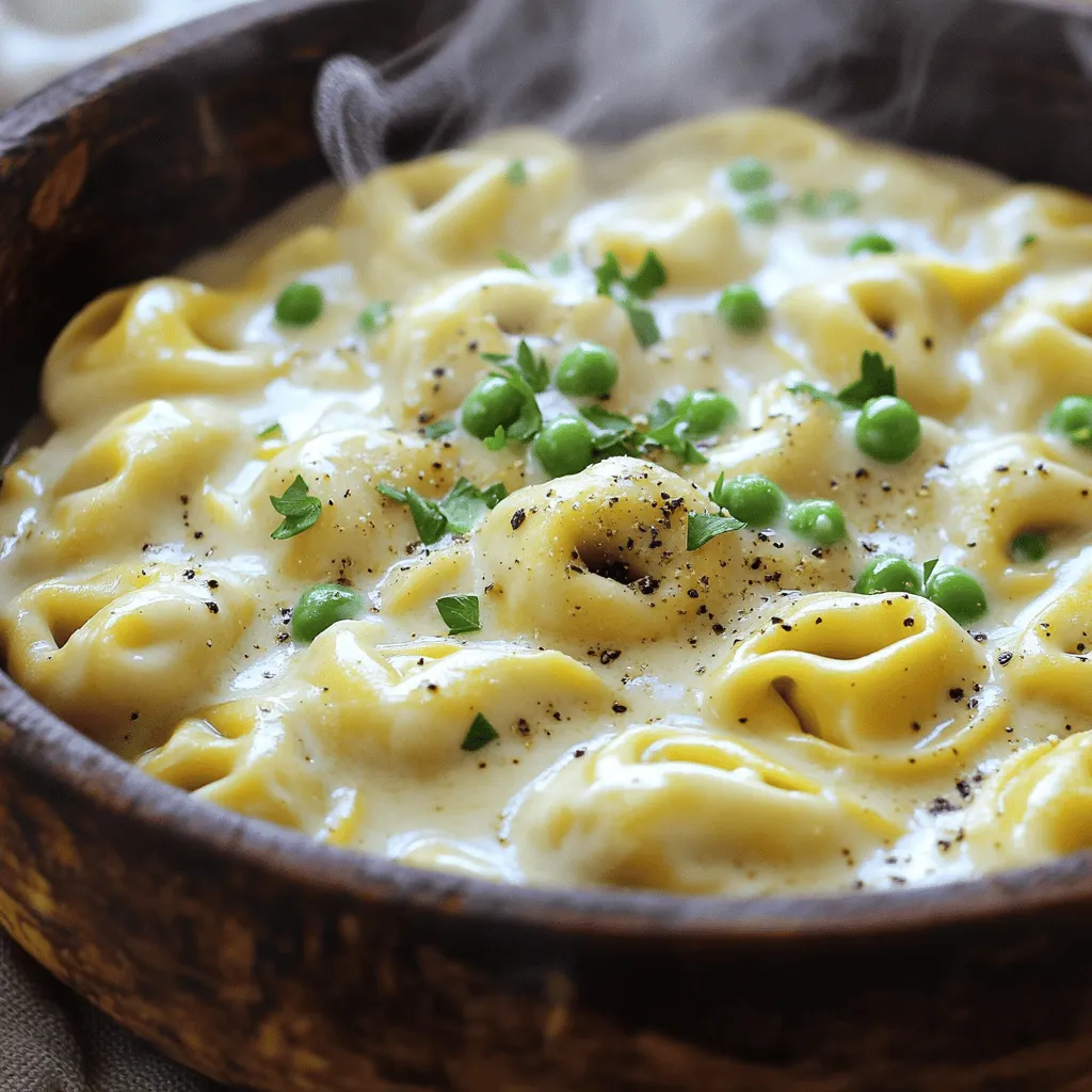 To make creamy tortellini alfredo, gather these simple items: - 12 oz cheese tortellini - 2 tablespoons unsalted butter - 2 cloves garlic, minced - 1 cup heavy cream - 1 cup grated Parmesan cheese - ½ teaspoon black pepper - ½ teaspoon salt - ¼ teaspoon nutmeg (optional) - ½ cup frozen peas (optional) - Fresh parsley, chopped (for garnish) These ingredients come together to create a rich and tasty sauce. You can make this dish even better with some add-ins: - Cooked chicken or shrimp for protein - Fresh spinach or broccoli for extra veggies - Sun-dried tomatoes for a burst of flavor - Lemon zest for a bit of brightness These options let you play with the flavor and nutrition. Creamy tortellini alfredo is filling and satisfying. Here’s a quick look at the nutrition: - Serving Size: 1 cup - Calories: About 400 - Total Fat: 25g - Saturated Fat: 15g - Carbohydrates: 32g - Protein: 12g This meal is rich and creamy, making it a great comfort food choice! Start by boiling water in a large pot. Add a good pinch of salt. Once it boils, drop in 12 oz of cheese tortellini. Cook it until it is al dente, following the package instructions. This usually takes about 3 to 5 minutes. Once cooked, drain the tortellini and set it aside. In the same pot, melt 2 tablespoons of unsalted butter over medium heat. Add 2 cloves of minced garlic and sauté for 1 minute. Keep an eye on it so it doesn't burn. Next, pour in 1 cup of heavy cream while stirring. Let it come to a gentle simmer for 2 to 3 minutes. This helps the sauce thicken slightly. Gradually whisk in 1 cup of grated Parmesan cheese. Keep stirring until it melts and forms a smooth sauce. Add ½ teaspoon of black pepper, ½ teaspoon of salt, and ¼ teaspoon of nutmeg if you like. Now, add the cooked tortellini to the creamy sauce. Toss it gently to coat every piece. If you want, fold in ½ cup of frozen peas and let it warm for another 2 to 3 minutes. Remove the pot from heat and serve hot. Garnish with freshly chopped parsley for a nice touch. This dish is a true delight! To make the best Alfredo sauce, use fresh ingredients. Start with high-quality Parmesan cheese. Grate it yourself for the best flavor. Melt the butter over medium heat, then add minced garlic. Cook it just until fragrant. This step adds a nice depth to your sauce. After that, pour in the heavy cream and stir. Bring it to a gentle simmer, but do not boil it. This helps the sauce thicken without separating. Gradually whisk in the cheese until it melts and combines smoothly. One common mistake is cooking the sauce too fast. Always keep the heat medium to avoid burning. Also, do not skip the nutmeg. Just a pinch enhances the flavor. Another mistake is not seasoning enough. Taste and adjust with salt and pepper. Lastly, avoid overcooking the tortellini. They should be al dente to hold up in the sauce. Serve your creamy tortellini Alfredo hot for the best taste. Garnish with chopped parsley for a fresh look. Pair it with a simple green salad or garlic bread. If you want, add cooked chicken or shrimp for protein. This dish also works well with roasted vegetables like broccoli or bell peppers. Enjoy your meal while it’s warm for the best flavor! {{image_2}} You can make creamy tortellini Alfredo even better with tasty add-ins. Try adding cooked chicken, shrimp, or bacon. These proteins bring new flavors and make the dish heartier. For veggies, consider spinach, broccoli, or bell peppers. They add color and nutrients. Frozen peas are an easy option too. Just mix them in when the tortellini is hot to warm them up. If you need to change the recipe, there are great options. For a dairy-free version, use coconut cream instead of heavy cream. You can replace Parmesan cheese with a nut-based cheese or nutritional yeast for a cheesy flavor. For gluten-free needs, use gluten-free tortellini. Always check the labels to ensure they fit your diet. While cheese tortellini is delicious, you can switch it up. Use ravioli for a different texture and flavor. Penne or fettuccine are also good options. They hold the sauce well and still taste great. Just remember to adjust cooking times based on the pasta you choose. Enjoy experimenting with different shapes and flavors! To save any extra creamy tortellini alfredo, store it in an airtight container. Make sure it cools down first. Then, place it in the fridge. It stays fresh for about three days. If you want to keep it longer, consider freezing it. When you’re ready to eat leftovers, reheat them gently. You can use a microwave or a stovetop. If using a microwave, heat for one minute, then stir. Repeat until hot. On the stovetop, add a splash of cream or milk to the pan. Heat over low until warm, stirring often. To freeze creamy tortellini alfredo, use a freezer-safe container. Leave some space at the top for expansion. This dish can last up to two months in the freezer. When you want to eat it, thaw it in the fridge overnight. Reheat as mentioned above for the best taste. Creamy tortellini alfredo will last about 3 to 5 days in the fridge. Store it in an airtight container. It helps keep the flavors fresh. When you want to eat it, just reheat it gently. Yes, you can make creamy tortellini alfredo ahead of time. Prepare the sauce and cook the tortellini. Store them separately in the fridge. When you want to serve, just combine and heat. This makes meal prep easier and saves time. If the sauce is too thick, add a splash of milk or cream. Stir it in slowly until you reach the right consistency. You can also add a bit of pasta water. This will help thin it out while adding flavor. This post covered how to make creamy tortellini Alfredo. We explored key ingredients, optional add-ins, and important nutrition facts. I shared easy steps for cooking and combining the tortellini and sauce. Tips helped you perfect the dish while avoiding common mistakes. We also looked at flavor variations, dietary substitutions, and storage tips. Enjoy this dish as a comforting meal or a fun twist at dinner. With practice, you can make it your own!