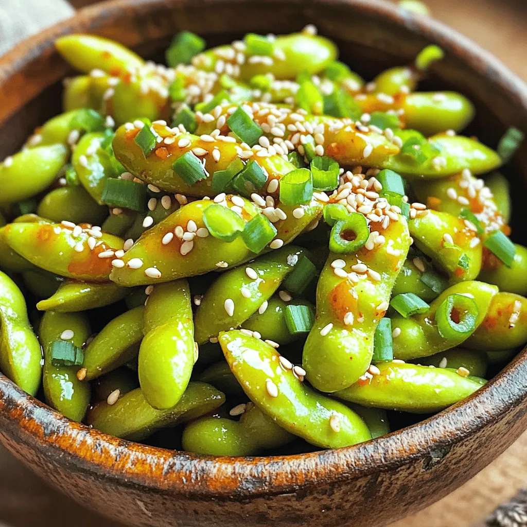 To make Air Fryer Sweet & Spicy Garlic Edamame, gather these items: - 2 cups frozen edamame in pods - 2 tablespoons soy sauce - 1 tablespoon honey - 1 tablespoon sriracha (adjust to taste) - 2 cloves garlic, minced - 1 teaspoon sesame oil - Salt to taste These garnishes can enhance the look and taste of your dish: - 1 teaspoon sesame seeds - Chopped green onions You can swap some ingredients if needed: - Use tamari instead of soy sauce for a gluten-free option. - Maple syrup can replace honey for a vegan version. - If you want less heat, use less sriracha or a mild chili sauce. To start, grab a bowl and add 2 cups of frozen edamame pods. You don't need to thaw them first. Just toss them in the bowl. This simple step makes it easy to get started. You will love how quick this is! Next, take another bowl and whisk together your marinade. You will need: - 2 tablespoons soy sauce - 1 tablespoon honey - 1 tablespoon sriracha (feel free to adjust this to your taste) - 2 cloves garlic, minced - 1 teaspoon sesame oil - A pinch of salt Mix these ingredients until they blend well. This marinade gives the edamame a sweet and spicy kick that makes it special. Before you cook, preheat your air fryer to 380°F (190°C). This step takes about 5 minutes. Preheating helps the edamame cook evenly. Once preheated, place the marinated edamame into the air fryer basket in a single layer. Air fry them for 10-12 minutes. It's important to shake the basket halfway through. This ensures every pod gets crispy. When the time is up, check if they are tender and slightly crispy. If you want a crunchier texture, add an extra 2 minutes. Trust me, that extra time makes a difference! After cooking, transfer the edamame to a serving bowl. Top it off with sesame seeds and chopped green onions for garnish. Enjoy this delightful snack! To get the best results, start with frozen edamame. Thawing isn’t needed. Preheat your air fryer to 380°F (190°C). This helps cook the edamame evenly. Arrange the pods in a single layer in the basket. This ensures they cook well. Shake the basket halfway through cooking. This keeps them from sticking together. You can tweak the marinade to fit your taste. Want it sweeter? Add more honey. If you like it spicier, increase the sriracha. You can also use garlic powder if you’re out of fresh garlic. For a nutty flavor, try adding a splash of peanut sauce. It works well with the sweet and spicy notes. Serve the edamame hot for the best taste. Garnish with sesame seeds and chopped green onions. These add a nice crunch and color. You can pair it with rice or serve it as a snack. It also complements sushi or a fresh salad. Enjoy your tasty creation with friends or family! {{image_2}} You can change the flavor of your sweet and spicy garlic edamame easily. For a smoky twist, add smoked paprika to the marinade. If you love citrus, try some lime juice or zest. For a nutty flavor, add a spoonful of peanut butter. Each option brings a new taste to the dish. Feel free to swap some ingredients based on what you have. Use tamari instead of soy sauce for a gluten-free option. Maple syrup can replace honey if you want a vegan dish. If sriracha is too spicy, try chili garlic sauce or even a mild hot sauce. These swaps keep the dish fresh and fun. You can enjoy this edamame as a snack or a dish. Serve it as a side with Asian-inspired meals like teriyaki chicken or sushi. For a light main dish, pair it with rice or quinoa. This gives you a balanced meal packed with protein and flavor. After making your sweet and spicy garlic edamame, you can store leftovers in the fridge. Place them in an airtight container. They will stay fresh for about 3 days. Always let the edamame cool down before storing. This helps keep them crispy. If you add any garnishes, it's best to store those separately. If you want to keep your edamame longer, freezing is a great option. First, let the cooked edamame cool. Then, spread them out on a baking sheet. Freeze them for about 1-2 hours. Once solid, transfer them to a freezer bag. Remove as much air as you can. They can last for up to 3 months in the freezer. When you’re ready to eat, just thaw them overnight in the fridge. To reheat your edamame, avoid the microwave if possible. The air fryer is the best way to bring back that crunch. Preheat your air fryer to 380°F (190°C). Place the edamame in the basket and air fry for 5-6 minutes. Shake the basket halfway through. This will keep them tasty and warm. If you must use a microwave, heat them in short bursts. Stir them often to avoid uneven heating. Yes, you can use fresh edamame. Fresh pods need a longer cook time. Boil them in water for about 5 minutes first. Then, follow the same marinade and air frying steps. This will help keep them tender and flavorful. To reduce the spice, cut back on sriracha. You can start with half a tablespoon. Taste the marinade and adjust until it suits your taste. Adding more honey can also help balance the heat. Sweet and spicy garlic edamame works well with many dishes. Try serving it with sushi or grilled chicken. It also pairs nicely with rice bowls or a fresh salad. You can even enjoy it as a stand-alone snack! This blog post covered easy steps to make sweet and spicy garlic edamame. We discussed key ingredients, garnishes, and substitutions. I shared clear instructions for preparing the edamame and cooking in an air fryer. You learned useful tips for enhancing flavor and serving options. We explored variations, storage methods, and answered common questions. In the end, making edamame is simple and fun. Enjoy your tasty dish as a snack or side!