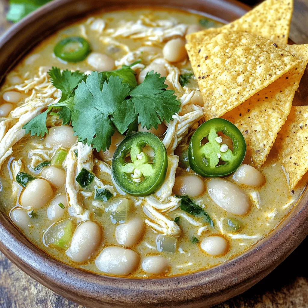 - 2 cups cooked chicken, shredded - 1 can (15 oz) white beans (cannellini or great northern), drained and rinsed - 1 can (4 oz) diced green chiles, undrained - 1 medium onion, diced - 2 cloves garlic, minced The main ingredients in white chicken chili create a hearty base. I like using cooked chicken for quick prep. Shredded chicken blends well with the other flavors. White beans add creaminess and protein. Diced green chiles bring a mild heat and flavor. Onion and garlic add depth to the dish. - 1 teaspoon ground cumin - 1 teaspoon chili powder - ½ teaspoon smoked paprika Spices make this chili shine. Ground cumin gives a warm, earthy flavor. Chili powder adds a little kick without overpowering. Smoked paprika gives a rich depth. These spices work together to create a balanced taste. - 4 cups chicken broth - 1 cup heavy cream - 1 tablespoon olive oil - Salt and black pepper to taste - Fresh cilantro, chopped (for garnish) - Sliced jalapeños (optional, for garnish) - Tortilla chips (for serving) Chicken broth serves as the chili's base. It brings moisture and flavor. Heavy cream adds a rich and creamy texture. Olive oil helps cook the onion and garlic. Season with salt and black pepper to enhance flavors. Fresh cilantro and jalapeños add a fresh touch. Serve with tortilla chips for crunch and fun! 1. Sautéing onion and garlic: Start by heating the olive oil in a large pot over medium heat. Add the diced onion and cook it for about 5 minutes. You want the onion to be soft and clear. Then, stir in the minced garlic. Cook it for one more minute until you smell its lovely aroma. 2. Adding spices: Next, sprinkle in the ground cumin, chili powder, and smoked paprika. These spices add a warm and rich flavor. Mix them well with the onions and garlic. Let them cook for one minute. This step helps release the spices' full flavor. 1. Mixing in the main ingredients: Now it's time to add the stars of the dish. Toss in the shredded chicken, white beans, and diced green chiles. Then, pour in the chicken broth. Stir everything together well, so each ingredient is mixed. 2. Bringing to a boil and simmering: Raise the heat until the mixture boils gently. Once it starts boiling, reduce the heat. Let the chili simmer uncovered for about 15 minutes. This helps the flavors blend together beautifully. 1. Incorporating heavy cream: After simmering, slowly pour in the heavy cream. This makes your chili creamy and rich. Stir it gently to combine well. 2. Seasoning to taste: Finally, add salt and black pepper to your liking. Taste your chili and adjust the seasoning as needed. Let it cook for an additional 5 minutes. This ensures everything is heated through before serving. To get the best taste from your white chicken chili, let the flavors meld together. After cooking, let it sit for a few minutes. This extra time helps the spices mix well. Proper seasoning is key too. Always taste your chili as you cook. Add salt and pepper gradually. This makes it easier to control the flavor. Remember, you can add more, but you can't take it out! One common mistake is overcooking the chicken. If you cook it too long, it can become dry. Add the chicken to the pot at the right time. Stir gently and let it heat through without boiling. Another pitfall is not adjusting spice levels to your taste. Some people like it spicy, while others prefer mild. Start with less spice, then add more as needed. This way, everyone can enjoy their bowl of chili. When serving white chicken chili, think about sides that pair well. Tortilla chips are a must! They add crunch and balance the creaminess of the chili. For garnishes, fresh cilantro adds a bright touch. Sliced jalapeños can give it a kick if you like heat. Consider adding a dollop of sour cream for extra creaminess. These simple touches will make your chili shine on the table! {{image_2}} You can make white chicken chili gluten-free by using gluten-free broth. Most canned beans are gluten-free too. Always check the labels to be sure. For dairy-free options, swap heavy cream with coconut milk or a nut milk. Both give a nice creaminess without dairy. If you want to change up the protein, turkey works great. It gives a similar taste and texture. You can also use shredded pork or tofu for a fun twist. For beans, try black beans or pinto beans if you prefer. They add different flavors and textures. Adding more vegetables like corn or bell peppers can boost nutrition and flavor. Want to change the flavor profile? Try adding different spices! A pinch of cayenne pepper adds heat, while oregano gives it a fresh taste. You can also throw in some lime juice for a zesty kick. Adding more veggies, like carrots or zucchini, can make the dish even heartier. These options keep the chili interesting and tasty! To keep your leftover white chicken chili fresh, follow these steps: - Refrigeration tips: Allow the chili to cool to room temperature. Transfer it to an airtight container. Store it in the fridge for up to 4 days. Make sure to label the container with the date. - Freezing options: For longer storage, freeze your chili. Place it in a freezer-safe container or bag. Leave some space for expansion. It will last in the freezer for about 2 to 3 months. When you're ready to enjoy your chili again, here’s how to reheat it properly: - Best methods for reheating: The stovetop works best. Pour the chili into a pot over medium heat. Stir often to prevent sticking. You can also use a microwave. Heat in short intervals, stirring in between. - Tips to maintain texture and flavor: If the chili seems thick after freezing, add a bit of chicken broth or water. This helps bring back its creamy texture. Taste and adjust seasoning as needed. Knowing how long your chili lasts helps prevent waste: - Expected duration for fridge and freezer storage: In the fridge, your chili stays fresh for about 4 days. In the freezer, it can last for 2 to 3 months. Always check for any off smells or changes in texture before consuming. You can use milk mixed with cornstarch. This makes a lighter chili. Another option is coconut milk. It adds a nice flavor and keeps it creamy. Greek yogurt is also a good choice. Use it carefully so it doesn’t curdle. White Chicken Chili lasts about 3 to 4 days in the fridge. Keep it in an airtight container. Make sure to cool it first before sealing. This helps keep it safe and fresh. Yes, you can make this chili ahead of time. It tastes even better the next day! Cook it and let it cool. Store it in the fridge for up to 4 days. You can also freeze it for up to 3 months. Just thaw in the fridge before reheating. White Chicken Chili can be mild or spicy. The heat comes from the diced green chiles. If you want it spicier, add sliced jalapeños. For less heat, use fewer chiles or mild beans. Always taste it as you cook. A serving of White Chicken Chili has about 300 calories. It has around 25 grams of protein. The fat content is around 15 grams, mostly from the heavy cream. This chili is filling and packed with flavor! This article explored the main ingredients for White Chicken Chili, including cooked chicken, white beans, and spices. I provided clear steps to prepare, cook, and serve this dish successfully. You also learned about various tips to enhance flavor and avoid common errors. The variations and storage information offer flexibility and practicality for your meals. In the end, this chili is simple and adaptable. Whether for a cozy night or a gathering, it satisfies many appetites. Enjoy making it your own!