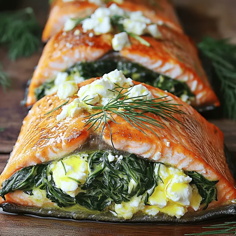- 4 salmon fillets (6 oz each) - 1 cup fresh spinach, chopped - 1/2 cup feta cheese, crumbled - 2 tablespoons cream cheese, softened - 1 tablespoon olive oil - 2 cloves garlic, minced - 1 teaspoon lemon zest - Salt and pepper to taste - Fresh dill for garnish (optional) Fresh spinach is best for flavor. It wilts well and has a nice taste. Frozen spinach can work too, but it must be drained well. Otherwise, it might make the filling soggy. When choosing feta cheese, opt for the block type. It has better flavor and texture than crumbled feta. If you can, look for feta made from sheep's milk. It adds a richness that pairs well with salmon. If you want a cream cheese substitute, try Greek yogurt. It adds creaminess without the extra fat. For a different stuffing option, consider using trout or chicken. They can hold the filling just as well as salmon. You can even try using tofu for a plant-based option. It absorbs flavors well and is a good protein source. 1. Preheating the oven Start by preheating your oven to 375°F (190°C). This step is key for even cooking. 2. Preparing the spinach mixture In a skillet, heat 1 tablespoon of olive oil over medium heat. Add 2 cloves of minced garlic and sauté for about 1 minute. You want to smell the garlic, but don’t let it burn. Then, toss in 1 cup of chopped spinach and cook until it wilts, which takes about 2-3 minutes. Once done, move it off the heat and let it cool a bit. 1. Creating pockets in the fillets Take your 4 salmon fillets and make a pocket in each one. Carefully slice horizontally, but don’t cut all the way through. Make sure there’s enough room for the filling. 2. Filling with the feta and spinach mixture In a mixing bowl, combine the wilted spinach, 1/2 cup of crumbled feta, 2 tablespoons of softened cream cheese, 1 teaspoon of lemon zest, and season with salt and pepper. Mix well. Now, stuff each salmon fillet with this tasty spinach and feta mix. Push the filling in evenly so each bite is flavorful. 1. Baking time and temperature Place the stuffed salmon on a parchment-lined baking sheet. Drizzle a little olive oil on top and add more salt and pepper if you like. Bake in your preheated oven for 15-20 minutes. 2. Tips for checking doneness To check if the salmon is done, look for it to flake easily with a fork. If it does, it’s ready to eat. If not, give it a few more minutes. Enjoy your delicious meal! To boost flavor, you can add spices like paprika or cayenne for heat. Fresh herbs like thyme or parsley also work well. For sides, consider serving roasted vegetables or a light salad. These will balance the rich flavors of the salmon and cheese. To keep your salmon moist, use a thermometer. Aim for an internal temperature of 145°F (63°C). This ensures juiciness. Avoid overcooking by checking it a few minutes before the time is up. Salmon should flake easily but still look slightly pink inside. Garnish your dish with fresh dill for a pop of color. A lemon wedge adds brightness too. Serve the salmon on a rustic wooden board or a white plate to highlight the vibrant filling. This will impress your guests and make the meal feel special. {{image_2}} You can add new flavors to feta spinach stuffed salmon. Sun-dried tomatoes bring a rich taste. They add sweetness and a nice chewy texture. Just chop them up and mix them in with the spinach and feta. This small change makes a big difference. Olives are another great option. Their salty flavor pairs well with the creamy cheese. Slice them up and toss them into the stuffing. You will enjoy the briny kick they give the dish. If you want a little heat, consider chili flakes. Just sprinkle them into the stuffing. Start small, then add more if you like it spicy. This adds a fun layer to your meal. Making this dish gluten-free is easy. Just check the cream cheese and make sure it’s gluten-free. Most cream cheeses are, but it’s good to be sure. If you need a dairy-free option, swap the feta and cream cheese for vegan cheese. Many brands offer good alternatives. They melt nicely and still give a creamy texture. For a low-carb or ketogenic twist, skip the cream cheese. You can use more spinach and feta instead. This keeps the dish light and tasty while fitting your dietary needs. Pairing this salmon with the right sides makes the meal shine. Roasted veggies like asparagus or broccoli add color and crunch. A fresh salad with lemon vinaigrette balances the richness of the salmon. For meal prep, you can serve it with grains like quinoa or brown rice. These add fiber and make the dish heartier. You can easily pack the salmon and sides in containers for lunch or dinner. Another fun option is to serve the salmon on a bed of zoodles. Zoodles are zucchini noodles and are low in carbs. They soak up the flavors from the salmon, making every bite delicious. To keep your feta spinach stuffed salmon fresh, store it in an airtight container. You can place it in the fridge right after it cools down. This method keeps it safe and tasty. It stays good for up to three days in the fridge. If you want to enjoy it later, consider freezing it for longer storage. When you reheat stuffed salmon, use the oven or stovetop. These methods help keep the salmon's texture. Preheat your oven to 350°F (175°C) and place the salmon on a baking sheet. Heat for about 10-15 minutes. If using the stovetop, cover the pan with a lid to keep moisture in. Avoid using a microwave, as it can make the salmon dry. Yes, you can freeze feta spinach stuffed salmon! To freeze, wrap each piece tightly in plastic wrap. Then, place it in a freezer bag. This keeps out air and prevents freezer burn. For best results, eat it within three months. When ready to eat, thaw it in the fridge overnight before reheating. This keeps the flavor fresh and delicious. Bake Feta Spinach Stuffed Salmon for 15 to 20 minutes at 375°F (190°C). The cooking time depends on the thickness of your salmon fillets. For a 6 oz fillet, 15 to 20 minutes works well. Always check if the fish flakes easily with a fork. If your fillets are thicker, add a few more minutes. Keeping an eye on the salmon helps you avoid overcooking. Yes, you can use different cheeses if you like. Cream cheese adds a nice creaminess. Goat cheese gives a tangy flavor. Mozzarella melts well and can add a lovely stretch. Just keep the same amount for the best taste. Feel free to mix and match to find your favorite. This dish pairs well with many sides. Try roasted vegetables for a colorful plate. A light salad with lemon vinaigrette works great too. Quinoa or rice can add a nice base. You could also serve it with garlic bread to soak up the flavors. Each option enhances the meal and makes it more delightful. In this article, we explored a tasty recipe for feta spinach stuffed salmon. You learned about key ingredients and helpful tips for preparation, cooking, and storage. Remember, fresh ingredients make a big difference. Consider alternatives for your dietary needs and feel free to mix flavors. This dish is not just easy; it’s also a great way to impress. With these steps, you can create a meal that everyone will love. Enjoy making your next salmon dinner special with these ideas!