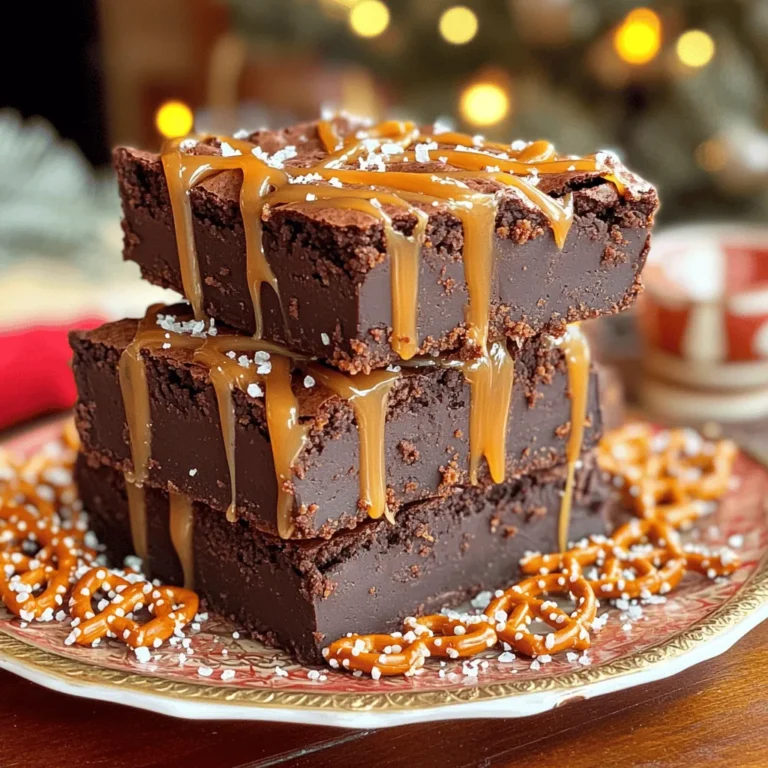 - 1 cup unsalted butter - 2 cups granulated sugar - 1 teaspoon vanilla extract - 4 large eggs - 1 cup all-purpose flour - 1 cup unsweetened cocoa powder - 1 teaspoon baking powder - ½ teaspoon salt - 1 cup chocolate chips - 1 cup crushed pretzels - 1 cup store-bought salted caramel sauce These ingredients make up the heart of the salted caramel pretzel brownies. Each one plays a key role in creating a rich, sweet, and salty treat. - Vegan options: Swap the eggs for 1 cup of unsweetened applesauce. Use vegan butter instead of unsalted butter. - Gluten-free alternatives: Use a gluten-free flour blend in place of all-purpose flour. - Sugar substitutes: For a lower-sugar option, try using coconut sugar or a sugar-free sweetener. These substitutions ensure that everyone can enjoy these delicious brownies, regardless of dietary needs. 1. First, heat your oven to 350°F (175°C). This ensures the brownies bake evenly. 2. Grease a 9x13-inch baking pan. Lining it with parchment paper helps with easy removal. 3. In a large mixing bowl, combine one cup of melted unsalted butter and two cups of granulated sugar. Whisk until smooth. 4. Next, add one teaspoon of vanilla extract. Then, add four large eggs one at a time. Mix until they are fully blended. 1. In another bowl, sift one cup of all-purpose flour, one cup of unsweetened cocoa powder, one teaspoon of baking powder, and half a teaspoon of salt. 2. Slowly mix these dry ingredients into the wet mixture. It is key to not overmix. This keeps the brownies soft and chewy. 1. Pour half of the brownie batter into the pan, spreading it out evenly. 2. Drizzle half of your one cup of salted caramel sauce over the batter. 3. Carefully add the rest of the batter on top. Use a knife to swirl it for a marbled look. 4. Top with the remaining caramel sauce and sprinkle with crushed pretzels for added crunch. 5. Bake for 30-35 minutes. To check if they are done, use a toothpick. It should have a few moist crumbs. 6. Once baked, let the brownies cool for at least 15 minutes in the pan. Then, lift them out using the parchment paper. Allow them to cool fully on a wire rack before cutting into squares. To make sure your brownies stay moist, follow these tips: - Do not overbake: Check them a few minutes early. Use a toothpick. It should come out with a few moist crumbs. - Use room temperature eggs: Cold eggs can affect the mix. They do not blend well and may lead to dry brownies. To make your brownies even tastier, consider these ideas: - Add sea salt on top: This simple step brings out the sweet notes of the caramel. Just sprinkle a bit before serving. - Use high-quality cocoa powder: This can elevate the chocolate flavor. Good cocoa makes a big difference in taste. If your brownies don't turn out as expected, here’s how to fix it: - If brownies are too crumbly: Add a little melted butter or an extra egg. This can help bind them together. - If brownies are too gooey: Bake them a bit longer. Keep an eye on them so they don’t dry out. {{image_2}} You can make these brownies even better by adding different flavors. Try adding nuts like walnuts or pecans for a nice crunch. You can also mix in some toffee bits for extra sweetness. If you want a twist, swap in different caramel sauces. You might like a rich chocolate caramel or a vanilla caramel drizzle. Each choice brings a new taste to your brownies. Pair your salted caramel pretzel brownies with ice cream for a great treat. Vanilla ice cream works well, but salted caramel ice cream is even better. The creamy texture and flavor will balance the brownies. For drinks, consider a cold glass of milk or a warm cup of coffee. Both enhance the rich flavors and make each bite even more enjoyable. You can also change your brownies to match the season. For the fall, add pumpkin spice to the batter or mix in some dried cranberries. In winter, sprinkle in some peppermint bits or use a peppermint caramel sauce for a festive twist. Spring is perfect for adding fresh berries, like chopped strawberries or raspberries, giving your brownies a fruity lift. Summer might call for a light lemon drizzle on top for a refreshing touch. To keep your salted caramel pretzel brownies fresh, store them at room temperature. Use an airtight container to stop moisture loss. If you live in a warm area, refrigerate them. Just note, refrigeration can make brownies a bit firmer. To avoid this, let them sit out for a few minutes before eating. If you want to freeze brownies, first let them cool completely. Wrap each brownie in plastic wrap. Then place them in a freezer bag. This helps keep them fresh for up to three months. When you're ready to enjoy, take them out and thaw in the fridge overnight. You can also warm them in the microwave for a few seconds. These brownies last about a week at room temperature. If stored in the fridge, they can last up to two weeks. Watch for signs of spoilage like a hard texture or off smell. If they start to look dry or crumbly, it’s time to toss them. Enjoy your treats while they’re still tasty! To know when the brownies are done, use the toothpick test. Insert a toothpick into the center of the brownies. If it comes out with a few moist crumbs, they are ready. If it comes out wet with batter, they need more time. Bake for about 30-35 minutes. Remember that they will continue to cook slightly as they cool. Yes, you can make these brownies ahead of time! Prepare the batter and bake the brownies. Let them cool completely. Then, store them in an airtight container. They will stay fresh for about 3 days at room temperature. You can also freeze them for up to 3 months. Just wrap them well to prevent freezer burn. If you want to skip store-bought caramel sauce, you can make your own. To create homemade caramel, melt 1 cup of sugar in a pan on medium heat. Stir until it melts and turns a golden color. Then, add 6 tablespoons of butter and 1/2 cup of heavy cream. Stir until smooth. Let it cool before using it in your brownies. This gives you a rich, fresh flavor! You now have all you need to bake the perfect brownies. We covered the key ingredients, substitutions, and step-by-step instructions. Remember, choosing the right cocoa and the right baking time is vital. Use the tips and tricks for the best texture and flavor. Feel free to get creative with variations and pairings. Keep storage in mind to enjoy them longer. Trust your instincts and enjoy each bite. Happy baking!