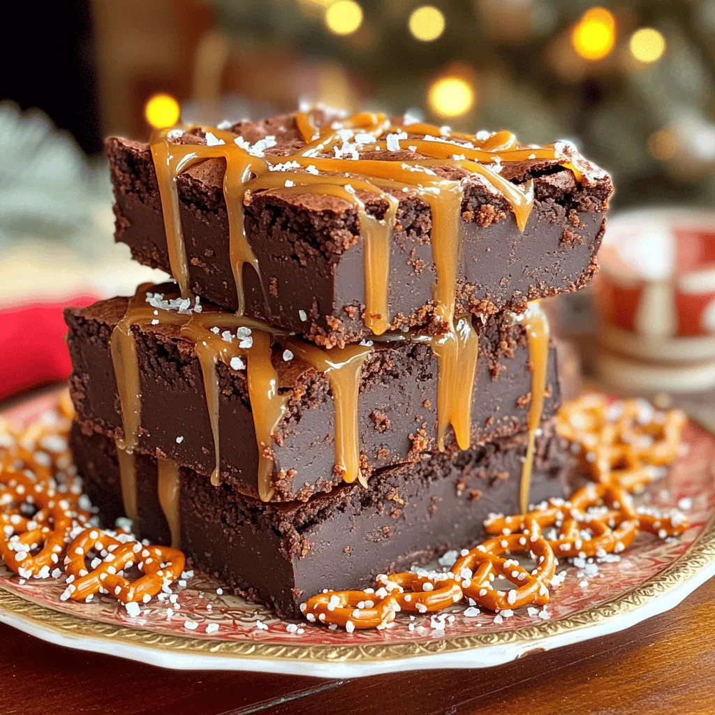 - 1 cup unsalted butter - 2 cups granulated sugar - 1 teaspoon vanilla extract - 4 large eggs - 1 cup all-purpose flour - 1 cup unsweetened cocoa powder - 1 teaspoon baking powder - ½ teaspoon salt - 1 cup chocolate chips - 1 cup crushed pretzels - 1 cup store-bought salted caramel sauce These ingredients make up the heart of the salted caramel pretzel brownies. Each one plays a key role in creating a rich, sweet, and salty treat. - Vegan options: Swap the eggs for 1 cup of unsweetened applesauce. Use vegan butter instead of unsalted butter. - Gluten-free alternatives: Use a gluten-free flour blend in place of all-purpose flour. - Sugar substitutes: For a lower-sugar option, try using coconut sugar or a sugar-free sweetener. These substitutions ensure that everyone can enjoy these delicious brownies, regardless of dietary needs. 1. First, heat your oven to 350°F (175°C). This ensures the brownies bake evenly. 2. Grease a 9x13-inch baking pan. Lining it with parchment paper helps with easy removal. 3. In a large mixing bowl, combine one cup of melted unsalted butter and two cups of granulated sugar. Whisk until smooth. 4. Next, add one teaspoon of vanilla extract. Then, add four large eggs one at a time. Mix until they are fully blended. 1. In another bowl, sift one cup of all-purpose flour, one cup of unsweetened cocoa powder, one teaspoon of baking powder, and half a teaspoon of salt. 2. Slowly mix these dry ingredients into the wet mixture. It is key to not overmix. This keeps the brownies soft and chewy. 1. Pour half of the brownie batter into the pan, spreading it out evenly. 2. Drizzle half of your one cup of salted caramel sauce over the batter. 3. Carefully add the rest of the batter on top. Use a knife to swirl it for a marbled look. 4. Top with the remaining caramel sauce and sprinkle with crushed pretzels for added crunch. 5. Bake for 30-35 minutes. To check if they are done, use a toothpick. It should have a few moist crumbs. 6. Once baked, let the brownies cool for at least 15 minutes in the pan. Then, lift them out using the parchment paper. Allow them to cool fully on a wire rack before cutting into squares. To make sure your brownies stay moist, follow these tips: - Do not overbake: Check them a few minutes early. Use a toothpick. It should come out with a few moist crumbs. - Use room temperature eggs: Cold eggs can affect the mix. They do not blend well and may lead to dry brownies. To make your brownies even tastier, consider these ideas: - Add sea salt on top: This simple step brings out the sweet notes of the caramel. Just sprinkle a bit before serving. - Use high-quality cocoa powder: This can elevate the chocolate flavor. Good cocoa makes a big difference in taste. If your brownies don't turn out as expected, here’s how to fix it: - If brownies are too crumbly: Add a little melted butter or an extra egg. This can help bind them together. - If brownies are too gooey: Bake them a bit longer. Keep an eye on them so they don’t dry out. {{image_2}} You can make these brownies even better by adding different flavors. Try adding nuts like walnuts or pecans for a nice crunch. You can also mix in some toffee bits for extra sweetness. If you want a twist, swap in different caramel sauces. You might like a rich chocolate caramel or a vanilla caramel drizzle. Each choice brings a new taste to your brownies. Pair your salted caramel pretzel brownies with ice cream for a great treat. Vanilla ice cream works well, but salted caramel ice cream is even better. The creamy texture and flavor will balance the brownies. For drinks, consider a cold glass of milk or a warm cup of coffee. Both enhance the rich flavors and make each bite even more enjoyable. You can also change your brownies to match the season. For the fall, add pumpkin spice to the batter or mix in some dried cranberries. In winter, sprinkle in some peppermint bits or use a peppermint caramel sauce for a festive twist. Spring is perfect for adding fresh berries, like chopped strawberries or raspberries, giving your brownies a fruity lift. Summer might call for a light lemon drizzle on top for a refreshing touch. To keep your salted caramel pretzel brownies fresh, store them at room temperature. Use an airtight container to stop moisture loss. If you live in a warm area, refrigerate them. Just note, refrigeration can make brownies a bit firmer. To avoid this, let them sit out for a few minutes before eating. If you want to freeze brownies, first let them cool completely. Wrap each brownie in plastic wrap. Then place them in a freezer bag. This helps keep them fresh for up to three months. When you're ready to enjoy, take them out and thaw in the fridge overnight. You can also warm them in the microwave for a few seconds. These brownies last about a week at room temperature. If stored in the fridge, they can last up to two weeks. Watch for signs of spoilage like a hard texture or off smell. If they start to look dry or crumbly, it’s time to toss them. Enjoy your treats while they’re still tasty! To know when the brownies are done, use the toothpick test. Insert a toothpick into the center of the brownies. If it comes out with a few moist crumbs, they are ready. If it comes out wet with batter, they need more time. Bake for about 30-35 minutes. Remember that they will continue to cook slightly as they cool. Yes, you can make these brownies ahead of time! Prepare the batter and bake the brownies. Let them cool completely. Then, store them in an airtight container. They will stay fresh for about 3 days at room temperature. You can also freeze them for up to 3 months. Just wrap them well to prevent freezer burn. If you want to skip store-bought caramel sauce, you can make your own. To create homemade caramel, melt 1 cup of sugar in a pan on medium heat. Stir until it melts and turns a golden color. Then, add 6 tablespoons of butter and 1/2 cup of heavy cream. Stir until smooth. Let it cool before using it in your brownies. This gives you a rich, fresh flavor! You now have all you need to bake the perfect brownies. We covered the key ingredients, substitutions, and step-by-step instructions. Remember, choosing the right cocoa and the right baking time is vital. Use the tips and tricks for the best texture and flavor. Feel free to get creative with variations and pairings. Keep storage in mind to enjoy them longer. Trust your instincts and enjoy each bite. Happy baking!