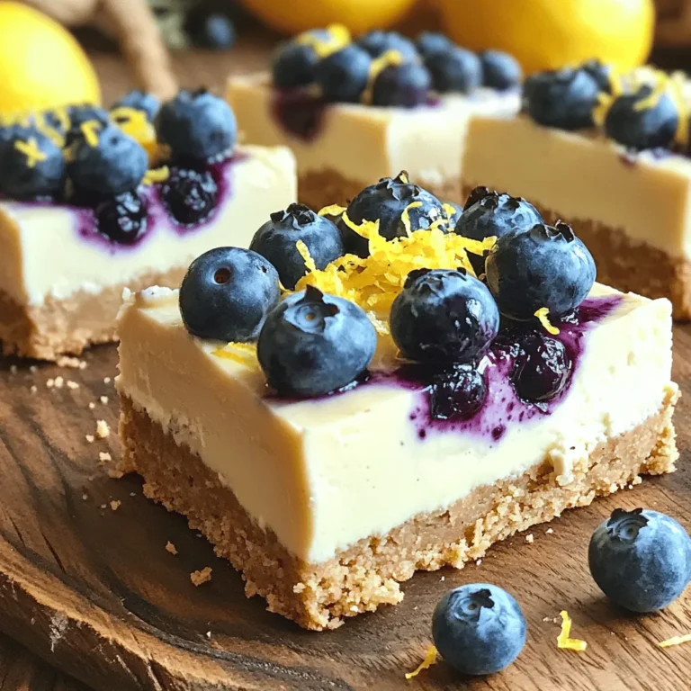 - 1 cup raw cashews, soaked for at least 4 hours - 1/4 cup coconut cream - 1/4 cup maple syrup - 1/4 cup fresh lemon juice - Zest of 1 lemon - 1 teaspoon vanilla extract - 1 cup blueberries (fresh or frozen) - 1 cup almond flour - 1/4 cup rolled oats - 3 tablespoons coconut oil, melted - 2 tablespoons maple syrup (for the crust) - A pinch of salt Choosing the right ingredients makes a big difference. Use raw cashews for a smooth texture. Soaking them softens the nuts, making blending easy. Coconut cream adds richness. Look for high-quality cream for the best taste. Fresh lemons give bright flavor. Zest enhances the lemony aroma. For blueberries, fresh is best, but frozen works too. Just mix them in gently to keep their shape. If you're allergic to nuts, try sunflower seeds instead of cashews. Blend them well for a creamy texture. Use coconut yogurt instead of coconut cream for a similar taste. For gluten-free options, almond flour and oats are great. If you need a sweetener swap, agave syrup can replace maple syrup. Always check labels to ensure they fit your dietary needs. To start, grab a mixing bowl. Combine one cup of almond flour, a quarter cup of rolled oats, three tablespoons of melted coconut oil, two tablespoons of maple syrup, and a pinch of salt. Mix until it looks crumbly. Next, line an 8x8 inch baking pan with parchment paper. Pour the crust mixture into the pan and press it down evenly with your fingers. This helps to form a solid base. Place the pan in the refrigerator while you prepare the filling. Now, it’s time for the filling. Take your soaked cashews and place them in a high-speed blender. Add a quarter cup of coconut cream, a quarter cup of maple syrup, fresh lemon juice, lemon zest, and one teaspoon of vanilla extract. Blend until it becomes smooth and creamy. This mix should be thick and rich. Gently fold in one cup of blueberries. If you use frozen blueberries, work quickly to keep them from thawing too much. Remove the crust from the refrigerator. Pour the blueberry cheesecake filling over the crust. Spread it evenly using a spatula. Once you have it layered nicely, cover the pan with foil or parchment. Place it in the freezer for about two to four hours until the bars are set. After they chill, use the parchment paper to lift the bars out of the pan. Slice them into squares. Serve them cold, and add extra blueberries and lemon zest on top for a fun touch. To get a creamy texture, soak the cashews for at least four hours. This softens them, allowing for a smooth blend. Use a high-speed blender for the best results. Blend until you see no lumps. You want the mixture to be velvety and light. Press the crust firmly into the pan. This keeps it from crumbling later. When you add the filling, spread it evenly. Use a spatula to ensure it covers the crust fully. If you want more blueberries, fold them in gently. This keeps them intact for a lovely look. When serving, cut the bars into squares for easy sharing. Garnish with fresh blueberries and a sprinkle of lemon zest. For a touch of elegance, drizzle some coconut cream on top. Arrange the bars on a pretty platter to impress your guests. This adds to the visual appeal and makes them extra inviting! {{image_2}} You can change the flavors for a fresh twist. Try using strawberries instead of blueberries. You can also add a splash of orange juice for a citrus kick. Mix in some raspberries for a tart taste. If you love chocolate, add cocoa powder to the filling. It can give a rich flavor that pairs well with lemon. You can also try vanilla bean for a deeper sweet note. This recipe is already gluten-free, but you can enhance it. Use certified gluten-free oats if you need to. They ensure no cross-contamination with gluten. You can also use other nut flours like hazelnut or coconut flour for the crust. They offer unique tastes and textures while keeping it gluten-free. Toppings make your cheesecake bars even more special. Fresh fruit is a great choice. Think blueberries, raspberries, or even slices of lemon. You can also drizzle some coconut cream on top for richness. A sprinkle of crushed nuts adds a nice crunch. For a fun twist, try a layer of vegan chocolate sauce. It adds sweetness and pairs well with the tartness of lemon. To keep your vegan blueberry lemon cheesecake bars fresh, store them in the fridge. Use an airtight container to prevent them from drying out. Make sure the bars are completely cooled before covering. This way, they stay delicious and creamy for you to enjoy later. If you want to save some bars for later, freezing is a great option. First, cut the cheesecake into squares. Wrap each piece in plastic wrap. Then, place them in a freezer-safe bag or container. Make sure to remove as much air as possible. They can last up to three months in the freezer. In the fridge, these cheesecake bars should last about five days. If you freeze them, remember to thaw them in the fridge overnight before serving. This helps them regain their lovely texture. Always check for any changes in taste or smell before enjoying. Yes, you can make this recipe nut-free. Simply replace the cashews with silken tofu. This will give you a creamy texture without nuts. For the crust, use sunflower seed flour instead of almond flour. The taste will differ slightly, but it will still be delicious. The cheesecake bars should chill for about 2 to 4 hours. This time allows them to set properly. For best results, freeze them for a firmer texture. If you prefer a softer bite, refrigerate them instead. To thaw frozen cheesecake bars, transfer them to the fridge. Let them thaw slowly overnight for the best texture. If you're in a hurry, you can leave them at room temperature for 30 to 60 minutes. Just be careful not to let them sit out too long. Absolutely! You can use other fruits like raspberries, strawberries, or blackberries. Each fruit will give a unique flavor to the bars. Just remember to adjust the sweetness based on the fruit's natural sugars. To adjust the sweetness, add more or less maple syrup. Taste the filling as you blend it. If you want it sweeter, add a little more syrup. If it's too sweet, add a splash of lemon juice to balance the flavor. This blog post covers all the steps to make creamy cheesecake bars. We explored ingredient choices, substitutes for allergens, and easy step-by-step instructions. You learned tips for perfect texture and stylish serving ideas. We also shared flavor variations and storage tips to keep your bars fresh. In summary, making cheesecake bars is simple and fun. With the right ingredients and techniques, you can enjoy delicious treats any time. Get creative and make these bars your own!