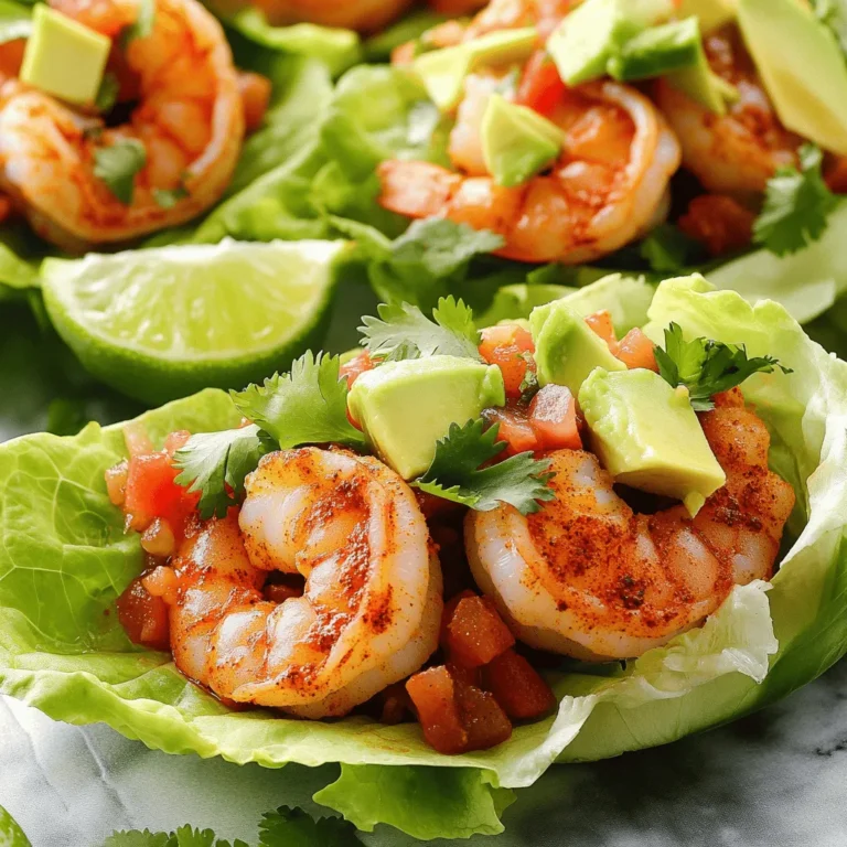 - 1 lb large shrimp, peeled and deveined - 1 tablespoon olive oil - 1 teaspoon smoked paprika - 1 teaspoon cumin - 1 teaspoon chili powder - 1/2 teaspoon cayenne pepper (adjust for spice preference) - Salt and pepper to taste - 1 tablespoon lime juice - 1 head of romaine lettuce, leaves separated - 1 ripe avocado, sliced - 1/2 cup pico de gallo (or diced tomatoes with onion and cilantro) To create delicious spicy shrimp taco lettuce wraps, we start with fresh, high-quality ingredients. Choose large shrimp for a nice bite. Make sure they are peeled and deveined for easy eating. Olive oil adds richness, while the spice mix gives flavor and heat. Spice Mix: - Smoked paprika gives a deep, smoky taste. - Cumin adds warmth and earthiness. - Chili powder brings a robust flavor. - Cayenne pepper adds a kick; you can adjust this for your taste. Romaine lettuce is perfect for wraps. It holds the filling well and adds a crispy texture. Fresh toppings like avocado and pico de gallo complete the dish with creaminess and zest. - Fresh cilantro - Lime wedges Add fresh cilantro on top for a burst of freshness. Lime wedges give a tangy finish that brightens the flavors. - Serve with a side of Mexican rice. - Try tortilla chips with salsa for crunch. - A simple corn salad pairs nicely too. These sides enhance the meal and make it more satisfying. Enjoying these wraps with crispy sides makes it all the more fun! Start by marinating the shrimp. In a bowl, mix the shrimp with olive oil, smoked paprika, cumin, chili powder, cayenne pepper, salt, pepper, and lime juice. Make sure every shrimp gets a nice coat of spices. Let it sit for about ten minutes. This gives the shrimp time to absorb all the flavors. Next, heat a non-stick skillet over medium-high heat. Once hot, add the shrimp in a single layer to the skillet. Cook them for about 2-3 minutes on one side. You want them to turn pink and get a bit charred. Then, flip the shrimp and cook for another 2-3 minutes until fully cooked. Remove them from the heat and set aside. Now for the fun part! Take a romaine lettuce leaf and fill it with a few spicy shrimp. Add a slice of avocado and a spoonful of pico de gallo. Repeat this for the remaining leaves. Garnish with fresh cilantro and serve with lime wedges. Enjoy your fresh and flavorful spicy shrimp taco lettuce wraps! To change the heat of the shrimp, you can modify cayenne pepper. For less spice, cut the amount in half. If you love heat, add more cayenne or a dash of hot sauce. Remember, everyone’s taste is unique. Always start with less spice and add more if you like. Romaine lettuce works great for these wraps. Its leaves are sturdy and hold the filling well. You can also try butter lettuce for a softer bite. If you want a fun twist, use iceberg lettuce for extra crunch. Just make sure the leaves are big enough to wrap. To get the best flavor, cook shrimp on medium-high heat. This gives the shrimp a nice char and keeps them juicy. Don’t overcrowd the pan; cook in batches if needed. Keep an eye on the shrimp. They cook fast, usually in about 5-6 minutes total. Use a non-stick skillet to avoid sticking. For a smoky flavor, consider adding a splash of lime juice while cooking. {{image_2}} You can easily swap shrimp for other proteins. Chicken works well and cooks quickly. Just marinate it with the same spices. Tofu is great for a plant-based option. Use firm tofu for the best texture. Cut it into cubes and cook until golden. To make a veggie-friendly wrap, use black beans or chickpeas. Both add protein and flavor. Sauté them with the spices to infuse taste. You can also fill wraps with grilled vegetables like zucchini or bell peppers. This adds color and crunch to your dish. Enhance your wraps with different sauces. A creamy avocado sauce adds richness. Try a chipotle mayo for a spicy kick. You can also top your wraps with fresh salsa or a drizzle of hot sauce. Don't forget to add a squeeze of lime for brightness! To keep your shrimp and toppings fresh, store them in airtight containers. Place the cooked shrimp in one container. For toppings like avocado and pico de gallo, use separate containers. You can sprinkle lime juice on the avocado to prevent browning. Store everything in the fridge and aim to eat leftovers within two days for the best taste. When reheating shrimp, do it gently. Use a skillet over low heat to warm them. Stir occasionally to avoid drying them out. You can add a splash of water or a little olive oil to keep them moist. Heat for just a few minutes until warm. This method keeps the shrimp flavorful and tender. For busy weeknights, prep your ingredients ahead. You can marinate the shrimp the night before and keep it in the fridge. Chop your toppings and store them in separate containers. On the night you plan to eat, just cook the shrimp and assemble your lettuce wraps. This saves time and keeps your meal fresh and tasty. To reduce the heat in this recipe, you can adjust the cayenne pepper. Use less or skip it entirely. You can also add more lime juice. Lime helps balance the spice. Another great trick is to add creamy ingredients, like sour cream or yogurt, which can cool down the dish. Yes, you can use frozen shrimp! Just thaw them before cooking. Place shrimp in cold water for about 15-20 minutes. This helps them thaw quickly. Make sure to dry the shrimp well before cooking. This keeps the spices from getting too watery. If you want to skip the shrimp, there are many options! You can use grilled chicken or tofu for protein. For a vegetarian twist, try black beans or lentils. These alternatives will still taste great with spices. You can also add more veggies, like bell peppers or zucchini, for a fresh crunch. In this blog post, we explored making delicious shrimp lettuce wraps. We covered the main ingredients, cooking steps, and tips for spice levels and texture. You can easily customize your wraps with protein swaps and fresh toppings. Ensure you store leftovers properly and follow reheating tips for great taste. Overall, this recipe is flexible and fun, perfect for busy weeknights or gatherings. Enjoy crafting your tasty wraps!