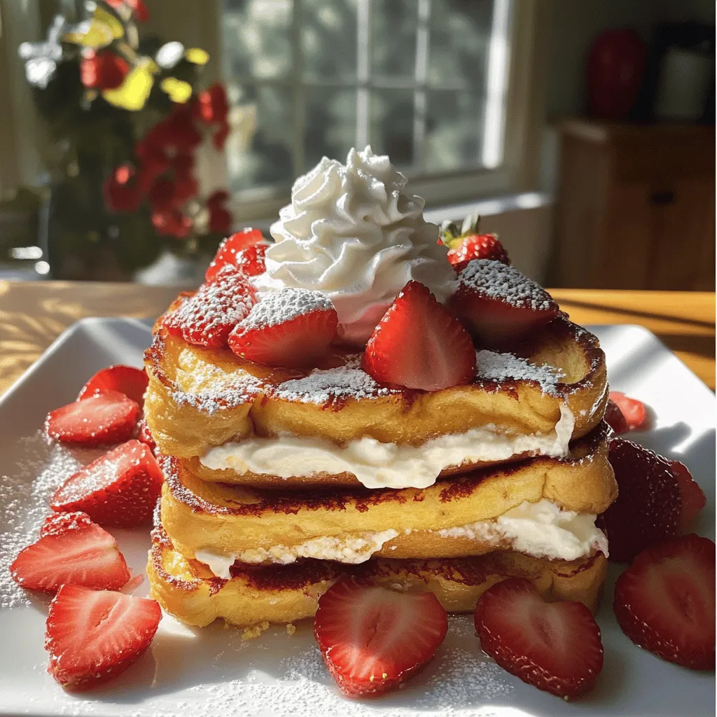 - 1 loaf of brioche bread, sliced - 8 oz cream cheese, softened - 1 cup mascarpone cheese - 1/2 cup powdered sugar - 2 cups fresh strawberries, hulled and sliced - 4 large eggs - 1 cup whole milk - 1 teaspoon vanilla extract - 1 teaspoon cinnamon - 1 tablespoon lemon zest - 1/2 teaspoon salt - Butter (for greasing the baking dish) - Optional: Whipped cream and additional strawberries for topping The key ingredients all play a big role in flavor. Brioche bread adds a rich taste. Cream cheese and mascarpone give the dish its cheesecake essence. Fresh strawberries are crucial. Their natural sweetness brings joy to every bite. You can swap some ingredients if needed. Use any soft cheese instead of mascarpone. You can also try different bread types, like challah. But remember, brioche gives the best texture. Using fresh strawberries is key. They provide vibrant flavor and color. Frozen strawberries won't taste the same. Fresh berries are juicy, sweet, and bright. They elevate this dish from good to great. To start, take a medium bowl. Add the softened cream cheese, mascarpone cheese, and powdered sugar. Beat them together until they are smooth and creamy. Use a hand mixer for best results. If you do not have a mixer, use a strong spatula. Keep mixing until there are no lumps. This smooth texture is key for a rich taste. If you find it hard to mix, let the cream cheese sit out longer to soften. Next, greasing a 9x13 inch baking dish with butter is important. This helps the French toast not stick. Layer half of the brioche slices on the bottom of the dish. Then, spread half of your cream cheese mixture on top of the brioche. After that, layer half of the sliced strawberries over the cream cheese. Repeat this step with the rest of the brioche, cream cheese, and strawberries. Each layer makes the dish rich and tasty. Now, let’s soak the bread. In a separate bowl, whisk together the eggs, whole milk, vanilla extract, cinnamon, lemon zest, and salt. Mix until well combined. Pour this egg mixture evenly over all the layers. Make sure every piece of bread is soaked. This step is crucial for a soft texture. When you are ready to bake, first preheat your oven to 350°F (175°C). Remove any plastic wrap from the dish. Bake the French toast for 35 to 40 minutes. You want it to be golden brown on top and set in the center. Keep an eye on it to avoid burning. The smell will fill your kitchen and make you excited. Let it cool slightly before serving. Then, cut it into squares and enjoy! To make Strawberry Cheesecake Overnight French Toast properly, you need to prepare ahead. Start by assembling the dish the night before. This dish tastes best when it sits in the fridge overnight. This allows the bread to soak in the egg mixture. It helps the flavors meld together. For optimal flavor, ensure the bread is well-soaked. Pour the egg mixture evenly over all the layers. Use a spatula to press down the bread gently. This helps the bread absorb the mixture fully. If the bread isn’t soaked enough, it may turn out dry. When serving, add toppings for extra flair. Whipped cream is a classic choice. It adds a light, creamy touch. Fresh strawberries on top make it look even better. You can also sprinkle some powdered sugar for sweetness. For drinks, consider pairing it with coffee or tea. A glass of fresh juice can also be refreshing. Choose drinks that complement the fruity and creamy flavors. One common mistake is over-soaking the bread. If you soak too long, the bread can become mushy. Under-soaking is just as bad. It can lead to dry spots in your dish. Aim for a balance to achieve a perfect texture. Using the right type of bread is key for the best results. Brioche is soft and sweet, making it ideal. Avoid using bread that is too dense or dry. It won't soak up the flavors well, and your dish won't taste as good. {{image_2}} You can change this dish in many fun ways. Try adding different fruits like blueberries or raspberries. These fruits will add new flavors and colors. You can also mix in chocolate chips for a sweet twist. Spices like nutmeg or ginger can give a warm touch. These small changes can make your French toast special and fun. If you want a lighter dish, swap cream cheese and mascarpone with lower-calorie options. You can use Greek yogurt instead of cream cheese. For mascarpone, try using cottage cheese for a creamier texture. Choosing whole grain or gluten-free bread can make this dish healthier. Whole grain adds fiber, while gluten-free options make it safe for those with gluten issues. You can adapt this recipe for each season. In the fall, use pumpkin puree instead of cream cheese for a cozy flavor. In summer, add peaches or cherries for a fresh taste. Using seasonal fruits not only keeps the dish exciting but also supports local farms. Each season brings new flavors to explore in your French toast. After enjoying your Strawberry Cheesecake Overnight French Toast, you might have some left. To keep it fresh, store it in an airtight container. Place it in the fridge within two hours of baking. The dish stays good for up to three days. When reheating, use the oven for best results. Heat it at 350°F (175°C) for about 10-15 minutes. This warms it through and keeps it soft. You can freeze the French toast if you have more leftovers. First, let it cool completely. Cut it into squares and wrap each piece tightly in plastic wrap. Then, place them in a freezer-safe bag or container. This way, you can enjoy it later without losing its taste. To thaw, move a piece to the fridge overnight. Reheat it in the oven as described above. This keeps the texture and flavor just right. Yes, you can make it the same day. However, overnight refrigeration gives the bread time to soak. This soaking adds flavor and makes the dish soft and creamy. If you are short on time, you can skip the overnight step. Just let it sit for about 30 minutes before baking to absorb some liquid. Yes, you can substitute some ingredients. Here are a few common swaps: - Use Greek yogurt instead of mascarpone for a lighter option. - Swap brioche for challah or any soft bread. - Maple syrup can replace powdered sugar for sweetness. These changes can affect the taste and texture, but they will still create a tasty dish. To make this dish gluten-free, use gluten-free bread. Look for brands that mimic the texture of brioche. You may need to toast the bread lightly before using it. This helps it hold up better when soaked. You can also add a bit more cream cheese or mascarpone to keep the dish rich and creamy. This blog post covered how to make Strawberry Cheesecake Overnight French Toast. You learned about key ingredients, preparation steps, baking tips, and serving ideas. Remember that using fresh strawberries is vital for great flavor. Whether you want to try different fruits or make a healthier version, this dish is flexible. Follow the tips to avoid common mistakes and enjoy leftovers later. With these insights, you can create a delicious breakfast that impresses family and friends.