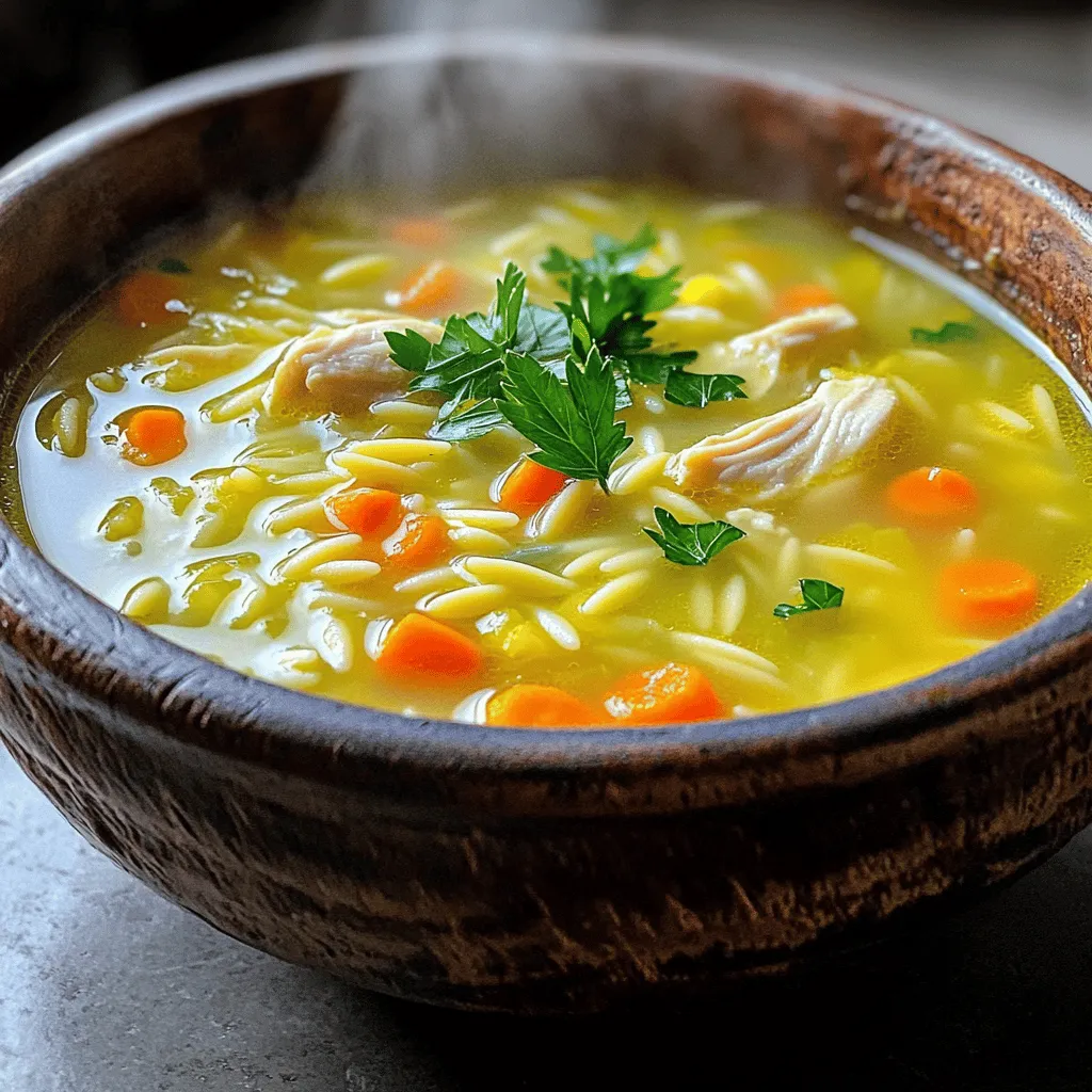- 1 lb chicken breast, diced - 6 cups homemade or low-sodium chicken broth - 1 medium onion, finely chopped - 2 garlic cloves, minced - 2 large carrots, diced - 2 celery stalks, diced - 1 cup orzo pasta - 3 large eggs - ½ cup fresh lemon juice (about 2-3 lemons) - Zest of 1 lemon - 1 teaspoon dried oregano - Salt and pepper to taste - Fresh parsley, chopped, for garnish Each ingredient plays a role in making the soup bright and tasty. The chicken gives a nice protein base. The broth adds depth and warmth. The onions, garlic, carrots, and celery bring both flavor and color. Orzo pasta makes it hearty. You can change some of the ingredients if needed. Use vegetable broth instead of chicken broth for a vegetarian version. If you don't have orzo, try small pasta shapes like ditalini or macaroni. You can swap fresh lemon juice for bottled juice in a pinch. Using fresh ingredients makes a big difference. Fresh chicken tastes better and is healthier. Fresh parsley adds color and a pop of flavor. Fresh lemons give a bright and zesty taste. I always recommend using fresh when possible. It elevates your dish and makes it more enjoyable. Start by gathering all your ingredients. This makes cooking smooth and easy. Dice 1 pound of chicken breast into bite-sized pieces. Chop one medium onion finely. Mince two garlic cloves. Dice two large carrots and two celery stalks. Measure 1 cup of orzo pasta. Juice about two to three lemons for ½ cup of fresh lemon juice. Also, zest one lemon for added flavor. In a large pot, heat a drizzle of olive oil over medium heat. Add the chopped onion and cook until it turns soft and clear. This takes about 5 minutes. Next, stir in the minced garlic, diced carrots, and celery. Cook for 3 to 4 minutes until they soften. Add your diced chicken to the pot. Cook until the chicken turns white, about 5 to 7 minutes. Now, pour in 6 cups of chicken broth. Bring the mixture to a gentle simmer. Once it simmers, stir in the orzo pasta and 1 teaspoon of dried oregano. Cook until the orzo is tender, about 8 to 10 minutes. In a separate bowl, whisk together 3 large eggs, the fresh lemon juice, and lemon zest. This mixture adds creaminess to the soup. To temper the eggs, slowly add a ladle of the hot broth while whisking. This keeps the eggs from cooking too fast. Once tempered, slowly pour the egg mixture back into the pot while stirring. Season the soup with salt and pepper to taste. Allow the soup to heat gently for another 2 to 3 minutes. Do not let it boil, as this can curdle the eggs. Serve the soup hot, garnished with fresh chopped parsley. Enjoy the bright and zesty flavors of this Greek lemon chicken soup! To boost the flavor of your Greek lemon chicken soup, try a few simple tricks. First, use homemade chicken broth if you can. It adds a rich taste. If you’re short on time, low-sodium broth works too. Next, add a pinch of salt while cooking. It helps enhance the dish's natural flavors. Fresh herbs like dill or thyme can also add a nice touch. Consider adding them right before serving for a bright taste. Many people rush the cooking process. Don’t skip sautéing the onions and garlic. This step builds the soup's base flavor. Another mistake is adding the eggs too quickly. Always temper the egg mixture by adding hot broth slowly. This keeps the eggs from curdling and gives you a smooth soup. Lastly, avoid boiling the soup after adding the eggs. This can cause the soup to separate and lose its creamy texture. You can prepare parts of this soup ahead of time. Chop the veggies and store them in the fridge for up to two days. Cook the chicken and broth in advance as well. When you’re ready to eat, just combine everything in one pot. If you want to make the soup the night before, wait to add the eggs until you reheat it. This keeps the soup fresh and creamy. Enjoy your Greek lemon chicken soup any day with these tips! {{image_2}} You can easily make a vegetarian version of Greek lemon chicken soup. Instead of chicken, use diced tofu or chickpeas for protein. Use vegetable broth instead of chicken broth. Keep the garlic, onions, and veggies for flavor. Add lemon juice and zest just like in the original recipe. This will keep the soup bright and zesty. You can also add spinach or kale for extra nutrients. To make your soup even tastier, consider adding some fun extras. You can throw in chopped spinach or kale for extra greens. Add some diced potatoes for a heartier meal. You might also add peas or corn for a pop of color and sweetness. If you want a spicy kick, try adding a pinch of red pepper flakes. These tweaks will make your soup unique and delicious. If you have dietary restrictions, you can still enjoy this soup. For gluten-free options, swap out orzo pasta with rice or quinoa. Always check the broth for gluten-free labels. If you need to avoid eggs, skip the egg mixture and just use lemon juice for tang. This will still give you a nice flavor. No matter your needs, you can adapt this soup to fit your diet. After enjoying your Greek lemon chicken soup, let it cool. Use an airtight container to keep leftovers. Store it in the fridge for up to three days. This keeps the soup fresh and tasty. Make sure to label the container with the date. You can freeze the soup for later meals. First, let it cool completely. Pour it into freezer-safe containers, leaving space for expansion. The soup can freeze well for up to three months. When you're ready to enjoy it, just thaw in the fridge overnight. Reheat the soup over low heat on the stove. Stir occasionally to warm it evenly. You can also use a microwave. Pour the soup into a microwave-safe bowl. Heat it in short bursts, stirring in between. Make sure it’s hot throughout before serving. Enjoy the good flavors! You can serve Greek Lemon Chicken Soup with crusty bread. A side salad works well too. Try a Greek salad with feta and olives for a fresh taste. You might also enjoy it with some lemon wedges for extra zing. This soup pairs nicely with a glass of white wine, like a crisp Sauvignon Blanc. Yes, you can make this soup ahead of time. Cook it and let it cool. Store it in an airtight container in the fridge for up to three days. When you're ready to eat, reheat it gently on the stove. Just remember, the orzo may soak up some broth. You might need to add more broth when reheating. Absolutely! Using rotisserie chicken saves time. Just shred the chicken and add it to the soup. This is a great shortcut if you're in a hurry. It adds flavor and makes the soup even easier to prepare. Just be sure to adjust the cooking time, since the chicken is already cooked. You learned about the key ingredients for Greek lemon chicken soup and how to use them. I shared tips for enhancing flavor and avoiding common errors. I also covered variations for different diets and how to store leftovers. As you prepare this dish, focus on using fresh ingredients for the best taste. Enjoy your cooking adventure and share it with others!