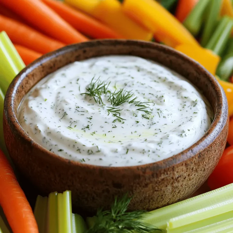 When I make Greek yogurt garlic ranch dip, I focus on fresh, simple ingredients. Each one adds flavor and creaminess. Here’s what you need: - 1 cup Greek yogurt - 2 cloves garlic, minced - 1 teaspoon dried dill - 1 teaspoon dried parsley - 1 teaspoon onion powder - ½ teaspoon salt - ½ teaspoon black pepper - 1 tablespoon lemon juice - 1-2 tablespoons milk (to desired consistency) Greek yogurt is the base of this dip. It gives a creamy texture and tangy taste. Minced garlic brings a punch of flavor. Dried dill and parsley add freshness without the fuss of fresh herbs. Seasonings like onion powder, salt, and black pepper round out the taste. Lemon juice adds brightness, cutting through the richness. If you want a thinner dip, milk helps adjust the texture. Feel free to serve this dip with fresh veggies like carrots, celery, or bell peppers. Each bite is a crunchy delight! 1. Mixing ingredients Start by grabbing a big mixing bowl. Add 1 cup of Greek yogurt. Next, toss in 2 minced cloves of garlic. Now, sprinkle in 1 teaspoon each of dried dill, dried parsley, and onion powder. Add ½ teaspoon of salt and black pepper. This mix gives the dip its great flavor. 2. Adjusting consistency Pour in 1 tablespoon of lemon juice. Stir everything well until it blends nicely. If you find the dip too thick, add 1-2 tablespoons of milk. Do this slowly. Keep stirring until it reaches the texture you like. 3. Chilling the dip Taste the dip and see if it needs more spice or lemon. Once you’re happy, put it in a serving bowl. Cover it up and place it in the fridge. Let it chill for at least 30 minutes. This helps all the flavors mix together. - Best veggies for dipping Serve this dip with fresh veggies. Carrots, celery, and bell peppers work best. They add crunch and taste with each bite. - Pairing options You can also use this dip with chips or crackers. It makes a great snack for parties and gatherings. Enjoy your dip with friends and family! You can save time by making this dip ahead of time. Prepare it up to a day in advance. This lets the flavors mix well. Store the dip in an air-tight container. It stays fresh in the fridge for about three days. If you have leftovers, keep them in the same container. Just make sure to seal it tightly. The dip will taste great for your next snack or meal. You can easily change the flavor of your dip. Start by customizing the herbs and spices. Try adding fresh herbs like chives or basil. They will give a nice twist. If you want more heat, add a pinch of cayenne pepper. You can also mix in hot sauce for extra spice. Taste as you go to find what you like best. Adjusting flavors makes it fun and personal. {{image_2}} You can switch the Greek yogurt for other types of yogurt. Plain yogurt works well too. If you want a creamier dip, try sour cream. For a tangy twist, use buttermilk. If you need a dairy-free option, use plant-based yogurt. Almond or coconut yogurt can be great choices. Just make sure to check the flavor. Some can be sweet, which might change the dip's taste. You can make this dip even more special by adding cheese or bacon. Crumbled feta or shredded cheddar gives it a rich taste. For bacon lovers, crisp bacon bits add a savory crunch. Fresh herbs can give your dip a bright flavor. Try adding chopped chives or basil. You can also mix in fresh dill for a garden-fresh taste. Just be sure to chop them finely. This will help distribute the flavors evenly in the dip. To keep your Greek yogurt garlic ranch dip fresh, use an airtight container. This helps seal in flavors and moisture. Store it in the fridge right after serving. It stays good for about 3 to 5 days. Always check for signs of spoilage, like a change in smell or texture. You can freeze the dip if you want to make it last longer. First, place it in a freezer-safe container. Leave some space at the top, as it may expand. The dip can be frozen for about 2 to 3 months. When you want to use it, move it to the fridge a day before. Let it thaw slowly for the best taste and texture. Stir it well before serving to restore its creaminess. How long does Greek yogurt garlic ranch dip last? This dip stays fresh for about 5 days in the fridge. Make sure to store it in a tight container. If it smells off or changes color, it’s time to toss it. Can I use fresh garlic instead of minced? Yes, you can use fresh garlic! Just crush it and chop it well. Fresh garlic gives a stronger flavor, so use a little less if you prefer a milder taste. What to serve with Greek yogurt garlic ranch dip? I love serving this dip with fresh veggies like carrots, celery, and bell peppers. You can also use crackers or pita bread for a crunchy bite. Nutritional advantages of Greek yogurt Greek yogurt is packed with protein, calcium, and probiotics. Protein helps you feel full longer. Probiotics support gut health, which is great for digestion. Lower calorie alternatives Using Greek yogurt instead of sour cream cuts calories and fat. This dip is creamy and tasty but lighter than traditional ranch. Enjoy it guilt-free! In this post, we explored how to make a tasty Greek yogurt garlic ranch dip. We covered the main ingredients, step-by-step instructions, and serving ideas. I shared tips on making it ahead and adjusting flavors. You also learned about variations and storage info to keep your dip fresh. This dip is not just easy; it’s healthy too. Customize it to fit your taste. Enjoy experimenting and sharing the dip with friends!