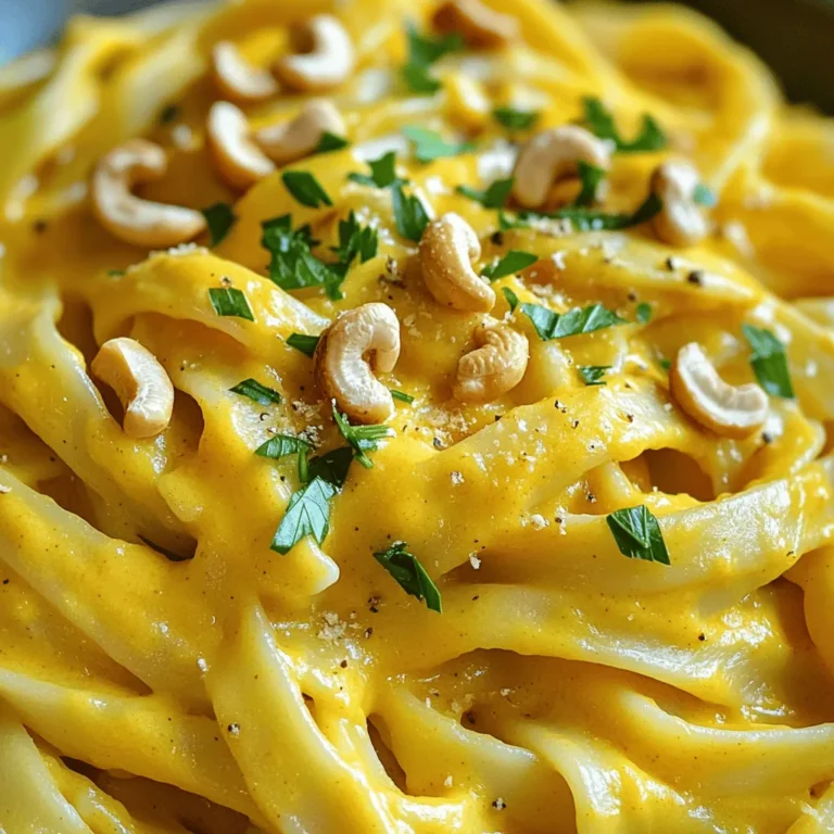 To make Vegan Pumpkin Alfredo, you need simple and tasty ingredients. Here’s what you will use: - 1 cup pumpkin puree (canned or homemade) - 1 cup cashews (soaked in water for 4 hours and drained) - 1 cup almond milk (or any plant-based milk) - 3 tablespoons nutritional yeast - 2 tablespoons olive oil - 2 cloves garlic, minced - 1 teaspoon onion powder - 1 teaspoon Italian seasoning - Salt and pepper to taste - 12 oz fettuccine or pasta of choice - Fresh parsley for garnish (optional) - Pumpkin Puree: This gives the dish its rich, creamy base. It adds flavor and nutrients. - Cashews: These make the sauce creamy and smooth. Soaking them is key for the best texture. - Almond Milk: This keeps the sauce light and dairy-free. You can use other plant milks too. - Nutritional Yeast: This adds a cheesy flavor without dairy. It also boosts nutrition. - Garlic: Fresh garlic gives the sauce a robust taste. - Seasonings: Onion powder and Italian seasoning add depth and warmth. - Salt and Pepper: These are vital for balancing and enhancing flavor. Feel free to explore these ingredients. You can mix and match based on your taste! To make Vegan Pumpkin Alfredo, start with the pasta. Boil a large pot of salted water. Once it boils, add 12 oz of fettuccine. Cook it according to the package instructions until it is al dente. This means the pasta should be firm when you bite it. Drain the pasta and set it aside. To ensure the perfect al dente texture, taste the pasta a minute before the time is up. This way, you catch it at the right moment. Next, let's make the sauce. In a high-speed blender, combine the following ingredients: - 1 cup pumpkin puree - 1 cup soaked cashews (soaked for 4 hours and drained) - 1 cup almond milk - 3 tablespoons nutritional yeast - 2 tablespoons olive oil - 2 cloves garlic, minced - 1 teaspoon onion powder - 1 teaspoon Italian seasoning - Salt and pepper to taste Blend these ingredients until the mix is smooth and creamy. If the sauce feels too thick, add more almond milk. Blend again until you reach the right consistency. Now it’s time to bring it all together. Pour the sauce into a medium-sized saucepan. Heat it over medium-low heat for about 5 to 7 minutes. Stir it occasionally to avoid sticking. After the sauce is warm, add your drained fettuccine to the saucepan. Toss the pasta in the sauce, making sure each piece is well-coated. Continue to cook for another 2 to 3 minutes until the pasta is heated through. Serve your Vegan Pumpkin Alfredo in bowls. If you want, you can garnish with fresh parsley for a nice touch. Enjoy your creamy and flavorful dish! To make a smooth sauce, I use soaked cashews. Soaking them for four hours makes them soft. This step helps create a creamy base without dairy. When you blend the soaked cashews, mix them with pumpkin puree and almond milk. A high-speed blender works best. If your sauce seems thick, add more almond milk. Blend until it’s silky and thick. To give your sauce more flavor, try adding spices. Garlic and onion powder are great choices. You can also use Italian seasoning for an extra pop. For a touch of brightness, fresh parsley works well as a garnish. A sprinkle of nutritional yeast adds a cheesy flavor too. Adjust these spices to fit your taste. {{image_2}} You can make this dish gluten-free by swapping out the fettuccine. Zucchini noodles are a great choice. They add a fresh taste and are low in carbs. You can also use gluten-free pasta. Many brands offer tasty options that cook well and match the sauce. To make your Vegan Pumpkin Alfredo heartier, add plant-based proteins. Tofu works well. You can cube and sauté it before adding to the pasta. Chickpeas are another good option. They add a nice texture and boost the protein content. Toss them in with the pasta for a filling meal. Seasonal veggies can enhance this dish. Try adding spinach or kale for a pop of green. Roasted Brussels sprouts add crunch and flavor. You can also mix in roasted butternut squash for extra sweetness. These veggies can make your meal more colorful and nutritious. To store leftover Vegan Pumpkin Alfredo, let it cool first. Place the pasta and sauce in an airtight container. You can keep it in the fridge for up to three days. When you're ready to eat, check for any off smells or changes in texture. If it looks and smells good, it’s safe to enjoy! For freezing, separate the sauce and pasta. This helps maintain the texture. Store the sauce in a freezer-safe container and freeze for up to three months. The pasta can also freeze, but it may lose some texture. To reheat, thaw the sauce overnight in the fridge. Warm it gently on the stove, stirring often. Cook the frozen pasta in boiling water for about two minutes. Then mix them together for a creamy dish again! Yes, you can use fresh pumpkin. To make fresh pumpkin puree, start by cutting a pumpkin in half. Remove the seeds and stringy bits. Roast the halves cut-side down on a baking sheet at 400°F (200°C) for 30-45 minutes. Once cool, scoop out the flesh and blend until smooth. This fresh puree has a bright flavor. It will work great in your Vegan Pumpkin Alfredo. This recipe uses cashews for creaminess. If you want a nut-free option, try using sunflower seeds instead. Soak them the same way as cashews. Blend them with the other ingredients. You can also use silken tofu for a creamy texture. Just blend it until smooth. To adjust the spice level, start with small amounts of spices. Add a pinch of red pepper flakes for heat. You can also add more garlic for a bolder flavor. If you want a milder dish, reduce the onion powder. Always taste as you go to find the right balance. Yes, you can make Vegan Pumpkin Alfredo ahead of time. Prepare the sauce and store it in the fridge for up to three days. Cook the pasta fresh when you're ready to eat. You can also freeze the sauce in an airtight container. Just thaw it overnight in the fridge before heating. This way, you will have a quick meal ready. This blog post covers how to make a creamy pumpkin Alfredo fettuccine. We explored the main ingredients, like pumpkin puree and cashews, and shared optional flavors. I provided a detailed guide on cooking pasta and making a smooth sauce, along with tips for mixing them well. We also discussed variations for dietary needs and how to store leftovers. In summary, this dish offers an easy way to enjoy fall flavors. With a few tweaks, you can make it your own. Enjoy cooking and experimenting with this recipe!