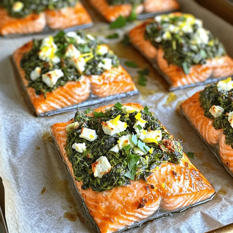 To make feta spinach stuffed salmon, gather these ingredients: - 4 salmon fillets (skin-on preferred) - 1 cup fresh spinach, chopped - ½ cup feta cheese, crumbled - 1 clove garlic, minced - 1 tablespoon olive oil - 1 teaspoon lemon zest - 1 tablespoon fresh lemon juice - Salt and pepper to taste - 1 teaspoon dried oregano - Fresh parsley, for garnish Use fresh ingredients for the best taste. The salmon should be bright in color, firm, and smell fresh. Spinach adds a nice green color and nutrients. Feta cheese gives a salty and creamy touch. Garlic is key for flavor. Olive oil keeps the dish moist. Fresh lemon juice and zest brighten the flavors. Salt, pepper, and oregano enhance the dish more. Finally, parsley adds a pop of color as a garnish. - Preheat your oven to 375°F (190°C). - In a skillet, add 1 tablespoon of olive oil and 1 clove of minced garlic. Sauté for about 1 minute. You want the garlic to smell great. - Add 1 cup of chopped spinach to the skillet. Cook until the spinach wilts, which takes about 2-3 minutes. Remove from heat and let it cool slightly. - In a bowl, combine the sautéed spinach with ½ cup of crumbled feta cheese, 1 teaspoon of lemon zest, 1 tablespoon of fresh lemon juice, 1 teaspoon of dried oregano, salt, and pepper. Mix it well. - Take 4 salmon fillets and pat them dry. Use a sharp knife to cut pockets into each fillet. Don’t cut all the way through. - Stuff each pocket with the spinach-feta mixture. Be generous with the filling! Place the stuffed fillets on a lined baking sheet. - Season the tops with a pinch of salt and pepper. Bake in the oven for 15-20 minutes. The salmon is done when it flakes easily with a fork. - Once baked, remove from the oven and let the salmon rest for a few minutes. Garnish with fresh parsley before serving. When selecting salmon, skin-on fillets add flavor and moisture. Skinless fillets may dry out faster. Always look for bright, moist, and firm fish. Fresh salmon should smell like the sea, not fishy. Ask your fishmonger about the catch date to ensure quality. Adjust the spinach-feta mix to your taste. If you like it saltier, add more feta. You can swap feta for cream cheese or ricotta for a different flavor. Fresh herbs like dill or basil also work well. Experiment with what you enjoy most! To check for doneness, use a fork to flake the salmon. It should come apart easily and look opaque. Avoid overcooked salmon; it becomes dry. If you're unsure, take it out of the oven a minute early. It will continue to cook slightly as it rests. {{image_2}} You can switch up the cheese in this recipe. Cream cheese or ricotta works great! They add a nice creaminess. You can also mix herbs into your cheese for more flavor. Try dill or basil for a fresh twist. Each cheese brings its own taste, so feel free to explore. You can add more greens to your filling. Kale or Swiss chard are excellent choices. They give a hearty texture and taste. You can also mix in other veggies. Chopped bell peppers or mushrooms can add more crunch and flavor. Get creative and make it your own! Baking gives a nice finish to the salmon. However, you can grill the stuffed salmon for a smoky taste. Just preheat your grill and cook for about 10-15 minutes. An air fryer is another option. Cook it at 375°F for about 10-12 minutes. Each method brings a unique flavor and texture. Enjoy experimenting! To keep your feta spinach stuffed salmon fresh, store it in the fridge. Use an airtight container to prevent odors. Cooked salmon lasts about 3 to 4 days in the fridge. Always check for any off smells or unusual colors before eating. To reheat the salmon, use the oven for best results. Preheat your oven to 350°F (175°C) and place the salmon on a baking dish. Cover it with foil to keep moisture. Heat for about 10-15 minutes or until warm. You can also use the microwave, but be careful. Heat it in short bursts to avoid drying out. For serving ideas, try adding a fresh salad or some rice on the side. You can freeze your stuffed salmon for later. It’s best to freeze before cooking for the best texture. Wrap each piece tightly in plastic wrap and then in foil. This helps avoid freezer burn. To thaw, move the salmon to the fridge for a night. This keeps it safe and tasty. Avoid thawing it at room temperature to prevent bacteria growth. You can serve many tasty sides with Feta Spinach Stuffed Salmon. Here are some great options: - Roasted vegetables: Carrots, broccoli, or asparagus add color and crunch. - Rice or quinoa: These grains soak up flavors and balance the meal. - Mixed greens salad: Fresh greens with a light dressing add a crisp touch. - Potatoes: Mashed or roasted potatoes work well for a hearty side. - Garlic bread: It’s a fun addition that complements the dish nicely. Mix and match these sides to create a balanced and delicious meal. Yes, you can prepare this dish ahead of time. Here’s how: - Stuff the salmon: Follow the recipe steps and stuff the salmon fillets. - Cover and chill: Wrap them in plastic wrap or place them in a covered dish. - Refrigerate: You can keep the stuffed salmon in the fridge for up to 24 hours. When ready to cook, just bake them as directed. This makes meal prep easy and quick. This recipe is quite healthy. Here’s why: - Salmon: It is rich in omega-3 fatty acids, which are good for your heart. - Spinach: This green is packed with vitamins and minerals, like iron and vitamin K. - Feta cheese: It adds flavor with less fat than some other cheeses. For a typical serving of this dish, you get about: - Calories: Around 350-400 calories. - Protein: 30-35 grams, thanks to the salmon and feta. This combination makes it a nutritious choice for any meal. This blog post showed you how to make Feta Spinach Stuffed Salmon. You learned about fresh ingredients, cooking steps, and tips for perfection. I shared ways to store leftovers and suggested side dishes. The dish is not only tasty but also healthy. With this guide, you can create a delightful meal that impresses everyone. Enjoy trying the recipe and making it your own!