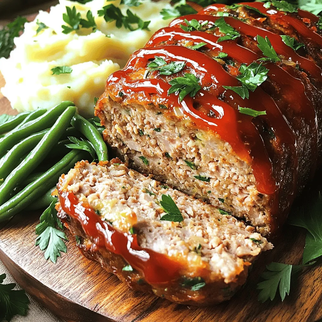 - 1 pound ground turkey - 1 cup breadcrumbs - 1/2 cup grated Parmesan cheese Ground turkey is lean and tender. It keeps the meatloaf light. Breadcrumbs add bulk and texture, helping the loaf hold together. Grated Parmesan cheese gives a nice flavor boost. - 2 teaspoons garlic powder - 1 teaspoon onion powder - 1/4 cup fresh parsley, chopped Garlic powder and onion powder bring out rich flavors. Fresh parsley adds a pop of color and freshness. Together, they create a savory mix that makes every bite tasty. - 1 large egg - 1/4 cup milk (dairy or non-dairy) - 1 tablespoon Worcestershire sauce The egg binds everything together, while milk adds moisture. Worcestershire sauce gives a deep, umami flavor. This mix makes your meatloaf juicy and flavorful. Each ingredient plays a role in making this dish simple yet tasty. Enjoy the process of mixing them together! - Preheat your oven to 350°F (175°C). Lightly grease a loaf pan. - In a large bowl, combine 1 pound of ground turkey, 1 cup of breadcrumbs, 1/2 cup of grated Parmesan cheese, and 1/4 cup of chopped fresh parsley. Add 2 teaspoons of garlic powder, 1 teaspoon of onion powder, 1 teaspoon of dried oregano, 1 teaspoon of dried thyme, and salt and pepper to taste. - In a separate bowl, whisk 1 large egg, 1/4 cup of milk, and 1 tablespoon of Worcestershire sauce. - Pour this wet mix into the turkey mixture. Gently mix all the ingredients together. Be careful not to overmix, or your meatloaf may turn out dense. - Shape the mixture into a loaf and transfer it to the prepared pan. - Spread 1/2 cup of ketchup over the top for a savory glaze. - Bake in the preheated oven for 45 to 55 minutes. Make sure the internal temperature reaches 165°F (74°C). - Let the meatloaf rest for 10 minutes before slicing. This helps it stay moist. To get the best texture, avoid overmixing. Overmixing makes the meatloaf dense, which you don’t want. Gently mix the ingredients until just combined. After baking, let the meatloaf rest for about 10 minutes. This allows the juices to settle. Resting helps keep each slice moist and tender. You can easily enhance the flavor. Experiment with fresh herbs like basil or thyme. Fresh herbs add bright notes that dried herbs can't match. You might also add diced vegetables, such as bell peppers or carrots. These add moisture and flavor while making the meatloaf more colorful. Pair your meatloaf with classic sides like mashed potatoes or green beans. These sides balance the dish and make it hearty. For a dinner party, slice the meatloaf and arrange it on a platter. Garnish with fresh herbs for a pop of color. This makes your meal look inviting and delicious. {{image_2}} You can easily swap ingredients in this recipe. If you want a different meat, use lean ground beef or chicken instead of turkey. Both add great flavor. Another easy swap is to use oats instead of breadcrumbs. Oats give a nice texture and are healthy. Want to spice things up? Add jalapeños for a kick. They bring heat and a fun twist. You can also mix in different types of cheese, like cheddar or mozzarella. Cheese adds richness and makes each bite more exciting. If you need gluten-free options, use gluten-free breadcrumbs. They work just as well without changing the taste. For a dairy-free version, choose non-dairy milk. Almond or oat milk are great choices. These swaps keep the meatloaf delicious for everyone. To keep your garlic herb turkey meatloaf fresh, store leftovers in the fridge. Place it in an airtight container. You can also wrap it tightly with plastic wrap or foil. This helps keep moisture in and prevents odors from other foods. Use the meatloaf within three to four days for the best taste. You can freeze turkey meatloaf for later use. Slice it into portions for easy meals. Wrap each slice in plastic wrap, then place it in a freezer bag. This method helps to keep it fresh. To thaw, place it in the fridge overnight. For quick meals, you can microwave the slices for a few minutes until heated through. When stored properly, turkey meatloaf can last in the fridge for about four days. In the freezer, it can stay good for up to three months. Check for signs that it has gone bad. If you see any discoloration or an off smell, it’s best to throw it away. Always prioritize safety when it comes to food storage. You can check if the turkey meatloaf is done by using a meat thermometer. Insert it into the center of the loaf. It should read 165°F (74°C). If you do not have a thermometer, cut into the meatloaf. The center should be firm and no pink should be visible. Yes, you can make this meatloaf ahead of time. Prepare it up to the baking step. Cover it with plastic wrap and place it in the fridge for up to 24 hours. When you are ready, just bake it as directed. You can use oats or crushed crackers as a substitute for breadcrumbs. If you need a gluten-free option, try gluten-free breadcrumbs or ground almond meal. Each option will still keep the meatloaf moist and tasty. To reheat leftover turkey meatloaf, preheat your oven to 350°F (175°C). Place slices in a baking dish. Cover with foil to keep it moist. Heat for about 15-20 minutes or until warmed through. You can also use a microwave for quicker results. Absolutely! You can mix in any fresh or dried herbs you like. Try basil, rosemary, or even cilantro. Each herb will give a unique flavor to your meatloaf. Just remember to adjust the amounts to your taste. We explored a tasty turkey meatloaf recipe. We covered the main ingredients like turkey, breadcrumbs, and Parmesan. We shared tips for mixing, baking, and serving this dish. You learned about ingredient swaps, flavor boosts, and storage methods. Incorporating your own twists will make this dish unique. Enjoy creating your meatloaf!