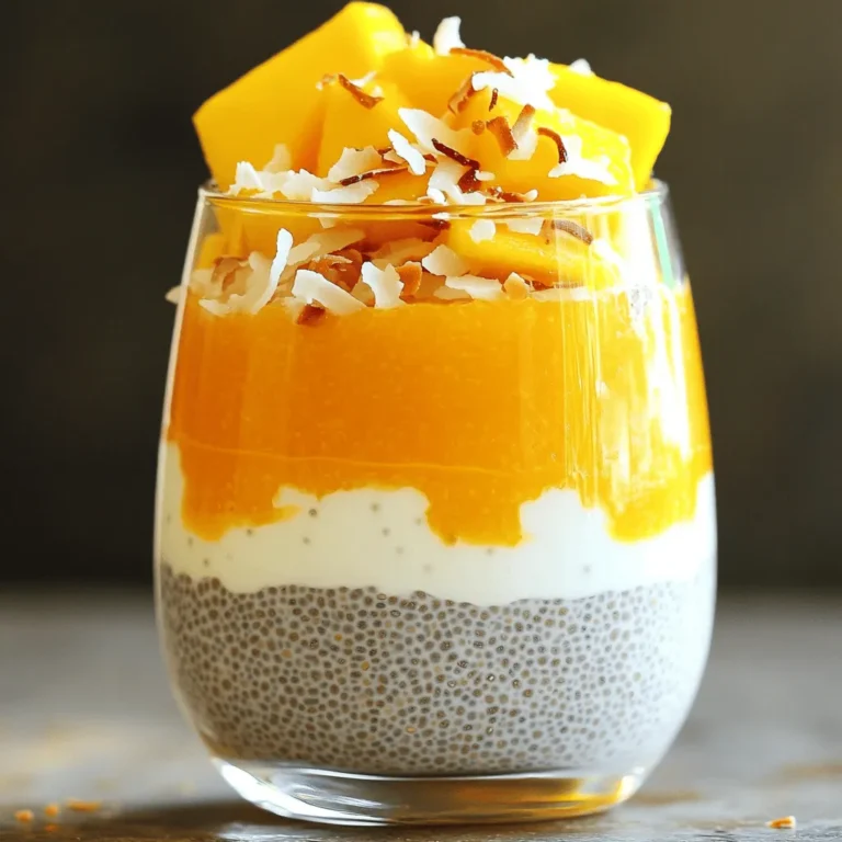 To make this mango coconut chia pudding, you need: - 1 cup coconut milk (canned or unsweetened carton) - 1/2 cup almond milk (or any plant-based milk) - 1/4 cup chia seeds These main ingredients give your pudding a creamy and rich texture. Coconut milk adds a tropical taste. Almond milk keeps it light and smooth. Chia seeds thicken the mix and add a nice crunch. Next, gather your sweeteners: - 2 tablespoons maple syrup (or honey) - 1/2 teaspoon vanilla extract Maple syrup adds a natural sweetness. Honey works well too. Vanilla extract gives a warm flavor that enhances the dish. For a lovely finish, you will need: - 1 ripe mango, pureed - Fresh mango slices and toasted coconut flakes for topping Pureed mango gives a burst of flavor. Fresh slices add a nice touch. Toasted coconut flakes bring crunch and an extra layer of taste. These ingredients make your mango coconut chia pudding a delightful treat. They balance flavors and textures, making it hard to resist! 1. Start by mixing the coconut milk and almond milk in a medium bowl. 2. Stir them until they blend well together. This creates a creamy base for your pudding. 3. Next, add the chia seeds to the milk mixture. 4. Pour in the maple syrup, vanilla extract, and a pinch of salt. 5. Stir vigorously to make sure the chia seeds spread evenly. 1. Allow the mixture to sit for about 5 minutes. This helps the chia seeds begin to absorb the liquid. 2. After 5 minutes, give it another good stir. This breaks up any clumps of chia seeds. 3. Cover the bowl and place it in the fridge. Let it chill for at least 2 hours or overnight. 4. This resting time allows the chia seeds to thicken the pudding nicely. 1. When you are ready to serve, take the pudding out of the fridge. 2. Give it a good stir again. If it seems too thick, add a bit more almond milk. 3. Layer the pudding in serving glasses. Start with a layer of chia pudding. 4. Follow that with a layer of the pureed mango. 5. Repeat the layers until the glasses are full, ending with chia pudding on top. 6. Garnish each serving with fresh mango slices and a sprinkle of toasted coconut flakes. To get the right texture for your mango coconut chia pudding, you might need to adjust with almond milk. If the pudding seems too thick, just stir in a little more almond milk. This helps make it creamy and smooth. Mixing well is key. You want all the chia seeds to spread out evenly. If you skip this step, you may end up with clumps. Using fresh mango gives a bright and sweet taste. If fresh mango is out of season, frozen mango is a great backup. Just thaw it and puree for a tasty addition. You can also play around with sweeteners. Maple syrup is lovely, but honey or agave syrup can work well too. Taste as you go to find your perfect mix. Layering the pudding makes it look extra special. Start with a layer of chia pudding in your glass. Then, add a layer of mango puree. Keep repeating until the glass is full. Finish with chia pudding on top for a nice look. For a fun twist, serve it in bowls and top with fresh mango slices and toasted coconut flakes. This adds color and crunch. {{image_2}} You can change the flavor of your mango coconut chia pudding easily. Adding fruits like berries or bananas can create fun new tastes. Each fruit gives a unique twist to the pudding. For example, strawberries add sweetness, while blueberries add a tart touch. You can also infuse your pudding with spices. A pinch of cinnamon can add warmth, while cardamom provides a lovely floral note. Experimenting with these flavors makes the pudding even more exciting. If you're looking for vegan options, this recipe is already a winner. It uses coconut and almond milk, both plant-based. If you need nut-free adjustments, just swap almond milk for oat or rice milk. This keeps the pudding creamy without nuts. Always check labels to ensure your milk choice fits your needs. This pudding is great for breakfast, dessert, or a snack. You can layer it into breakfast bowls with granola and fresh fruit. This adds crunch and extra flavor. As a dessert, it can stand alone or be paired with a chocolate sauce. You might also serve it in small cups for a fun party treat. It’s versatile and can fit any occasion! You should keep your mango coconut chia pudding in the fridge. Use a clean, airtight container. This helps keep it fresh and tasty. Glass jars or plastic containers work well. Make sure the lid seals tightly to prevent odors from other foods. This pudding lasts about 4 to 5 days in the fridge. After that, the chia seeds may start to lose their texture. Look for signs of spoilage. If you see any mold or if it smells off, throw it away. Always trust your senses when it comes to food safety. You can freeze chia pudding! Just place it in a freezer-safe container. Leave some space at the top because it expands when frozen. To thaw, move it to the fridge overnight. You can also place it in warm water for a quick thaw. Stir well before serving to bring back the creamy texture. Chia pudding is a creamy treat made from chia seeds soaked in liquid. When chia seeds soak, they expand and create a gel-like texture. This pudding is rich in fiber, protein, and omega-3 fatty acids. It helps keep you full and is great for your heart. You can easily flavor it with fruits or sweeteners, making it very versatile. Making Mango Coconut Chia Pudding is quick. It takes about 15 minutes to prep. Then, let it chill for at least 2 hours. If you want a thicker pudding, leave it overnight. This way, the chia seeds soak up all the tasty liquid. Yes, you can make this pudding ahead of time. It tastes even better after sitting in the fridge. Just prepare it a day before and store it in an airtight container. When you are ready to serve, stir it well and add your toppings. This is a great way to have a healthy treat ready when you need it. In this post, I covered how to make delicious Mango Coconut Chia Pudding. We explored the key ingredients, such as coconut and almond milk, chia seeds, and sweeteners. I provided step-by-step instructions, tips for perfecting texture and flavor, and fun variations. Remember, you can store this pudding for up to a week and enjoy it in many ways. With a bit of creativity, you can make this treat your own. Enjoy your pudding adventure!