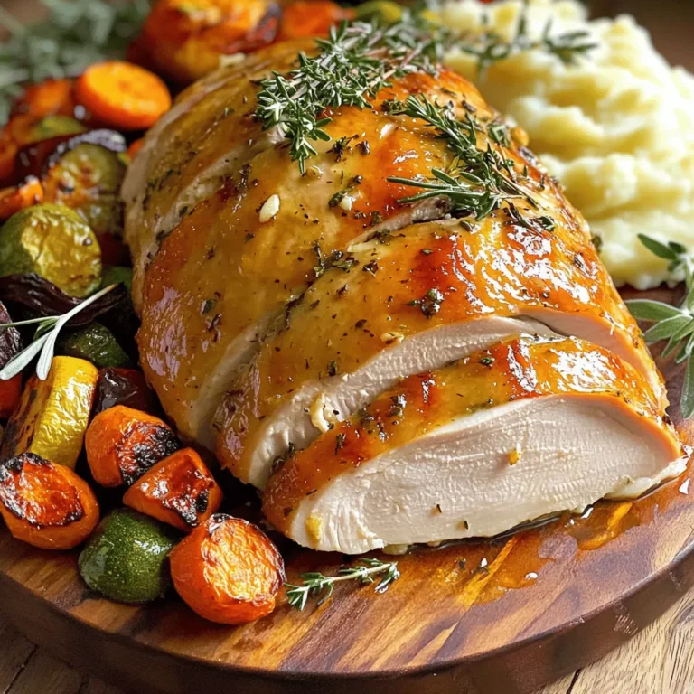 - 1 boneless turkey breast (about 3-4 pounds) - 1/2 cup unsalted butter, softened - 6 cloves garlic, minced - 2 tablespoons fresh rosemary, chopped - 2 tablespoons fresh thyme, chopped - 1 tablespoon fresh parsley, chopped - 1 teaspoon onion powder - 1 teaspoon paprika - Salt and pepper to taste - 1 cup low-sodium chicken broth Fresh ingredients make a big difference. Always choose high-quality butter and fresh herbs. This will elevate the flavor of your turkey breast. Look for a turkey breast that feels firm and has a fresh smell. Avoid any that seem slimy or have an off odor. Fresh garlic also adds more punch than dried garlic. When cooking, temperature matters. Make sure your turkey breast is at room temperature before roasting. This helps it cook evenly. The butter should be softened, not melted. Softened butter spreads easily under the skin. Cold butter can cause uneven cooking. If you take time to prep, you will taste the difference on your plate. First, preheat your oven to 375°F (190°C). This step is key for even cooking. While the oven heats, gather your ingredients. You need a boneless turkey breast, butter, garlic, and fresh herbs. Have onion powder, paprika, salt, and pepper ready too. Make sure to pat the turkey breast dry with paper towels. This helps the skin crisp up nicely. In a small bowl, mix the softened butter with minced garlic, chopped rosemary, thyme, parsley, onion powder, paprika, salt, and pepper. Stir until everything blends well. This is your garlic herb butter, and it gives the turkey loads of flavor. Now it's time to prepare the turkey. Carefully loosen the skin using your fingers. Be gentle to avoid tearing it. Spread half of the garlic herb butter under the skin. This adds flavor directly to the meat. Use the rest of the butter to coat the outside of the skin. Place the turkey breast in a roasting pan. Pour one cup of low-sodium chicken broth into the pan. This keeps the turkey moist while roasting. Roast the turkey for about 1.5 to 2 hours. Make sure the temperature in the thickest part reaches 165°F (74°C). Baste the turkey with the pan juices every 30 minutes. This step adds extra flavor and keeps it juicy. Once the turkey is done, remove it from the oven. Let it rest for at least 15 minutes before slicing. This resting time helps the juices settle. Serve the turkey slices with a drizzle of the pan juices for added flavor. Enjoy your delicious Garlic Herb Butter Roasted Turkey Breast! To make your turkey taste great, fresh herbs are key. Use rosemary, thyme, and parsley. These herbs add good flavor. Garlic also boosts the taste. Mince the garlic well for even coverage. Mix your herbs with butter to create a rich spread. Season with salt and pepper. This simple blend makes a big difference. If you want more kick, add onion powder and paprika. They enhance the flavor without overpowering it. Using the right tools helps you succeed. A large roasting pan is a must. It holds the turkey and catches all the juices. Use a sharp knife for slicing. A meat thermometer ensures the turkey cooks well. It should read 165°F (74°C) in the thickest part. Don’t skip the paper towels. They help dry the turkey skin, leading to crispiness. Finally, a basting brush makes applying juices easy. Basting keeps your turkey juicy and full of flavor. Use a spoon or basting brush. Every 30 minutes, drizzle pan juices over the turkey. This adds moisture and enhances taste. If you run low on juices, add more chicken broth to the pan. This keeps the turkey moist while roasting. Letting the turkey rest after it cooks is also key. It allows juices to settle, making every slice tender and juicy. {{image_2}} You can mix and match herbs in this recipe. Try using sage or oregano. These herbs add their own unique taste. You can also blend dried herbs. Dried herbs like Italian seasoning provide strong flavor. Just remember to use less than fresh herbs, as dried herbs are more potent. You can grill or smoke the turkey breast too. Grilling gives a nice char and smoky flavor. If you choose to smoke, use fruit woods like apple or cherry for sweetness. Both methods create a juicy turkey with a crispy skin. Adjust cooking time based on the method you choose. Want to spice things up? Add crushed red pepper flakes for heat. A splash of lemon juice adds brightness. You can also try maple syrup for a sweet touch. Mixing in some Dijon mustard can provide a tangy kick. These simple additions make the turkey unique and fun. Store your leftover turkey breast in an airtight container. Make sure it cools down first. I like to slice it for easier storage. Place the slices in a single layer if you can. This helps keep it fresh. You can also wrap it tightly in plastic wrap or foil. Keep it in the fridge for up to four days. Reheat your turkey breast gently to keep it juicy. Preheat your oven to 325°F (160°C). Place the turkey in a baking dish and add a splash of chicken broth. Cover it with foil to trap moisture. Heat for about 20 to 30 minutes. You want it warm, not dried out. Check the internal temperature; it should reach 165°F (74°C). Freezing is a great way to keep your turkey for longer. Wrap the cooled turkey breast tightly in plastic wrap. Then, place it in a freezer bag or container. Squeeze out any air to avoid freezer burn. Label it with the date. You can freeze it for up to three months. When you want to eat it, thaw it in the fridge overnight. Reheat as mentioned above. You should cook a turkey breast for about 20 minutes per pound. For a 3-4 pound turkey breast, aim for 1.5 to 2 hours. Always check the internal temperature. It should reach 165°F (74°C) in the thickest part. This ensures it is safe to eat and juicy. Yes, you can use a frozen turkey breast. Just remember to thaw it first. The best way to thaw is in the fridge. It can take 24 hours for every 5 pounds. Patience is key here. Cooking it from frozen is not recommended. It may not cook evenly. Garlic Herb Butter Roasted Turkey Breast pairs well with many sides. Here are some tasty options: - Roasted vegetables - Creamy mashed potatoes - Green bean almondine - Cranberry sauce - Stuffing - Gravy These sides enhance the flavors of the turkey and create a festive meal. Enjoy mixing and matching! To sum up, cooking a Garlic Herb Butter Roasted Turkey Breast involves simple steps. You need fresh ingredients, proper temperatures, and careful roasting. Each tip and trick enhances the flavor, making your turkey juicy and tasty. Remember, there are variations to suit your tastes. Whether you store leftovers or try new sides, enjoy your cooking journey! Happy roasting!