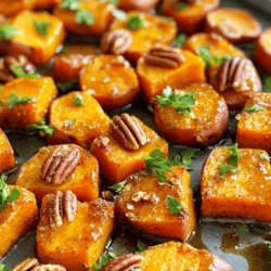 - 4 medium sweet potatoes, peeled and cubed - 1/4 cup pure maple syrup - 2 tablespoons olive oil - 1 teaspoon ground cinnamon - 1/2 teaspoon ground nutmeg - 1/4 teaspoon salt - 1/4 teaspoon black pepper - 1/4 cup chopped pecans (optional) - Fresh parsley for garnish (optional) Sweet potatoes are the star here. They are sweet and creamy. Maple syrup adds extra sweetness. Olive oil helps them roast perfectly. Cinnamon and nutmeg bring warmth and spice. Salt and black pepper balance the flavors. I sometimes add pecans for a crunchy twist. They give a nice texture. Fresh parsley is a great touch. It adds color and freshness. - Alternatives for maple syrup: You can use honey or agave syrup. They will change the flavor slightly but still taste great. - Types of oils for roasting: You can swap olive oil for coconut or avocado oil. Each adds a unique flavor. - Spice variations: Try adding ginger or cloves for extra warmth. They complement the sweet potatoes well. These substitutions can help you adjust the recipe to your taste. You can mix and match to find your favorite flavor! - Preheat your oven to 400°F (200°C). - In a large bowl, combine the cubed sweet potatoes, maple syrup, olive oil, ground cinnamon, nutmeg, salt, and black pepper. Toss well until the sweet potatoes are coated. - Spread the sweet potato mix onto a large baking sheet. Make sure they are in a single layer to roast evenly. - Roast in the oven for 25-30 minutes. Stir halfway through to ensure they cook well. They are done when tender and caramelized. - If you want, sprinkle chopped pecans over the sweet potatoes in the last 5 minutes of roasting. This adds a nice crunch and flavor. - Once done, take the baking sheet out of the oven. Let the sweet potatoes cool slightly. You can garnish with fresh parsley for color and taste. Serve them warm and enjoy! - Overcrowding the baking sheet: When making maple cinnamon roasted sweet potatoes, space matters. If you crowd the sweet potatoes on the baking sheet, they will steam instead of roast. This means they won’t become crispy or caramelized. Give them room to breathe. - Under-seasoning the sweet potatoes: Sweet potatoes taste best when they are seasoned well. Use enough maple syrup, cinnamon, and spices. A little salt and pepper can enhance the sweet flavor. Don’t be shy with your seasonings! - Roasting techniques for caramelization: To get that perfect caramelized flavor, roast your sweet potatoes at a high heat. The ideal temperature is 400°F (200°C). This helps create a nice golden color and brings out their natural sweetness. - Enhancing sweetness naturally: Maple syrup is a great sweetener. It adds depth and flavor. If you want more sweetness, consider adding a touch of brown sugar or honey. They will blend well with the maple syrup. - Pairing ideas with main dishes: Maple cinnamon roasted sweet potatoes pair well with many dishes. They are great with grilled chicken, pork, or even as a side for roasted turkey. Their sweet flavor balances savory meats nicely. - Serving it as part of a holiday meal: These roasted sweet potatoes shine during holiday meals. They add color and flavor to your table. Serve them with a sprinkle of chopped pecans and parsley for a festive touch. {{image_2}} You can add more flavor to your maple cinnamon roasted sweet potatoes. Try using ginger for a spicy kick. Cloves also add warmth and depth. Just a pinch can change the taste. Adding citrus zest, like orange, brightens the dish. It gives a fresh twist that pairs well with maple. You can cut sweet potatoes into cubes or wedges. Cubes roast quickly and get crispy. Wedges are thicker and offer a different texture. If you want to try mashed sweet potatoes, cook them until soft. Then, mash them with maple syrup and cinnamon. This creamy version is sweet and comforting. These sweet potatoes fit many diets. They are naturally vegan, so everyone can enjoy them. If you need gluten-free options, this recipe fits perfectly. Just ensure all your ingredients are gluten-free. You can still enjoy the great taste without worry! To store your maple cinnamon roasted sweet potatoes, let them cool first. Place them in a shallow container. Use airtight storage containers to keep them fresh. Keep your leftovers in the fridge for up to five days. If you want to store them longer, freezing is a great option. When you reheat sweet potatoes, you want to keep their texture. The best way is to use an oven. Preheat your oven to 350°F (175°C). Spread the sweet potatoes on a baking sheet. Heat for about 10-15 minutes until warm. You can also use a microwave, but it can make them soggy. If you freeze them, let them thaw in the fridge overnight before reheating. This way, they stay tasty and delicious. Roasted sweet potatoes can last for about 3 to 5 days in the fridge. Store them in an airtight container for best results. If you want to keep them longer, freeze them. They will stay good for about 3 months in the freezer. Yes, you can use yams instead of sweet potatoes. However, yams have a different taste and texture. They tend to be starchier and drier. Sweet potatoes are sweeter and creamier, which works well with maple and cinnamon. Maple cinnamon roasted sweet potatoes pair well with many dishes. Here are a few ideas: - Grilled chicken - Pork chops - Quinoa salad - Green beans - A fresh spinach salad These combinations create a balanced meal with flavors that complement each other. Sweet potatoes are done when they are tender and caramelized. You can check by poking them with a fork. If it goes in easily, they are ready. Look for a nice golden color on the outside. This means the flavors have developed well. This blog post shared a simple way to make maple cinnamon roasted sweet potatoes. You learned about the main ingredients, step-by-step cooking instructions, and tips for the best taste. We explored different variations, dietary options, and how to store leftovers. Now, you can enjoy a tasty dish that fits any meal or occasion. Experiment with flavors and enjoy sweet potatoes in new ways. Happy cooking!