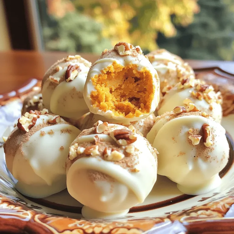 To make these delightful white chocolate pumpkin truffles, gather the following ingredients: - 1 cup pumpkin puree - 1 cup graham cracker crumbs - 1/2 teaspoon cinnamon - 1/4 teaspoon nutmeg - 1/4 teaspoon ginger - 1/2 cup powdered sugar - 8 ounces white chocolate, chopped - 1 tablespoon coconut oil - 1/4 cup crushed pecans or walnuts (for rolling) Each ingredient plays a key role in building flavor and texture. Pumpkin puree gives the truffles their rich, moist base. Graham cracker crumbs add a nice crunch and sweetness. The spices—cinnamon, nutmeg, and ginger—bring warmth and depth. The powdered sugar sweetens the mix, while white chocolate and coconut oil create a smooth coating. Finally, crushed nuts for rolling add a crunchy finish. This blend of ingredients makes each bite a true treat! To begin, grab a large mixing bowl. Next, combine the pumpkin puree, graham cracker crumbs, cinnamon, nutmeg, ginger, and powdered sugar. Mix until smooth. It should feel like dough. This blend gives the truffles their rich flavor and texture. Chilling the dough is key for a perfect truffle. It makes the mixture firm and easy to shape. I recommend covering the bowl and refrigerating it for 20 to 30 minutes. This step helps the flavors meld and sets the stage for shaping. Once chilled, scoop out small portions of the dough. Roll them into balls, about one inch in size. Place these on a parchment-lined baking sheet. Now, let’s melt the white chocolate. In a microwave-safe bowl, mix the chopped white chocolate and coconut oil. Heat it in 30-second bursts, stirring in between. Stop when it’s smooth and melted. Next, dip each truffle into the melted white chocolate. Make sure every side is coated. Use a fork to lift them out, letting excess chocolate drip off. Immediately roll the dipped truffles in crushed pecans or walnuts. This adds a nice crunch. Place the coated truffles back on the baking sheet. Finally, refrigerate them for at least one hour. This helps the chocolate set. After that, they are ready to serve and enjoy! To get the right texture, chill the dough well. After mixing your ingredients, cover the bowl and refrigerate for 20-30 minutes. This helps the truffle mixture firm up. When you scoop the dough, it should hold its shape. If it’s too soft, chill it longer. Dipping can be messy, but there are ways to make it easier. Use a fork to lift the truffles from the melted chocolate. Let the excess chocolate drip off before rolling in nuts. This keeps the coating neat and tidy. You can boost the flavor of your truffles by adding spices. A pinch of allspice or cloves can give them a warm kick. Experiment with your favorite spices, but don’t overdo it. You want the pumpkin flavor to shine. For rolling, try different nuts. Pecans and walnuts work great, but almonds or hazelnuts are tasty too. Chop them finely for a better coating. It adds crunch and a nice contrast to the creamy truffle. When serving, think outside the box. Arrange the truffles in a colorful bowl or on a pretty plate. Drizzle some melted white chocolate on top for a fancy touch. This makes them look amazing and adds extra flavor. For gifting, use decorative packaging. Place the truffles in a small box with a clear lid. You can tie it with a ribbon for a special look. This makes a lovely gift for friends and family, especially during the fall season. {{image_2}} You can switch up the chocolate for your truffles. Try dark chocolate or milk chocolate for a new taste. Dark chocolate gives a rich flavor, while milk chocolate adds sweetness. You can also infuse your white chocolate with flavors. Adding orange zest or peppermint extract can give your truffles a unique twist. Think beyond nuts! You can add dried fruits or shredded coconut to the truffle mix. Dried cranberries or raisins will add a chewy texture. If you prefer a crunch, swap out the nuts for seeds. Sunflower seeds or pumpkin seeds work great and keep the truffles nut-free. You can make your truffles fit the season. For Halloween, add spooky sprinkles or use orange and black chocolate. At Christmas, mix in crushed candy canes or cinnamon. These truffles make great gifts too! Present them in a festive box to share the joy of the season. To keep your white chocolate pumpkin truffles fresh, store them in the fridge. Place them in a sealed container. This will help maintain their creamy texture and flavor. You can enjoy them cold or let them sit at room temperature for a few minutes before eating. If you want to keep them longer, freeze the truffles. To do this, place them on a baking sheet and freeze until solid. After that, transfer them into a freezer-safe bag. They will last for about three months in the freezer. Just remember to let them thaw in the fridge before serving. How long do truffles last? In the fridge, these truffles will stay good for about one week. If you freeze them, they can last up to three months. Watch for signs of spoilage. If the truffles start to smell off or the chocolate looks dull, it's time to toss them. Always trust your senses when it comes to food safety. Yes, you can use fresh pumpkin. Fresh pumpkin can taste great, but it needs more work. You must cook and puree it first. This takes time and effort. Canned pumpkin is easy and saves time. It is also smooth and ready to use. Both options have their pros and cons. Choose fresh for flavor, but choose canned for ease. To make these truffles vegan, swap out a few ingredients. Use vegan white chocolate instead of regular white chocolate. You can also replace the coconut oil with a plant-based option. Lastly, check your powdered sugar. Some brands use bone char in the processing. Use a vegan-certified brand to ensure it fits your needs. Yes, you can make these truffles ahead of time. You can prepare the mixture a day in advance and chill it. Store it in the fridge in an airtight container. After rolling the truffles, they can also stay in the fridge for a few days. Just remember to keep them in a sealed container to stay fresh. These pumpkin truffles are easy to make and fun to enjoy. You learned about the key ingredients, like pumpkin puree and spices. The steps to create them, from mixing to rolling, ensure delicious results. I shared tips for a perfect texture and ideas for fun variations. Store them well, and they’ll last! Remember, you can be creative with flavors and presentations. Enjoy making these treats any time of year. With just a few steps, you can impress others with your baking skills. Dive in and have fun creating your truffles!